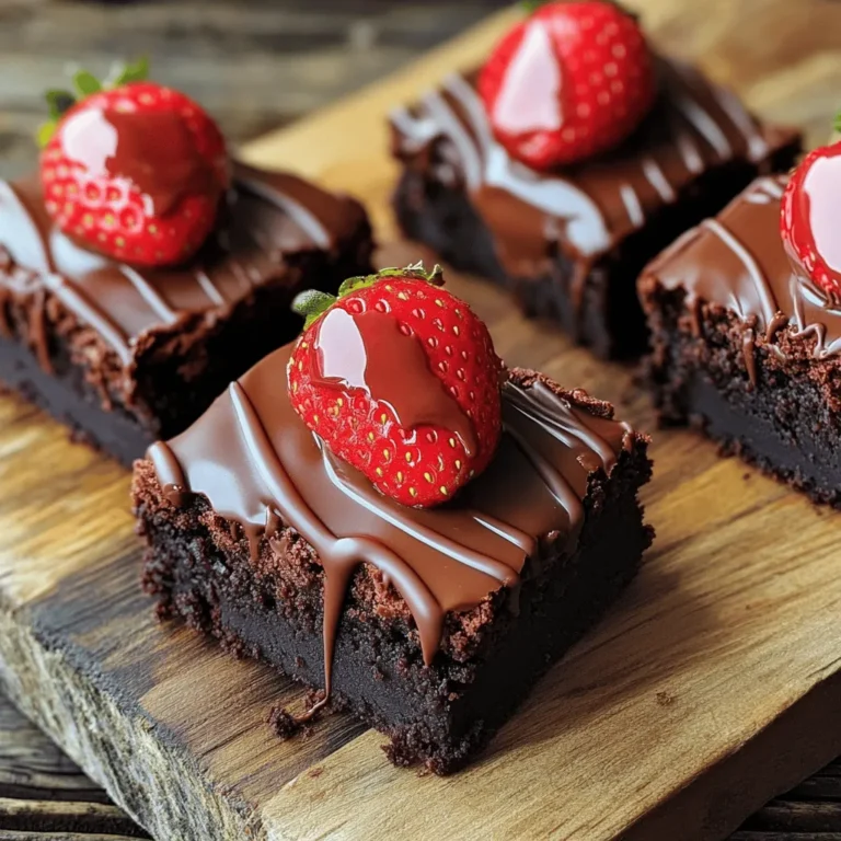 To make these brownies, you need a few key ingredients: - 1 cup unsalted butter, melted - 2 cups granulated sugar - 1 teaspoon vanilla extract - 4 large eggs - 1 cup all-purpose flour - 1 cup unsweetened cocoa powder - 1/2 teaspoon baking powder - 1/4 teaspoon salt - 1 cup fresh strawberries, hulled and halved - 1 cup semi-sweet chocolate chips - 2 tablespoons coconut oil (for dipping) These ingredients create a rich base for the brownies. The butter gives moisture, while granulated sugar adds sweetness. Vanilla extract brings warmth and depth to the flavor. Eggs help bind everything together, making the brownies nice and fudgy. The cocoa powder is what makes them chocolatey and delicious. You can add some optional ingredients to boost the flavor: - Chopped nuts (like walnuts or pecans) - A pinch of espresso powder - Sea salt flakes for topping Nuts add texture and crunch. Espresso powder enhances the chocolate flavor without making it taste like coffee. Sea salt flakes on top create a nice contrast with the sweetness. When selecting strawberries, look for: - Bright red color - Firm texture - Fresh green leaves Fresh strawberries make a big difference. Choose berries that smell sweet and feel firm. Avoid any with soft spots or dark patches. This ensures you get the best flavor for your brownies. Start by preheating your oven to 350°F (175°C). Grease a 9x13 inch baking dish. In a large bowl, whisk together 1 cup of melted unsalted butter and 2 cups of granulated sugar. Mix until smooth. Next, add 1 teaspoon of vanilla extract and 4 large eggs, one at a time. Make sure to mix well after each addition. In another bowl, sift together 1 cup of all-purpose flour, 1 cup of unsweetened cocoa powder, 1/2 teaspoon of baking powder, and 1/4 teaspoon of salt. Gradually add this dry mix to your wet ingredients, stirring until just combined. Now, gently fold in 1 cup of hulled and halved fresh strawberries. This step adds a burst of flavor to your brownies. Pour the brownie batter into the prepared baking dish. Spread it out evenly to ensure even baking. Slide it into the oven and bake for 25 to 30 minutes. To check if they are done, insert a toothpick into the center. It should come out with a few moist crumbs. Once they are baked, let the brownies cool completely in the pan on a wire rack. This cooling time is key for firm brownies that hold their shape. After your brownies cool, it’s time to melt the chocolate. In a microwave-safe bowl, combine 1 cup of semi-sweet chocolate chips and 2 tablespoons of coconut oil. Heat in 30-second intervals, stirring until smooth. Dip each halved strawberry into the melted chocolate. Let any excess chocolate drip off. Then, place the dipped strawberries on a parchment-lined tray. Once done, arrange the chocolate-covered strawberries onto the cooled brownies, pressing them slightly into the surface. To set the chocolate, let them sit at room temperature for about 30 minutes or refrigerate for quicker results. Enjoy this delightful treat! To make brownies moist and fudgy, use the right ratio of butter and sugar. The melted butter brings richness. The sugar adds sweetness and moisture. Do not overmix the batter. Mix just until combined to keep air out. This helps the brownies stay dense and rich. Also, bake them just until a toothpick shows a few moist crumbs. Overbaking makes them dry. Melt chocolate slowly for the best results. I recommend using a microwave-safe bowl. Heat the chocolate chips and coconut oil in 30-second bursts. Stir in between each burst. This helps prevent burning. When the chocolate looks shiny and smooth, it's ready. Be patient! If you rush, you might end up with a lumpy mess. For special occasions, presentation is key. Cut the brownies into equal squares. Place them on a nice platter. Drizzle extra melted chocolate on top for flair. Add whole strawberries around the brownies for color. You can also use edible flowers for a touch of elegance. These simple tricks will impress your guests and make your treats more inviting. {{image_2}} You can easily swap ingredients in this recipe. If you want gluten-free brownies, use almond flour instead of all-purpose flour. This gives a nutty taste and works well with chocolate. For a dairy-free option, replace unsalted butter with coconut oil or a vegan butter substitute. You can also use flax eggs instead of regular eggs. Just mix 1 tablespoon of ground flaxseed with 2.5 tablespoons of water for each egg. This makes a great binder for your brownies. Toppings can change the game for these brownies. Instead of strawberries, try raspberries or blueberries. Their tartness goes great with chocolate. You can also sprinkle crushed nuts on top for crunch. Chopped pecans or walnuts add a nice texture. For a sweeter twist, use marshmallows or caramel drizzle. These toppings add fun flavors and textures. Mixing in other fruits can make these brownies unique. Bananas can add moisture and a rich taste. Just mash one ripe banana and fold it into the batter. You can also use peaches or cherries. Their sweetness pairs well with chocolate. For a tropical flavor, think about adding pineapple chunks. This combination creates a fun twist that surprises your taste buds. To keep your brownies fresh, store them in an airtight container. Place a layer of parchment paper between the brownies and the lid. This helps them breathe and prevents them from getting soggy. You can leave them at room temperature for up to three days. If you want them to last longer, refrigerate them. They will stay fresh for about a week in the fridge. You can also freeze these brownies for later enjoyment. First, let the brownies cool completely. Then, cut them into squares. Wrap each square tightly in plastic wrap. Place the wrapped brownies in a freezer-safe bag or container. They can last for up to three months in the freezer. When you’re ready to eat them, just take out what you need. To enjoy your brownies warm, preheat your oven to 350°F (175°C). Place the brownies on a baking sheet and cover them with foil. Heat for about 10-15 minutes. This warms them without drying them out. You can also microwave a single square. Heat it for about 10-15 seconds, checking to make sure it doesn’t melt too much. Enjoy your delicious chocolate dipped strawberry brownies warm! Yes, you can make these brownies ahead of time. Just bake them and let them cool. Once cool, wrap them tightly in plastic wrap. Store them in an airtight container at room temperature for up to three days. For longer storage, freeze the brownies. Wrap them well and place them in a freezer bag. They can last up to three months in the freezer. When you are ready to enjoy, just thaw them at room temperature. To cut brownies nicely, first, let them cool completely. This helps them hold their shape. Use a sharp knife for clean cuts. You can warm the knife under hot water and wipe it dry. This helps create neat edges. Cut the brownies into squares or rectangles. Arrange them on a platter for a lovely display. Drizzling melted chocolate on top adds a nice touch as well. To prevent the chocolate from cracking, use good quality chocolate chips. Mix in a little coconut oil as it helps to keep the chocolate smooth. When melting the chocolate, do it slowly in short bursts in the microwave. Stir often to keep it smooth. Once you dip the strawberries, let them set at room temperature. If you chill them too fast, the chocolate may crack. These chocolate dipped strawberry brownies are a fun treat. We covered key ingredients, baking steps, and tips for the best flavor. Remember to choose ripe strawberries and melt chocolate carefully. You can modify the recipe for dietary needs or add different toppings. Store leftovers properly for the best taste. With these tips, you can impress guests at any event or enjoy a sweet snack. Have fun making these delicious brownies!