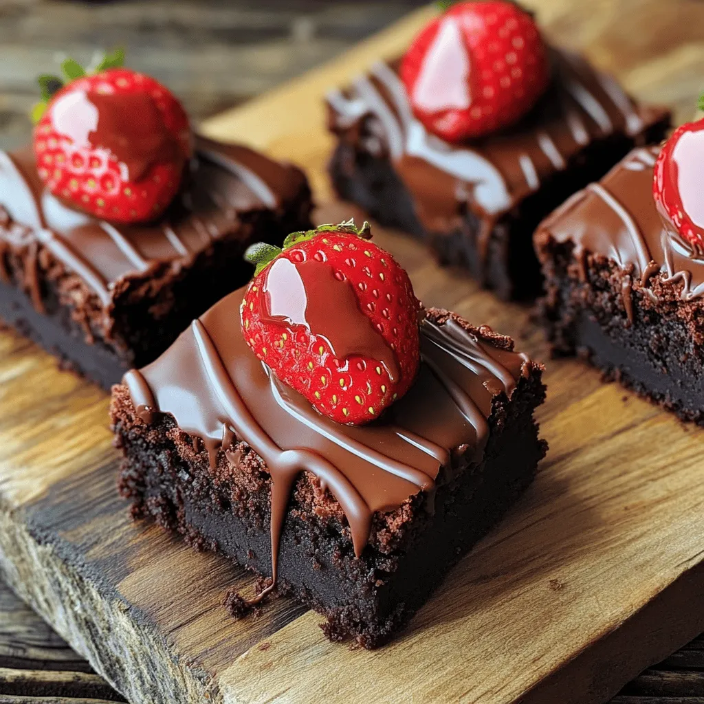 To make these brownies, you need a few key ingredients: - 1 cup unsalted butter, melted - 2 cups granulated sugar - 1 teaspoon vanilla extract - 4 large eggs - 1 cup all-purpose flour - 1 cup unsweetened cocoa powder - 1/2 teaspoon baking powder - 1/4 teaspoon salt - 1 cup fresh strawberries, hulled and halved - 1 cup semi-sweet chocolate chips - 2 tablespoons coconut oil (for dipping) These ingredients create a rich base for the brownies. The butter gives moisture, while granulated sugar adds sweetness. Vanilla extract brings warmth and depth to the flavor. Eggs help bind everything together, making the brownies nice and fudgy. The cocoa powder is what makes them chocolatey and delicious. You can add some optional ingredients to boost the flavor: - Chopped nuts (like walnuts or pecans) - A pinch of espresso powder - Sea salt flakes for topping Nuts add texture and crunch. Espresso powder enhances the chocolate flavor without making it taste like coffee. Sea salt flakes on top create a nice contrast with the sweetness. When selecting strawberries, look for: - Bright red color - Firm texture - Fresh green leaves Fresh strawberries make a big difference. Choose berries that smell sweet and feel firm. Avoid any with soft spots or dark patches. This ensures you get the best flavor for your brownies. Start by preheating your oven to 350°F (175°C). Grease a 9x13 inch baking dish. In a large bowl, whisk together 1 cup of melted unsalted butter and 2 cups of granulated sugar. Mix until smooth. Next, add 1 teaspoon of vanilla extract and 4 large eggs, one at a time. Make sure to mix well after each addition. In another bowl, sift together 1 cup of all-purpose flour, 1 cup of unsweetened cocoa powder, 1/2 teaspoon of baking powder, and 1/4 teaspoon of salt. Gradually add this dry mix to your wet ingredients, stirring until just combined. Now, gently fold in 1 cup of hulled and halved fresh strawberries. This step adds a burst of flavor to your brownies. Pour the brownie batter into the prepared baking dish. Spread it out evenly to ensure even baking. Slide it into the oven and bake for 25 to 30 minutes. To check if they are done, insert a toothpick into the center. It should come out with a few moist crumbs. Once they are baked, let the brownies cool completely in the pan on a wire rack. This cooling time is key for firm brownies that hold their shape. After your brownies cool, it’s time to melt the chocolate. In a microwave-safe bowl, combine 1 cup of semi-sweet chocolate chips and 2 tablespoons of coconut oil. Heat in 30-second intervals, stirring until smooth. Dip each halved strawberry into the melted chocolate. Let any excess chocolate drip off. Then, place the dipped strawberries on a parchment-lined tray. Once done, arrange the chocolate-covered strawberries onto the cooled brownies, pressing them slightly into the surface. To set the chocolate, let them sit at room temperature for about 30 minutes or refrigerate for quicker results. Enjoy this delightful treat! To make brownies moist and fudgy, use the right ratio of butter and sugar. The melted butter brings richness. The sugar adds sweetness and moisture. Do not overmix the batter. Mix just until combined to keep air out. This helps the brownies stay dense and rich. Also, bake them just until a toothpick shows a few moist crumbs. Overbaking makes them dry. Melt chocolate slowly for the best results. I recommend using a microwave-safe bowl. Heat the chocolate chips and coconut oil in 30-second bursts. Stir in between each burst. This helps prevent burning. When the chocolate looks shiny and smooth, it's ready. Be patient! If you rush, you might end up with a lumpy mess. For special occasions, presentation is key. Cut the brownies into equal squares. Place them on a nice platter. Drizzle extra melted chocolate on top for flair. Add whole strawberries around the brownies for color. You can also use edible flowers for a touch of elegance. These simple tricks will impress your guests and make your treats more inviting. {{image_2}} You can easily swap ingredients in this recipe. If you want gluten-free brownies, use almond flour instead of all-purpose flour. This gives a nutty taste and works well with chocolate. For a dairy-free option, replace unsalted butter with coconut oil or a vegan butter substitute. You can also use flax eggs instead of regular eggs. Just mix 1 tablespoon of ground flaxseed with 2.5 tablespoons of water for each egg. This makes a great binder for your brownies. Toppings can change the game for these brownies. Instead of strawberries, try raspberries or blueberries. Their tartness goes great with chocolate. You can also sprinkle crushed nuts on top for crunch. Chopped pecans or walnuts add a nice texture. For a sweeter twist, use marshmallows or caramel drizzle. These toppings add fun flavors and textures. Mixing in other fruits can make these brownies unique. Bananas can add moisture and a rich taste. Just mash one ripe banana and fold it into the batter. You can also use peaches or cherries. Their sweetness pairs well with chocolate. For a tropical flavor, think about adding pineapple chunks. This combination creates a fun twist that surprises your taste buds. To keep your brownies fresh, store them in an airtight container. Place a layer of parchment paper between the brownies and the lid. This helps them breathe and prevents them from getting soggy. You can leave them at room temperature for up to three days. If you want them to last longer, refrigerate them. They will stay fresh for about a week in the fridge. You can also freeze these brownies for later enjoyment. First, let the brownies cool completely. Then, cut them into squares. Wrap each square tightly in plastic wrap. Place the wrapped brownies in a freezer-safe bag or container. They can last for up to three months in the freezer. When you’re ready to eat them, just take out what you need. To enjoy your brownies warm, preheat your oven to 350°F (175°C). Place the brownies on a baking sheet and cover them with foil. Heat for about 10-15 minutes. This warms them without drying them out. You can also microwave a single square. Heat it for about 10-15 seconds, checking to make sure it doesn’t melt too much. Enjoy your delicious chocolate dipped strawberry brownies warm! Yes, you can make these brownies ahead of time. Just bake them and let them cool. Once cool, wrap them tightly in plastic wrap. Store them in an airtight container at room temperature for up to three days. For longer storage, freeze the brownies. Wrap them well and place them in a freezer bag. They can last up to three months in the freezer. When you are ready to enjoy, just thaw them at room temperature. To cut brownies nicely, first, let them cool completely. This helps them hold their shape. Use a sharp knife for clean cuts. You can warm the knife under hot water and wipe it dry. This helps create neat edges. Cut the brownies into squares or rectangles. Arrange them on a platter for a lovely display. Drizzling melted chocolate on top adds a nice touch as well. To prevent the chocolate from cracking, use good quality chocolate chips. Mix in a little coconut oil as it helps to keep the chocolate smooth. When melting the chocolate, do it slowly in short bursts in the microwave. Stir often to keep it smooth. Once you dip the strawberries, let them set at room temperature. If you chill them too fast, the chocolate may crack. These chocolate dipped strawberry brownies are a fun treat. We covered key ingredients, baking steps, and tips for the best flavor. Remember to choose ripe strawberries and melt chocolate carefully. You can modify the recipe for dietary needs or add different toppings. Store leftovers properly for the best taste. With these tips, you can impress guests at any event or enjoy a sweet snack. Have fun making these delicious brownies!
