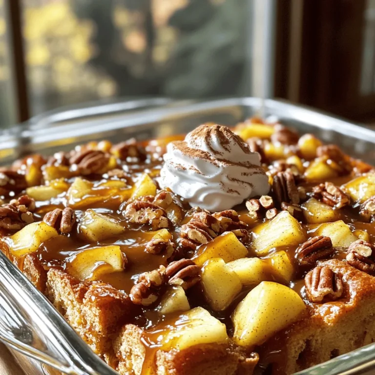 - 6 cups day-old bread (such as challah or brioche), cubed - 4 medium-sized apples, peeled, cored, and diced - 1 cup pecans, roughly chopped - 3 cups milk - 4 large eggs - 1 cup brown sugar - 1 teaspoon vanilla extract - 1 teaspoon ground cinnamon - 1/4 teaspoon nutmeg - 1 cup caramel sauce (store-bought or homemade) - Pinch of salt When I make this dish, I use 6 cups of day-old bread. Bread like challah or brioche works best. These types soak up the custard well. I cut the bread into small cubes for even baking. For the apples, I prefer medium-sized ones. I peel, core, and dice them into small pieces. This makes sure they blend into the mixture nicely. I chop 1 cup of pecans roughly to add a nice crunch. For the custard, I mix 3 cups of milk with 4 large eggs. I add 1 cup of brown sugar for sweetness. The vanilla extract gives it a warm flavor. I also add 1 teaspoon of ground cinnamon and a pinch of nutmeg for spice. A pinch of salt balances the sweetness. If you need to swap ingredients, you can use different types of bread. White bread or sourdough can work too. For apples, use any tart variety like Granny Smith. If you want a nut-free version, just leave out the pecans. You can use almond milk instead of cow's milk for a dairy-free option. For the caramel sauce, you can make your own or use store-bought, depending on what you have. Start by preheating your oven to 350°F (175°C). This ensures even cooking. While the oven warms, grab a deep 9x13-inch baking dish. Grease it well with butter or cooking spray. This helps the pudding not stick when you serve it later. In a large mixing bowl, add 6 cups of cubed day-old bread. I like using challah or brioche for extra flavor. Next, peel, core, and dice 4 medium-sized apples. Toss them into the bowl with the bread. Then, add 1 cup of roughly chopped pecans. Stir everything together gently. Make sure the bread, apples, and pecans mix well. In a separate bowl, whisk together 3 cups of milk, 4 large eggs, and 1 cup of brown sugar. Add 1 teaspoon of vanilla extract, 1 teaspoon of ground cinnamon, and 1/4 teaspoon of nutmeg. Don’t forget a pinch of salt! Mix until smooth. This custard will soak into your bread and give it flavor. Pour the custard mixture over the bread mix. Use a spatula to fold it gently. Let it sit for 15-20 minutes. This helps the bread soak up the custard. After that, transfer the mixture to the greased baking dish. Spread it out evenly. Now, drizzle half of the 1 cup of caramel sauce on top. Bake in the preheated oven for 45-50 minutes. You want the top to turn golden brown. Check if it's done by inserting a toothpick into the center. If it comes out clean, it's ready! Once baked, remove the dish from the oven. Let it sit for about 10 minutes to cool. This makes it easier to serve. When ready, cut into squares and serve warm. Drizzle the remaining caramel sauce over the top for that sweet touch. Enjoy your delicious creation! Use day-old bread for the best results. I love challah or brioche for this dish. They soak up the custard well, giving a rich flavor. Fresh bread can be too soft and mushy. If you only have fresh bread, dry it out slightly in the oven first. Cut it into cubes and let it sit out for a few hours. This will help it hold its shape when baked. To get the right texture, let the bread soak in the custard mix. I recommend about 15 to 20 minutes. This time allows the bread to absorb the flavors. Be gentle when mixing, so you don’t break up the bread too much. Bake until the top is golden brown, and a toothpick comes out clean. This tells you the pudding is set but still moist. Serve this dish warm for the best taste. I like to drizzle extra caramel sauce on top. A dollop of whipped cream adds a nice touch. For a beautiful look, sprinkle some chopped pecans and a dash of cinnamon on each plate. This makes your dessert not only tasty but also visually appealing. {{image_2}} You can switch up the nuts in this recipe. Almonds and walnuts work great. They add a nice crunch and flavor. If you like a sweeter touch, try using hazelnuts. They pair well with the apples and caramel. Just chop them roughly, like you do with pecans. Mixing different nuts can give your pudding a fun twist. Want to boost the flavor? You can add raisins or dried cranberries for a fruity kick. A splash of maple syrup can also enhance the sweetness. For a fun twist, try adding chocolate chips. They melt and create pockets of gooey goodness. You can also sprinkle in some orange zest. It brightens up the dish and adds a fresh taste. Get creative and find your favorite mix-ins! If you're gluten-free, use gluten-free bread. There are many options available now. For a dairy-free version, swap milk with almond or oat milk. You can also use a dairy-free caramel sauce. Check labels to ensure they fit your needs. This way, everyone can enjoy this delicious dessert without worry. To keep your caramel apple pecan sticky bread pudding fresh, place it in a tight container. Make sure it cools to room temp before sealing it. This helps prevent moisture loss. Store it in the fridge for up to three days. If you want to keep it longer, freezing is a great option. Reheat your bread pudding in the oven for best results. Preheat the oven to 350°F (175°C). Place the pudding in a baking dish and cover it with foil. Heat for about 15-20 minutes. You can also use the microwave. Heat individual portions for 30-60 seconds. Drizzle a bit of caramel sauce before serving for extra flavor. To freeze, cut the pudding into portions. Wrap each piece in plastic wrap, then place in a freezer bag. Label the bag with the date. You can freeze it for up to three months. To thaw, move it to the fridge overnight. Reheat as mentioned above. This method keeps the taste and texture intact. Enjoy your delicious treat anytime! No, you should not use fresh apples. Day-old bread helps soak up the custard well. Fresh bread can make the pudding too soggy. The texture will not be as nice. For best results, stick to day-old bread like challah or brioche. You can keep leftover bread pudding for about three to four days. Store it in the fridge in an airtight container. Make sure it cools down before you seal it. This keeps it fresh and tasty for when you want more. You can use store-bought caramel sauce for ease. Look for a brand with real ingredients. If you prefer, you can make your own caramel sauce. Homemade gives a rich flavor and can be a fun project! Yes, you can prepare this dish ahead of time. Assemble the pudding and cover it tightly. Keep it in the fridge for up to a day before baking. This helps the flavors meld together. Bake it right before serving for the best taste. You know the pudding is done when the top is golden brown. A toothpick inserted should come out clean. If it comes out with wet batter, bake it a bit longer. Letting it sit for ten minutes helps it set and makes serving easier. This blog covered how to make a delicious bread pudding with apples and pecans. You learned about the key ingredients, step-by-step instructions, and helpful tips. We also explored fun variations and how to store leftovers. Remember, great cooking comes from some practice and a little exploration. Use this guide to create your own tasty dishes. Enjoy the process, and share your outcomes with friends and family. Happy baking!