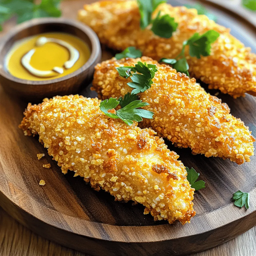 - Chicken Tenders - Cornflakes - All-Purpose Flour - Eggs - Seasoning Ingredients - Chicken Tenders: 1 lb (450g) - Cornflakes: 1 cup, crushed - All-Purpose Flour: 1/2 cup - Eggs: 2 large - Seasoning Ingredients: - 1 teaspoon garlic powder - 1 teaspoon onion powder - 1 teaspoon smoked paprika - 1/2 teaspoon salt - 1/2 teaspoon black pepper When cooking, I love using fresh, quality ingredients. Each one plays a role in flavor. Chicken tenders give me a juicy base. Cornflakes provide that crunchy finish I adore. For those with dietary needs, you can swap all-purpose flour with gluten-free flour. This keeps the recipe safe while still being crispy. You can also use egg substitutes if needed. Measuring accurately helps the dish shine. I recommend using a kitchen scale for chicken. For the cornflakes, crush them in a bag. This keeps a uniform size for even cooking. Remember, fresh ingredients make a big difference. They enhance the taste and texture. Cooking is all about the joy of food! Preheating the Air Fryer First, set your air fryer to 400°F (200°C). Let it preheat for about 5 minutes. This step ensures your chicken cooks evenly. Setting Up the Breading Station While the air fryer heats up, prepare your breading station. Grab three bowls: - Bowl 1: Place 1 cup of crushed cornflakes. - Bowl 2: Mix 1/2 cup of flour with 1 teaspoon each of garlic powder, onion powder, smoked paprika, 1/2 teaspoon of salt, and 1/2 teaspoon of black pepper. - Bowl 3: Whisk 2 large eggs. This setup makes the breading process quick and easy. Coating with Flour Take a chicken tender from the pack. Dip it into the flour mixture, making sure it gets a nice, even coat. Shake off any excess flour. Dipping in Eggs Now, dip the floured chicken tender into the eggs. Let the extra egg drip off. This helps the cornflakes stick better. Rolling in Cornflakes Next, roll the chicken tender in the crushed cornflakes. Press gently to make sure the flakes stick. Repeat this process with all the chicken tenders. Arranging in the Air Fryer Spray the air fryer basket lightly with cooking spray. Place the chicken tenders in a single layer. Avoid overcrowding to let air flow freely. Cooking Time and Techniques Spray the tops of the chicken tenders with more cooking spray. Air fry them for about 10-12 minutes. Flipping and Checking for Doneness Halfway through cooking, flip the tenders. This helps them cook evenly. Check if they are golden brown and cooked through. Enjoy your crunchy chicken tenders! - Importance of Cooking Spray: Cooking spray is key to crispiness. It helps the cornflakes brown well. A light coat on both sides of the chicken ensures an even, crunchy finish. - Ventilation and Airflow: Good airflow is vital in an air fryer. It helps cook the chicken evenly. Make sure to leave space between the tenders. This allows hot air to circulate and achieve that perfect crunch. - Overcrowding the Air Fryer: Avoid putting too many tenders in at once. Crowding can lead to uneven cooking. This means soggy spots instead of crispy goodness. Cook in batches if needed. - Skipping the Preheating Step: Always preheat your air fryer. This step makes a big difference in cooking time. It helps the chicken start cooking right away, leading to a crispy coating. - Best Dipping Sauces: Pair these chicken tenders with honey mustard or ranch dressing. Both add great flavor and balance the crunch. You can also try barbecue sauce for a smoky touch. - Presentation Ideas: Serve the chicken tenders on a colorful platter. Add a side of fresh veggies or fruit for a pop of color. Garnish with parsley or microgreens to make the dish look even better. {{image_2}} You can easily change the flavor of your air fryer cornflake chicken tenders. A simple way is to add spices to the breading. Try mixing in spices like cayenne pepper for heat or Italian herbs for a more savory taste. - Adding Spices to the Breading: - Add 1/2 teaspoon of cayenne for a spicy kick. - Mix in 1 teaspoon of dried oregano or basil for an herbaceous touch. Using different coatings can also make your chicken tenders unique. Instead of cornflakes, you can use crushed crackers or panko breadcrumbs. Panko gives a lighter crunch. - Using Different Coatings: - Swap cornflakes with crushed pretzels for a salty twist. - Use crushed tortilla chips for a fun Mexican flair. If you need diet-friendly alternatives, there are great options. You can make this dish gluten-free easily. Just switch the all-purpose flour for a gluten-free flour blend. Look for brands that mimic the texture of regular flour. - Gluten-Free Alternatives: - Use 1/2 cup of almond flour or coconut flour for a tasty change. - Try gluten-free breadcrumbs instead of cornflakes for crunch. If you prefer leaner meat, use chicken breast instead of tenders. This change will make the meal healthier while still keeping it delicious. - Using Chicken Breast Instead of Tenders: - Cut chicken breast into strips to mimic tenders. - Adjust cooking time, as thinner pieces cook faster. By trying these variations, you can keep your air fryer cornflake chicken tenders fresh and exciting. - Refrigeration Tips: Place any leftover chicken tenders in an airtight container. They will stay fresh for up to three days in the fridge. Make sure to let them cool before sealing. - Freezing Options: If you want to keep them longer, freeze the tenders. Wrap them well in plastic wrap, then put them in a freezer bag. They can last up to three months this way. - Best Methods for Crispiness: The air fryer is your best friend for reheating. Set it to 350°F (175°C) for about 5-7 minutes. This keeps the chicken crispy. You can also use the oven if needed. - Time Needed for Reheating: If using the microwave, be cautious. It may take about 2-3 minutes, but they may lose their crunch. Always check if they are heated through before serving. - Step-by-Step Breakdown To make these tasty chicken tenders, follow these steps: 1. Preheat your air fryer to 400°F (200°C). 2. Set up three bowls: one for crushed cornflakes, one for seasoned flour, and one for eggs. 3. In the flour bowl, mix 1/2 cup of flour, 1 teaspoon of garlic powder, 1 teaspoon of onion powder, 1 teaspoon of smoked paprika, 1/2 teaspoon of salt, and 1/2 teaspoon of black pepper. 4. Dip each chicken tender in the flour mix, ensuring it is fully coated. 5. Next, dip the tender in the whisked eggs, letting extra drip off. 6. Finally, roll the tender in crushed cornflakes, pressing gently to stick. 7. Lightly spray the air fryer basket with cooking spray. 8. Place the chicken tenders in a single layer, avoiding overcrowding. 9. Spray the tops with cooking spray for a golden finish. 10. Air fry for 10-12 minutes, flipping halfway, until crispy and cooked through. - Alternatives for Different Textures Yes, you can use other cereals. Here are some ideas: - Panko breadcrumbs: for a lighter, crunchier texture. - Rice cereal: offers a unique crunch and flavor. - Cheerios: provides a sweet twist to the dish. Experiment with these options to find your favorite! - Side Dish Suggestions and Pairings Pair your chicken tenders with these sides: - French fries: a classic choice that kids love. - Coleslaw: adds a refreshing crunch. - Veggie sticks: healthy and colorful. - Macaroni and cheese: a creamy, cheesy addition. Serve with your favorite dipping sauce, like honey mustard or ranch! This blog post covers a tasty way to make air fryer chicken tenders. You learned about the key ingredients, step-by-step cooking methods, and tips for a crisp finish. Don't forget the variations for dietary needs or different flavors. Storing leftovers and reheating properly ensures you enjoy every bite. With these tips, you can master this dish and impress anyone at your table. Happy cooking!