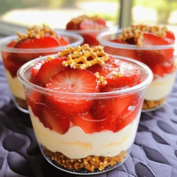 - 1 cup crushed pretzels - 2 tablespoons sugar - 1/2 cup unsalted butter, melted - 8 oz cream cheese, softened - 1 cup powdered sugar - 1 cup whipped topping (like Cool Whip) - 2 cups fresh strawberries, sliced - 1 cup strawberry gelatin mix - 2 cups boiling water - 2 cups cold water Gather these ingredients before you start. First, you need pretzels for the base. The sweet-salty mix is key. You will also need sugar and butter for binding the crust. Cream cheese gives the creamy layer its rich taste. Powdered sugar adds sweetness. Whipped topping lightens the texture. Fresh strawberries make your dessert shine. They add bright flavor and color. The strawberry gelatin mix brings it all together. Boiling water helps dissolve the gelatin. Cold water cools the mix before you add the strawberries. This list keeps things simple. Each ingredient plays its part. You can find everything at your local store. Get ready to create a delightful treat! - Preheat oven to 350°F (175°C). - In a bowl, mix 1 cup crushed pretzels, 2 tablespoons sugar, and 1/2 cup melted butter until well combined. - Press the pretzel mixture firmly into the bottom of your serving dish. - Bake for 10 minutes and let it cool completely. - In a separate bowl, beat 8 oz softened cream cheese with 1 cup powdered sugar until smooth. - Gently fold in 1 cup whipped topping until fully mixed. - Spread the cream cheese mixture evenly over the cooled pretzel crust. - In another bowl, dissolve 1 cup strawberry gelatin mix in 2 cups boiling water. - Add 2 cups cold water and mix well. - Stir in 2 cups sliced fresh strawberries. - Pour the strawberry mixture over the cream cheese layer, covering it completely. - Refrigerate for at least 3-4 hours until the gelatin sets. - Once chilled and set, scoop the salad into individual cups for serving. Garnish with crushed pretzels on top for a nice crunch. To get the best texture for your pretzel crust, crush the pretzels finely. Larger pieces can make the crust crumbly. Mix the crushed pretzels with sugar and melted butter. This combination helps bind the crust. Press the mixture firmly into your cup or dish to avoid a loose crust. To avoid sogginess, let the crust cool completely before adding the cream cheese layer. If you add the cream cheese layer too soon, it can make the crust wet. Also, make sure your cream cheese mixture is thick enough. This will help keep moisture from seeping into the crust. Refrigerate your assembled cups for at least 3-4 hours. This time allows the gelatin to set properly. If it doesn’t set, the cups will be too runny. Check the gelatin after the minimum time. If it seems soft, chill it longer. Factors that affect gelatin set include temperature and humidity. Warmer kitchens can slow down the setting process. If your kitchen is hot, consider chilling your cups in a cooler area. For garnishing, sprinkle crushed pretzels on top just before serving. This adds a nice crunch. You can also place a fresh strawberry on each cup for a colorful touch. When choosing serving cups, opt for clear ones to show off the pretty layers. Small glass jars or clear plastic cups work great. This will make your Strawberry Pretzel Salad Cups look even more inviting. {{image_2}} You can change the fruit in Strawberry Pretzel Salad Cups. Try using raspberries or blueberries. These berries add their own sweet taste. You can also mix fruits like peaches or blackberries. Seasonal fruits work great too. In summer, use fresh peaches for a juicy twist. In fall, consider adding apples for a crunchy bite. Each fruit choice makes this dessert unique and fun. If you want to cut back on sugar, try natural sweeteners. Options like honey or maple syrup are tasty. You can also use stevia or monk fruit for lower calories. Just remember, some sweeteners are stronger, so adjust the amount. This way, everyone can enjoy the cups, no matter their diet. You can get creative with flavors in your Strawberry Pretzel Salad Cups. Try adding crushed pineapple for a tropical twist. Peaches can also bring a sweet flavor. Mix some lemon juice for a zesty kick. Experimenting with different flavors keeps things exciting. You’ll find new favorites every time you make them! Store your Strawberry Pretzel Salad Cups in the fridge. Use an airtight container to keep them fresh. These cups last about 3 to 5 days in the refrigerator. If you notice any change in texture or smell, it’s best to toss them. Can you freeze Strawberry Pretzel Salad Cups? Yes, but with some care. The cream cheese layer may change texture when frozen. To freeze them, place the cups in a freezer-safe container. Seal it tightly. They can be frozen for up to 2 months. To thaw, move the cups to the fridge overnight. Avoid thawing at room temperature, as this can cause sogginess. Enjoy your delightfully sweet treat even after freezing! Strawberry Pretzel Salad Cups are a fun dessert. They mix sweet and salty flavors. You have a crunchy pretzel base, creamy cheese layer, and fruity strawberry topping. The pretzels give a nice crunch. The cream cheese layer is light and creamy. The strawberries add freshness and brightness. Together, these flavors create a delightful treat. Yes, you can make these cups ahead. Prepare the crust and cream cheese layer the day before. Just make sure to chill them well. You can add the strawberry layer later. This keeps the crust from getting soggy. It’s a great time-saver for parties and gatherings. You can buy ingredients at any grocery store. Look for fresh strawberries in the produce section. Check the baking aisle for pretzels and gelatin. You can also find cream cheese and whipped topping there. For convenience, some stores offer pre-made options if you are short on time. To make these cups without gelatin, you can use whipped cream instead. Mix whipped cream with the strawberries for a lighter topping. You can also use agar-agar, a plant-based thickener. Follow the instructions on the package for the best results. This way, you still get a delicious dessert without gelatin. In this blog post, we explored the delicious recipe for Strawberry Pretzel Salad Cups. We examined each ingredient and shared step-by-step instructions to create the perfect dessert. I also highlighted tips for a crunchy pretzel crust and ways to make this treat your own with various flavor options. Remember, the key to a great Strawberry Pretzel Salad is in the details. Enjoy your creation and impress your friends with this tasty treat!