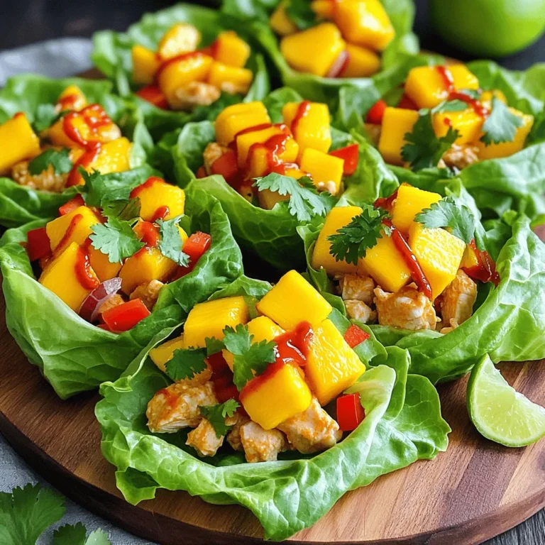 - 1 lb chicken breast, diced - 1 ripe mango, diced - 1 red bell pepper, diced - 1/2 red onion, finely chopped The main ingredients set the stage for your dish. Start with the chicken breast, which gives protein and a nice texture. Ripe mango adds sweetness and a tropical kick. Red bell pepper brings color and crunch, while red onion adds a sharp bite. Each component works together to create a balanced flavor. - 2 cloves garlic, minced - 1 tablespoon ginger, grated - 1-2 tablespoons sriracha (adjust to spice preference) - 2 tablespoons soy sauce Seasoning is key to great flavor. Garlic and ginger add depth, making your dish aromatic. Sriracha gives heat, so you can adjust it to your spice level. Soy sauce adds umami and saltiness, tying everything together. These ingredients create a rich, savory sauce that coats the chicken and veggies. - 1 tablespoon lime juice - 1 tablespoon olive oil - 1 head of iceberg or butter lettuce, leaves separated - Fresh cilantro, for garnish - Chopped peanuts or cashews, for crunch The additional ingredients elevate your dish. Lime juice brings brightness and cuts through the richness. Olive oil helps cook the chicken perfectly. The lettuce cups serve as a fresh, crunchy vessel for your filling. Garnishing with cilantro adds freshness, while peanuts or cashews provide delightful crunch. First, gather all your ingredients. You need: - 1 lb chicken breast, diced - 1 ripe mango, diced - 1 red bell pepper, diced - 1/2 red onion, finely chopped - 2 cloves garlic, minced - 1 tablespoon ginger, grated - 1-2 tablespoons sriracha - 2 tablespoons soy sauce - 1 tablespoon lime juice - 1 tablespoon olive oil - Salt and pepper to taste - 1 head of lettuce, leaves separated - Fresh cilantro, for garnish - Chopped peanuts or cashews, for crunch Next, wash and dice the chicken, mango, red bell pepper, and red onion. Use a sharp knife for clean cuts. Mince the garlic and grate the ginger. This ensures strong flavors in your dish. Now, heat a large skillet over medium heat. Add olive oil, letting it warm up for a minute. This oil will help to cook the chicken evenly. Add the diced chicken to the skillet. Cook it for about 5-7 minutes. You want it to turn golden brown and be fully cooked. Stir it occasionally to ensure even cooking. Once the chicken is ready, add minced garlic and grated ginger. Cook for one more minute. You want to smell the garlic and ginger; this means they are ready. Now, stir in the diced red bell pepper and chopped red onion. Let these cook for another 3-4 minutes. The veggies should get soft but still have a bit of crunch. In a small bowl, mix sriracha, soy sauce, and lime juice. Pour this sauce over the chicken mixture in the skillet. Stir well to coat everything evenly. Let it cook for another 2 minutes. This helps all the flavors blend together. Gently fold in the diced mango. Stir just enough to warm it up without losing its shape. Season with salt and pepper to taste. This adds depth to the dish. To serve, take a lettuce leaf and spoon a generous amount of the spicy mango chicken mixture into it. Garnish with fresh cilantro and sprinkle chopped peanuts or cashews on top. This gives a nice crunch and flavor contrast. Enjoy your colorful and tasty meal! - Achieving the right chicken texture: Choose fresh chicken breast and cut it into small, even pieces. This helps it cook evenly. Heat your skillet until it's hot before adding the chicken. Cook it for about 5-7 minutes until it turns golden brown. This gives you that great texture. - Balancing spice and sweetness: Use ripe mango to add natural sweetness. If you want more heat, add extra sriracha. Taste your mix as you go. If it feels too spicy, add more mango or a squeeze of lime juice. This will help balance the flavors. - Arranging lettuce cups: Use a large platter to show off your lettuce cups. Spoon the spicy mango chicken mix into each cup. Make sure they look full and inviting. Keep them neat for a great display. - Garnishing with cilantro and nuts: Top each lettuce cup with fresh cilantro for a burst of color. Add chopped peanuts or cashews for crunch. This makes your dish look and taste fantastic. - Suggestions for extra toppings: Try adding sliced avocado or a sprinkle of sesame seeds. These can add creaminess and a nutty flavor. You can also use thinly sliced jalapeños for extra heat. - Adjusting spice levels: If you want it less spicy, start with only one tablespoon of sriracha. You can always add more later. If you're serving kids or those who prefer mild flavors, this is a great way to adjust. {{image_2}} You can switch chicken for shrimp or tofu. Shrimp cooks quickly and adds a nice taste. Tofu is a great choice for a vegan meal. You can also try different fruits. Pineapple or peaches can add a fun twist. Just keep the fruit fresh and ripe for the best taste. To make this dish gluten-free, use coconut aminos instead of soy sauce. It tastes great and keeps the flavor strong. For vegan versions, simply replace chicken with tofu. You can add extra veggies, like carrots or bell peppers, for more nutrition. Feel free to play with different sauces. Teriyaki or hoisin sauce can add a sweet touch. You can also add more veggies to enhance flavor. Try adding cucumbers, shredded carrots, or snap peas. This will make each bite even more exciting. Store your spicy mango chicken in an airtight container. Make sure it cools down before sealing. This helps keep it fresh. You can keep it in the fridge for up to three days. Check for any signs of spoilage before eating. You can freeze portions of the chicken for later use. Divide the chicken into meal-sized servings. Place them in freezer bags, removing as much air as you can. This helps prevent freezer burn. When you're ready to eat, thaw the chicken in the fridge overnight. You can also use the microwave for quick thawing. To reheat, use a skillet over medium heat. This method keeps the chicken juicy and warm. Stir often to avoid burning. You can also use the microwave. Just cover the dish to keep moisture in. This will help maintain the dish's texture and flavor. Can I make this recipe ahead of time? Yes, you can make the spicy mango chicken mix ahead of time. Just store it in the fridge for up to two days. Keep the lettuce cups separate until you are ready to serve. This way, the lettuce stays crisp. What can I serve with Spicy Mango Chicken Lettuce Cups? These cups are great on their own, but you can serve them with rice or a light salad. You could also add some fresh fruit on the side for a refreshing touch. Where can I find fresh mango? You can find fresh mango at most grocery stores. Look for ripe mangoes that feel a bit soft when you squeeze them. Farmers' markets are also a great place to find fresh, local mango. Is sriracha necessary for this recipe? Sriracha adds a nice kick to the dish, but it’s not required. If you prefer less heat, you can use a milder sauce or leave it out entirely. The recipe will still taste great! How can I make it less spicy? To make it less spicy, reduce the sriracha to one tablespoon or use a milder sauce. You can also add more mango to balance the heat with sweetness. What type of lettuce works best? Iceberg or butter lettuce works best for these cups. They are sturdy, crisp, and easy to hold. They also add a nice crunch to each bite. In this blog post, I shared a simple recipe for Spicy Mango Chicken Lettuce Cups. We explored key ingredients like chicken, mango, and spices. I outlined easy steps for preparation and cooking, making it hassle-free. I gave tips to enhance flavor and presented some tasty variations. Remember, cooking can be fun and creative. Don't hesitate to try new twists or adjustments! Enjoy these light, flavorful cups as a fresh meal option. You’ll impress your friends and family with your skills.