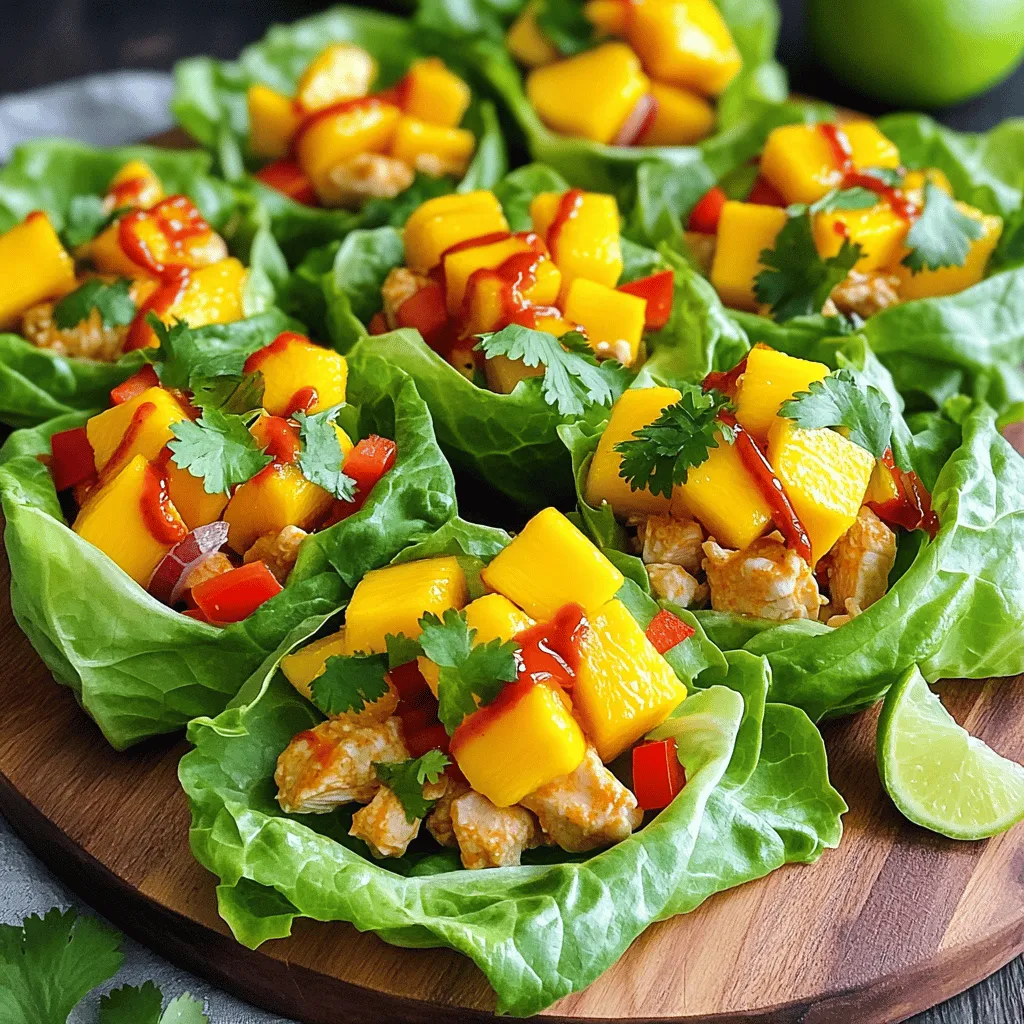 - 1 lb chicken breast, diced - 1 ripe mango, diced - 1 red bell pepper, diced - 1/2 red onion, finely chopped The main ingredients set the stage for your dish. Start with the chicken breast, which gives protein and a nice texture. Ripe mango adds sweetness and a tropical kick. Red bell pepper brings color and crunch, while red onion adds a sharp bite. Each component works together to create a balanced flavor. - 2 cloves garlic, minced - 1 tablespoon ginger, grated - 1-2 tablespoons sriracha (adjust to spice preference) - 2 tablespoons soy sauce Seasoning is key to great flavor. Garlic and ginger add depth, making your dish aromatic. Sriracha gives heat, so you can adjust it to your spice level. Soy sauce adds umami and saltiness, tying everything together. These ingredients create a rich, savory sauce that coats the chicken and veggies. - 1 tablespoon lime juice - 1 tablespoon olive oil - 1 head of iceberg or butter lettuce, leaves separated - Fresh cilantro, for garnish - Chopped peanuts or cashews, for crunch The additional ingredients elevate your dish. Lime juice brings brightness and cuts through the richness. Olive oil helps cook the chicken perfectly. The lettuce cups serve as a fresh, crunchy vessel for your filling. Garnishing with cilantro adds freshness, while peanuts or cashews provide delightful crunch. First, gather all your ingredients. You need: - 1 lb chicken breast, diced - 1 ripe mango, diced - 1 red bell pepper, diced - 1/2 red onion, finely chopped - 2 cloves garlic, minced - 1 tablespoon ginger, grated - 1-2 tablespoons sriracha - 2 tablespoons soy sauce - 1 tablespoon lime juice - 1 tablespoon olive oil - Salt and pepper to taste - 1 head of lettuce, leaves separated - Fresh cilantro, for garnish - Chopped peanuts or cashews, for crunch Next, wash and dice the chicken, mango, red bell pepper, and red onion. Use a sharp knife for clean cuts. Mince the garlic and grate the ginger. This ensures strong flavors in your dish. Now, heat a large skillet over medium heat. Add olive oil, letting it warm up for a minute. This oil will help to cook the chicken evenly. Add the diced chicken to the skillet. Cook it for about 5-7 minutes. You want it to turn golden brown and be fully cooked. Stir it occasionally to ensure even cooking. Once the chicken is ready, add minced garlic and grated ginger. Cook for one more minute. You want to smell the garlic and ginger; this means they are ready. Now, stir in the diced red bell pepper and chopped red onion. Let these cook for another 3-4 minutes. The veggies should get soft but still have a bit of crunch. In a small bowl, mix sriracha, soy sauce, and lime juice. Pour this sauce over the chicken mixture in the skillet. Stir well to coat everything evenly. Let it cook for another 2 minutes. This helps all the flavors blend together. Gently fold in the diced mango. Stir just enough to warm it up without losing its shape. Season with salt and pepper to taste. This adds depth to the dish. To serve, take a lettuce leaf and spoon a generous amount of the spicy mango chicken mixture into it. Garnish with fresh cilantro and sprinkle chopped peanuts or cashews on top. This gives a nice crunch and flavor contrast. Enjoy your colorful and tasty meal! - Achieving the right chicken texture: Choose fresh chicken breast and cut it into small, even pieces. This helps it cook evenly. Heat your skillet until it's hot before adding the chicken. Cook it for about 5-7 minutes until it turns golden brown. This gives you that great texture. - Balancing spice and sweetness: Use ripe mango to add natural sweetness. If you want more heat, add extra sriracha. Taste your mix as you go. If it feels too spicy, add more mango or a squeeze of lime juice. This will help balance the flavors. - Arranging lettuce cups: Use a large platter to show off your lettuce cups. Spoon the spicy mango chicken mix into each cup. Make sure they look full and inviting. Keep them neat for a great display. - Garnishing with cilantro and nuts: Top each lettuce cup with fresh cilantro for a burst of color. Add chopped peanuts or cashews for crunch. This makes your dish look and taste fantastic. - Suggestions for extra toppings: Try adding sliced avocado or a sprinkle of sesame seeds. These can add creaminess and a nutty flavor. You can also use thinly sliced jalapeños for extra heat. - Adjusting spice levels: If you want it less spicy, start with only one tablespoon of sriracha. You can always add more later. If you're serving kids or those who prefer mild flavors, this is a great way to adjust. {{image_2}} You can switch chicken for shrimp or tofu. Shrimp cooks quickly and adds a nice taste. Tofu is a great choice for a vegan meal. You can also try different fruits. Pineapple or peaches can add a fun twist. Just keep the fruit fresh and ripe for the best taste. To make this dish gluten-free, use coconut aminos instead of soy sauce. It tastes great and keeps the flavor strong. For vegan versions, simply replace chicken with tofu. You can add extra veggies, like carrots or bell peppers, for more nutrition. Feel free to play with different sauces. Teriyaki or hoisin sauce can add a sweet touch. You can also add more veggies to enhance flavor. Try adding cucumbers, shredded carrots, or snap peas. This will make each bite even more exciting. Store your spicy mango chicken in an airtight container. Make sure it cools down before sealing. This helps keep it fresh. You can keep it in the fridge for up to three days. Check for any signs of spoilage before eating. You can freeze portions of the chicken for later use. Divide the chicken into meal-sized servings. Place them in freezer bags, removing as much air as you can. This helps prevent freezer burn. When you're ready to eat, thaw the chicken in the fridge overnight. You can also use the microwave for quick thawing. To reheat, use a skillet over medium heat. This method keeps the chicken juicy and warm. Stir often to avoid burning. You can also use the microwave. Just cover the dish to keep moisture in. This will help maintain the dish's texture and flavor. Can I make this recipe ahead of time? Yes, you can make the spicy mango chicken mix ahead of time. Just store it in the fridge for up to two days. Keep the lettuce cups separate until you are ready to serve. This way, the lettuce stays crisp. What can I serve with Spicy Mango Chicken Lettuce Cups? These cups are great on their own, but you can serve them with rice or a light salad. You could also add some fresh fruit on the side for a refreshing touch. Where can I find fresh mango? You can find fresh mango at most grocery stores. Look for ripe mangoes that feel a bit soft when you squeeze them. Farmers' markets are also a great place to find fresh, local mango. Is sriracha necessary for this recipe? Sriracha adds a nice kick to the dish, but it’s not required. If you prefer less heat, you can use a milder sauce or leave it out entirely. The recipe will still taste great! How can I make it less spicy? To make it less spicy, reduce the sriracha to one tablespoon or use a milder sauce. You can also add more mango to balance the heat with sweetness. What type of lettuce works best? Iceberg or butter lettuce works best for these cups. They are sturdy, crisp, and easy to hold. They also add a nice crunch to each bite. In this blog post, I shared a simple recipe for Spicy Mango Chicken Lettuce Cups. We explored key ingredients like chicken, mango, and spices. I outlined easy steps for preparation and cooking, making it hassle-free. I gave tips to enhance flavor and presented some tasty variations. Remember, cooking can be fun and creative. Don't hesitate to try new twists or adjustments! Enjoy these light, flavorful cups as a fresh meal option. You’ll impress your friends and family with your skills.