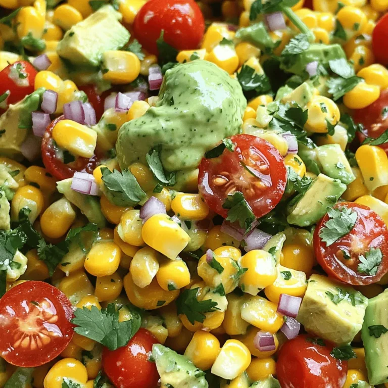 - 2 cups corn (fresh or frozen) - 1 ripe avocado - 1 lime (juiced and zested) - 1/4 cup fresh cilantro, chopped - 1/2 cup Greek yogurt - 1 small red onion, finely diced - 1 jalapeño, finely minced (optional for heat) - Salt and pepper to taste - 1 tablespoon olive oil - 1/2 teaspoon garlic powder - 1 cup cherry tomatoes, halved Gathering fresh ingredients is the key to a great salad. Start with corn. You can use fresh corn, which has a sweet crunch. If fresh corn isn’t available, frozen corn works well too. Just thaw and sauté it lightly. Next, grab a ripe avocado. It should feel slightly soft when you press it. This will make your crema smooth and creamy. Limes add bright flavor; juice and zest them for the best taste. Fresh cilantro brings a nice herbal note and makes the dish pop with color. You will need Greek yogurt. It gives the crema a tangy taste and creamy texture. A small red onion adds a mild bite. If you like heat, include a jalapeño. Just remember to remove the seeds for less spice. Seasoning is simple. Use salt and pepper to enhance all the flavors. For richness, you’ll need olive oil. Garlic powder adds a hint of depth. Finally, cherry tomatoes add sweetness and color. Halve them to mix in easily. With these ingredients, you create a fresh and flavorful salad that shines at any meal. To start, you need to prepare the corn. If you have fresh corn, grill or boil it until it is tender. This step usually takes about 5 to 7 minutes. Once it cools, cut the kernels off the cob. If you prefer, you can also use frozen corn. Just thaw it and sauté it lightly in a pan until warm. Next, it’s time to make the creamy dressing. In a blender, add the ripe avocado, lime juice, and lime zest. Then, include the Greek yogurt, chopped cilantro, garlic powder, salt, and pepper. Blend everything until it is smooth and creamy. Taste it and adjust the seasoning if needed. This crema adds a bright, zesty flavor to the salad. Now, you can combine the main salad ingredients. In a large mixing bowl, mix the cooked corn, finely diced red onion, minced jalapeño (if you like some heat), and halved cherry tomatoes. This mix gives the salad great texture and taste. Then, pour the avocado lime crema over the mixture. Gently fold everything together until every piece is coated in the crema. For the final touches, drizzle olive oil over the salad to add richness. Mix again and check the seasoning, adding more salt and pepper if you like. After that, let the salad chill in the refrigerator for at least 15 minutes. Chilling enhances the flavors and makes the salad even more refreshing. Enjoy your vibrant and tasty Avocado Lime Crema Corn Salad! To pick a ripe avocado, press gently on its skin. It should feel soft but not mushy. A ripe avocado will have a dark green color. If it’s too hard, give it a few days to ripen at room temperature. Watch for overripeness by looking for dark spots or a squishy feel when pressed. If your avocado is very soft, it may be too far gone. Adjusting seasoning can make a big difference. Taste the crema and add more salt or lime juice if needed. If you like it spicy, sprinkle in more minced jalapeño. For a fresh twist, add herbs like mint or parsley. These can brighten the salad and add new layers of flavor. For meal prep, chop your veggies and store them in airtight containers. This keeps them fresh and ready to mix. You can make the crema ahead of time, too. Just store it in the fridge. To keep the salad fresh, avoid adding the crema until you're ready to serve. This keeps the corn and veggies crisp. Enjoy your salad at its best! {{image_2}} You can swap Greek yogurt for sour cream or plant-based yogurt. Both keep the salad creamy. Fresh herbs are great too. Instead of cilantro, try parsley or basil for a new taste. Want to make this salad heartier? You can add proteins like grilled chicken, shrimp, or beans. Shredded rotisserie chicken is easy and tasty. For a plant-based option, black beans work well too. This salad pairs perfectly with grilled meats or whole grains like quinoa. You can also get creative by serving it in taco shells or on lettuce wraps. It makes for a fun and fresh presentation! Store your Avocado Lime Crema Corn Salad in an airtight container. This helps keep it fresh. If you have leftovers, eat them within three days. The flavors taste best when enjoyed soon after making. You can freeze the salad, but it's not ideal. Avocado does not freeze well. Instead, freeze the corn and crema separately. This way, you can enjoy the salad fresh later. If your corn is cold, warm it gently in a skillet. Use low heat to keep it tender. To refresh the salad, add a splash of lime juice before serving. This brightens the flavors and keeps it delicious. For a vegan version, you can replace the Greek yogurt. Use cashew cream or coconut yogurt as a substitute. Both options add creaminess without dairy. You can also skip the yogurt entirely. Just blend the avocado with lime juice, zest, and spices. This keeps the salad rich and tasty. Yes, you can use canned corn. Just drain and rinse it well before using. Canned corn is convenient. However, fresh or frozen corn has a better texture and flavor. If using fresh corn, grill or boil it first. This adds a nice char and sweetness. This salad pairs well with grilled chicken or fish. It also complements tacos or burritos nicely. For a vegetarian meal, serve it with quinoa or brown rice. You can also enjoy it as a dip with tortilla chips. The options are endless! Yes, you can make this salad ahead. Just keep the avocado crema separate until serving. This prevents the avocado from browning. You can mix the corn and other ingredients in advance. Chill everything in the fridge for great flavor. This blog post showed how to make a tasty Avocado Lime Crema Corn Salad. We covered fresh ingredients, step-by-step instructions, and smart tips for success. You learned how to pick the best avocado and adjust flavors for your taste. We also explored fun variations, meal prep advice, and storage tips. Enjoy making this salad, share it with friends, and get creative with your mix-ins. With simple steps, you can have a fresh dish that's sure to impress.