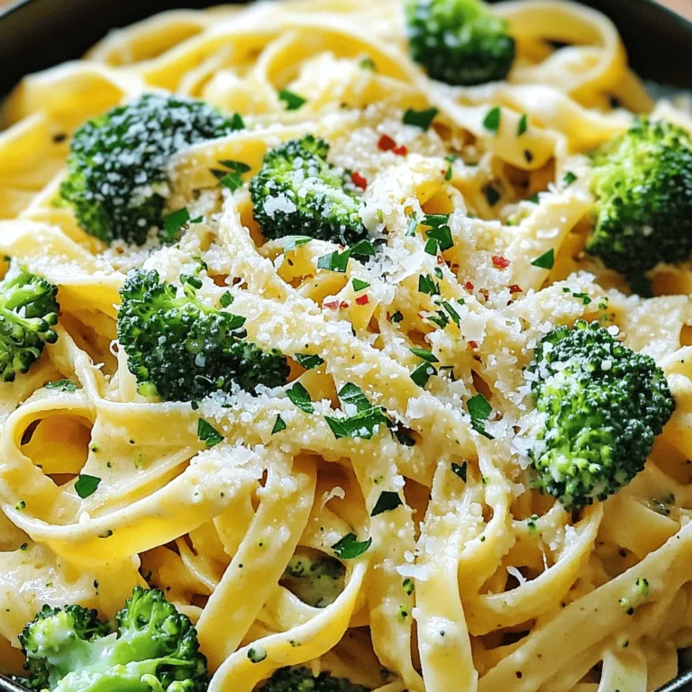 - 8 oz pasta (fettuccine or penne) - 2 cups fresh broccoli florets - 1 cup heavy cream - 1 cup grated Parmesan cheese - 2 tablespoons olive oil - 2 cloves garlic, minced - Salt and pepper to taste - 1/2 teaspoon red pepper flakes (optional) - Fresh parsley for garnish To make Creamy Parmesan Broccoli Pasta, gather these simple ingredients. Use either fettuccine or penne pasta. The pasta gives a delightful base for the creamy sauce. Broccoli florets add a pop of color and crunch. Heavy cream creates that rich sauce we all love. Grated Parmesan cheese adds a savory depth. Olive oil and garlic bring flavor to the dish. Don't forget salt and pepper for seasoning. If you like a bit of heat, add red pepper flakes. Finally, fresh parsley will brighten your meal. This list is straightforward. You can find these items in most stores. With these ingredients, you can whip up a tasty meal in no time! To start, fill a large pot with water and add a good pinch of salt. Bring the water to a boil. Add 8 oz of pasta, like fettuccine or penne, and cook it according to the package instructions. Stir often to prevent sticking. When the pasta has about 3 minutes left to cook, add 2 cups of fresh broccoli florets to the pot. This step helps the broccoli become tender but still bright green. After the time is up, drain both the pasta and broccoli together. Set them aside to cool slightly. Now, grab the same pot you used for the pasta. Heat 2 tablespoons of olive oil over medium heat. When the oil is hot, add 2 minced garlic cloves. Sauté the garlic for about 1 minute until it smells great. Be careful not to let it burn. Next, pour in 1 cup of heavy cream. Bring it to a gentle simmer. Lower the heat and add 1 cup of grated Parmesan cheese. Stir until the cheese melts and blends with the cream. Season with salt, pepper, and a pinch of red pepper flakes if you like a little heat. With the cream sauce ready, it’s time to mix everything. Add the drained pasta and broccoli back into the pot. Toss gently to coat them in the creamy sauce. Make sure every piece is covered. For even better coating, use tongs or a large spoon to mix. This helps the sauce stick to the pasta and broccoli. Enjoy your delicious creamy Parmesan broccoli pasta! To get the right cream sauce, adjust the thickness with pasta water. When you drain the pasta, save some water. If the sauce seems too thick, add a little pasta water. This makes the sauce smooth and helps it coat the pasta better. You can also add more cheese for richness. While stirring in the Parmesan, taste the sauce. If you want a stronger cheese flavor, add more cheese. Just remember, more cheese makes it creamier! Try incorporating additional seasonings to boost flavor. You can add garlic powder, onion powder, or Italian herbs. A pinch of lemon zest also adds a nice zing. Experiment with your favorite spices to find the taste you love. Choosing different types of pasta can change the dish too. Fettuccine gives a nice, thick bite, while penne holds the sauce well. You can even try whole wheat or gluten-free pasta. Each option brings a unique texture to your creamy Parmesan broccoli pasta. {{image_2}} You can change up the veggies in this pasta dish. Try adding spinach, peas, or asparagus. Each brings a unique flavor and texture. - Spinach: It wilts quickly and adds a nice green color. - Peas: They bring a sweet taste and pop in your mouth. - Asparagus: Cut into small pieces; it adds a crunchy bite. You can also use seasonal veggies. In spring, add some fresh peas. In fall, roasted butternut squash can work well. This keeps your dish exciting and fresh. Adding protein to your pasta makes it more filling. You can grill chicken or sauté shrimp. - Grilled Chicken: Slice it thin and mix it in for a hearty meal. - Shrimp: Cooked shrimp can add a tasty seafood twist. If you want a vegetarian dish, skip the meat and enjoy the flavors of the veggies. This pasta is versatile, so you can customize it any way you like. To keep your Creamy Parmesan Broccoli Pasta fresh, store it in an airtight container. This helps prevent moisture loss and keeps it tasty. Let the pasta cool down before sealing it. You can safely refrigerate it for up to three days. After that, it may lose its flavor and texture. When reheating, I recommend using the stovetop. This method helps keep the creaminess. Add a splash of water or extra cream to the pan. This extra moisture will help revive the sauce's texture. Stir gently over low heat until warmed through. You can also use a microwave, but be careful not to overheat it. Stir halfway through to ensure even warming. Enjoy your delicious leftovers! Yes, you can make this dish ahead of time. Cook the pasta and broccoli as normal. Then, make the cream sauce and mix everything. Place it in an airtight container. Store it in the fridge for up to two days. When ready to eat, reheat it gently on the stove or in the microwave. Add a splash of milk or broth to keep it creamy. If you want a lighter option, try using half-and-half or whole milk. You can also use a mix of Greek yogurt and milk. This keeps the sauce creamy and adds a nice tang. Just remember to heat it gently to avoid curdling. For a gluten-free version, choose gluten-free pasta made from rice or quinoa. These options cook well and taste great. - Suggestions for gluten-free pasta options: - Brown rice pasta - Quinoa pasta - Chickpea pasta To thicken the sauce without flour, you can use cornstarch or arrowroot. Mix one tablespoon of cornstarch with water to create a slurry. Add this to the sauce and stir until it thickens. This keeps your dish gluten-free and creamy. This recipe for Creamy Parmesan Broccoli Pasta offers a simple and tasty meal. You learned about the key ingredients, how to cook the pasta and broccoli, and prepare a creamy sauce. I also shared tips for perfecting flavors and adjusting textures. You can try different veggies or proteins to make it your own. Store any leftovers properly for later enjoyment. With these steps, you can create a delicious dish everyone will love. Enjoy cooking and share your tasty results!