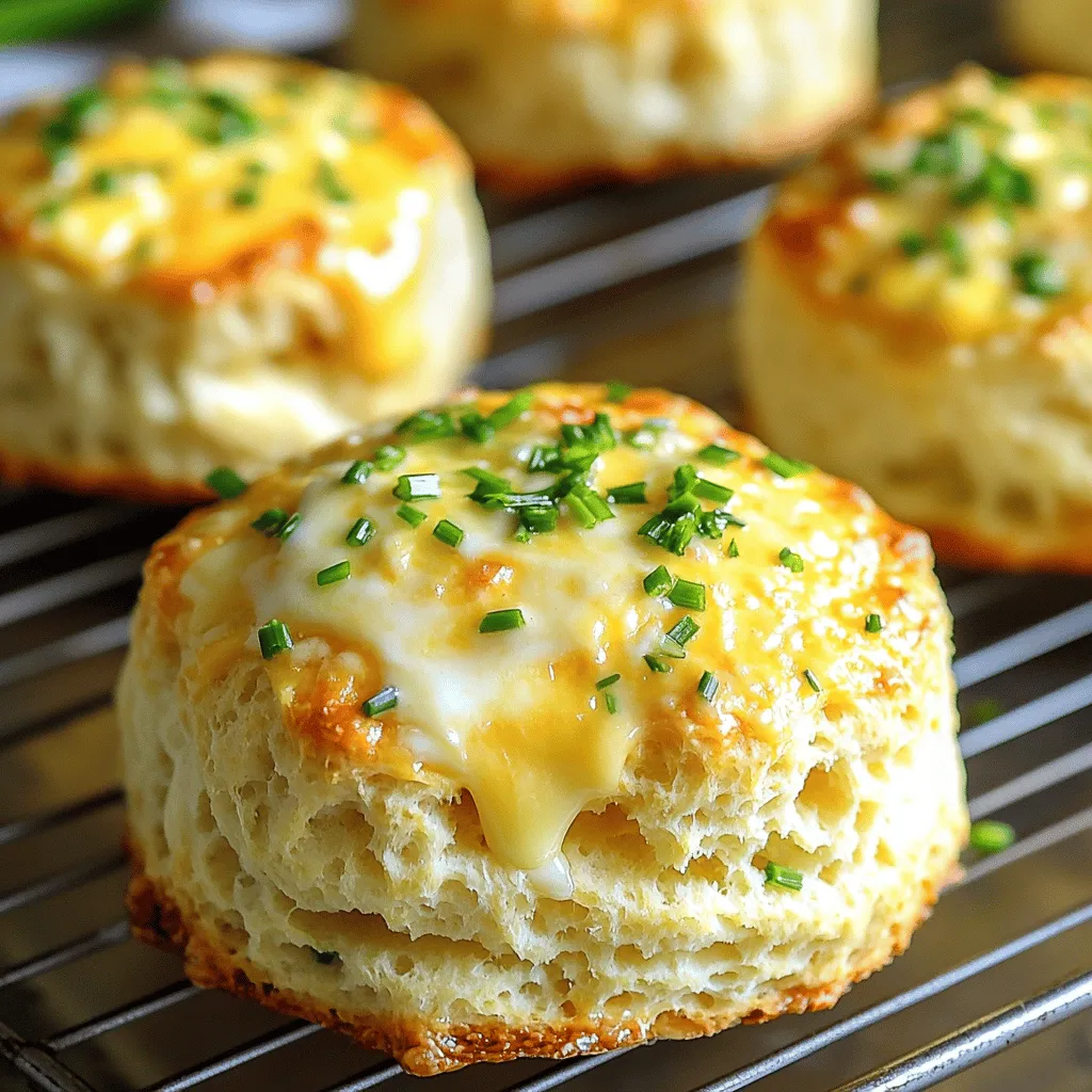 To make Cheddar Chive Drop Biscuits, you need a few key ingredients. Here’s what you will need: - 2 cups all-purpose flour - 1 tablespoon baking powder - 1/2 teaspoon baking soda - 1/2 teaspoon salt - 1/4 cup unsalted butter, cold and cubed - 1 cup shredded sharp cheddar cheese - 1/4 cup fresh chives, chopped - 1 cup buttermilk Each ingredient plays a role in creating soft, tasty biscuits. The flour gives structure. Baking powder and baking soda help them rise. Salt brings out flavor. Butter adds richness, while cheese and chives give that savory taste. A few tools make this recipe easier. Here’s what you will need: - Large mixing bowl - Whisk - Pastry cutter or your fingertips - Baking sheet - Parchment paper - Ice cream scoop or large spoon These tools help mix and shape your biscuits with ease. A whisk ensures even mixing, while a baking sheet lined with parchment makes cleanup simple. You can make some swaps if you lack an ingredient. Here are a few ideas: - Flour: Use whole wheat flour for a nutty taste. - Butter: Coconut oil works well if you want a dairy-free option. - Cheese: Any cheese will work, but a sharp variety adds a nice kick. - Chives: Green onions or parsley can replace chives for a different flavor. These substitutions let you customize your biscuits to your taste or dietary needs. Feel free to experiment! Start by preheating your oven to 425°F (220°C). This heat helps the biscuits rise. Next, take a baking sheet and line it with parchment paper. This keeps the biscuits from sticking and makes cleanup easy. In a large bowl, whisk together the dry ingredients. Combine 2 cups of all-purpose flour, 1 tablespoon of baking powder, 1/2 teaspoon of baking soda, and 1/2 teaspoon of salt. Make sure they are well mixed. This step is key for even flavor and rise. Now, add 1/4 cup of cold, cubed unsalted butter to the dry mix. Use a pastry cutter or your fingers to work the butter into the flour. You want it to look like coarse crumbs. Once that’s done, stir in 1 cup of shredded sharp cheddar cheese and 1/4 cup of chopped fresh chives. This adds a wonderful flavor and aroma. Gradually pour in 1 cup of buttermilk into the mixture. Stir gently until everything is just combined. Be careful not to overmix. The dough should be slightly lumpy. Overmixing can make the biscuits tough. Using a large spoon or ice cream scoop, drop heaping tablespoons of dough onto the prepared baking sheet. Space them about 2 inches apart to allow for spreading. Bake in your preheated oven for 12-15 minutes. Look for a golden brown top. Remove them and let cool for a bit before moving them to a wire rack. Enjoy warm for the best flavor! To make fluffy biscuits, use cold butter. Cold butter creates steam when baking. This steam helps the biscuits rise. Don't overmix the dough; it should be lumpy. If you mix too much, the biscuits become tough. Use a light hand when adding buttermilk. Adding it slowly helps keep the texture light. One common mistake is using warm butter. Warm butter melts too much and stops the rise. Another mistake is overmixing the dough. This makes dense biscuits. Make sure to space the biscuits well on the baking sheet. If they are too close, they won’t bake evenly. Lastly, be patient and let them cool slightly before serving. Serve these biscuits warm for the best taste. Brush them with melted butter right after baking. Sprinkle some extra chives on top for a pop of color. They pair well with soups or salads. You can also serve them at brunch with eggs. For a fun twist, add some jam or honey on the side. {{image_2}} You can make these biscuits dairy-free and gluten-free. For a dairy-free option, use almond milk or soy milk instead of buttermilk. Choose a dairy-free butter or coconut oil as your fat. For a gluten-free version, swap the all-purpose flour for a gluten-free blend. Ensure the blend contains xanthan gum, which helps with the texture. Want to jazz up your biscuits? Try adding cooked bacon bits for a smoky flavor. You can also mix in sun-dried tomatoes for a burst of sweetness. Fresh herbs like parsley or thyme work well too. For a spicy kick, add some diced jalapeños or red pepper flakes. These simple changes can elevate the taste and keep things fun. If you crave a sweet twist, consider adding honey or maple syrup to the dough. This will balance the sharpness of the cheddar. You can also fold in some sweet corn for a hint of sweetness. Another idea is to sprinkle cinnamon and sugar on top before baking. This combination creates a surprising yet delightful flavor that pairs well with the cheese. To store leftover biscuits, let them cool completely. Place them in an airtight container. This keeps them soft and fresh. You can also wrap them in plastic wrap. Store them at room temperature for up to two days. You can freeze these biscuits for later use. After they cool, place them in a freezer-safe bag. Be sure to remove as much air as possible. Label the bag with the date. They can stay in the freezer for up to three months. When you are ready to eat them, just thaw them in the fridge overnight. To reheat, preheat your oven to 350°F (175°C). Place the biscuits on a baking sheet. Bake for about 10 minutes, or until warm. You can also microwave them for about 20 seconds. Just be careful not to overheat, or they might get tough. Enjoy your biscuits warm! Yes, you can use other cheeses. Try mozzarella or gouda for a fresh twist. Each cheese adds unique flavors. Just make sure it melts well. Look for a golden brown top. You can also insert a toothpick in the center. If it comes out clean, the biscuits are ready. You can prepare the dough in advance. Store it in the fridge for up to 24 hours. Just remember to let it warm up a bit before baking. These biscuits pair well with soups and salads. Try them with chili or a fresh green salad. They also make a great side for breakfast dishes. Cheddar chive drop biscuits are easy to make and delicious. We covered ingredients, tools, and substitutions. Then, I provided step-by-step instructions for a perfect bake. I also shared tips for fluffy biscuits and common mistakes to avoid. Plus, we explored fun variations and storage options. Try these biscuits for breakfast or dinner. Keep this guide handy and enjoy baking!