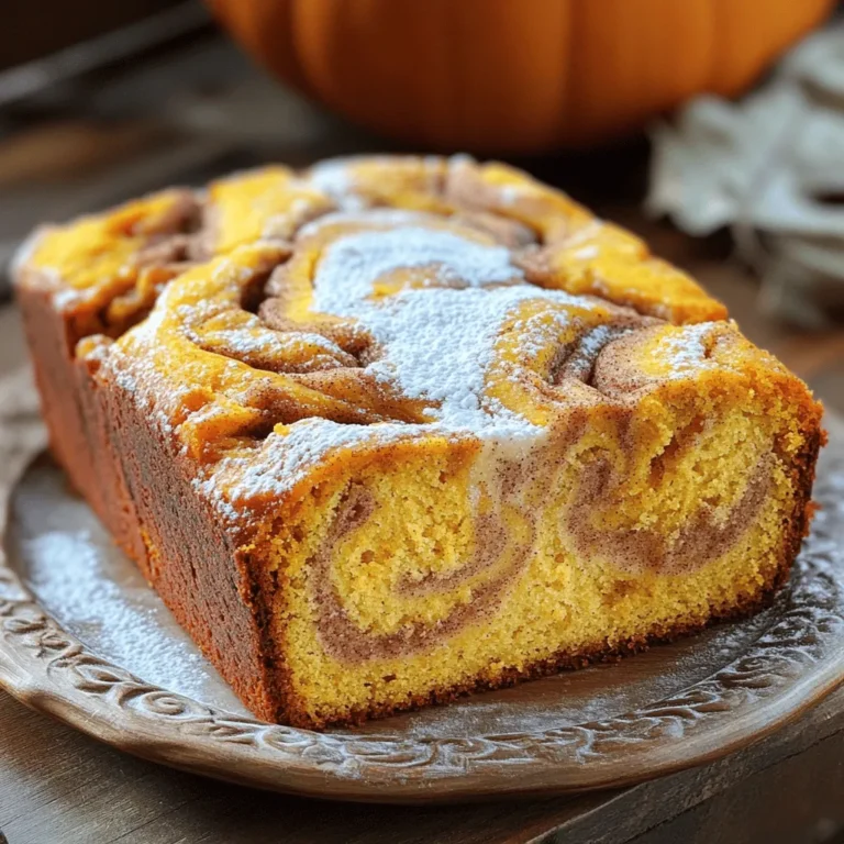 To make a delicious cinnamon swirl pumpkin loaf, gather these key ingredients: - 1 ½ cups all-purpose flour - 1 teaspoon baking soda - ½ teaspoon baking powder - ½ teaspoon salt - 1 teaspoon ground cinnamon - ½ teaspoon ground nutmeg - ½ teaspoon ground ginger - 1 cup pumpkin puree (canned or fresh) - ½ cup granulated sugar - ½ cup brown sugar, packed - ½ cup vegetable oil - 3 large eggs - 1 teaspoon vanilla extract - 1 tablespoon cinnamon (for swirling) - 2 tablespoons brown sugar (for swirling) These ingredients work together to create a moist loaf with a warm spice flavor. Accurate measurements are key for the perfect loaf. Here are some tips: - Use dry measuring cups for flour and sugar. - Level off the top with a knife for precision. - For sticky ingredients like pumpkin puree, use a rubber spatula to scrape it out. - Always check expiration dates on baking powder and soda. Fresh ingredients will give the best rise. If you need to tweak the recipe, here are some easy swaps: - Substitute whole wheat flour for all-purpose flour for added fiber. - Use applesauce instead of vegetable oil for a lower-fat option. - Swap out brown sugar for coconut sugar for a different flavor profile. - If you don’t have ground spices, use pumpkin pie spice as a mix. These substitutions can still yield a tasty loaf without losing too much flavor. First, set your oven to 350°F (175°C). This gives it time to heat up. While it warms, take a 9x5-inch loaf pan and grease it well. You want the loaf to slide out easily when it’s done. In a medium bowl, mix together the dry ingredients. Combine 1 ½ cups of flour, 1 teaspoon of baking soda, ½ teaspoon of baking powder, and ½ teaspoon of salt. Next, add 1 teaspoon of ground cinnamon, ½ teaspoon of nutmeg, and ½ teaspoon of ginger. Whisk them together until they’re well blended. In a large bowl, it’s time for the wet mix. Add 1 cup of pumpkin puree, ½ cup of granulated sugar, ½ cup of packed brown sugar, and ½ cup of vegetable oil. Crack in 3 large eggs and add 1 teaspoon of vanilla extract. Mix these until the mixture is smooth and combined. Gradually stir in the dry mix into the wet mix. Be gentle and stop as soon as everything is just mixed. Overmixing can make the loaf tough. Now, let’s make the cinnamon swirl! In a small bowl, combine 1 tablespoon of cinnamon with 2 tablespoons of brown sugar. This will be your magic swirl mix. Pour half of the batter into your prepared loaf pan. Evenly sprinkle half of the cinnamon-sugar mixture over the top. Then, pour the rest of the batter into the pan. Finally, sprinkle the remaining cinnamon-sugar on top. Take a knife and gently swirl through the batter. This creates that lovely marbled look that makes your loaf special. Now, you’re ready to bake! To make your pumpkin loaf nice and moist, use fresh pumpkin puree. If you use canned, make sure it is pure pumpkin and not pie filling. Adding an extra egg can also help with moisture. Another tip is to mix just until combined. Overmixing can make the loaf dry. Baking at 350°F (175°C) is key for a perfect loaf. Check your loaf at 55 minutes. Insert a toothpick in the center. If it comes out clean, it’s done. If not, bake for another few minutes. Remember, every oven is different. Keep an eye on your loaf to avoid over-baking. One common mistake is not greasing the pan well. This can make the loaf stick and break apart. Also, don’t skip the swirling step; it adds flavor and looks pretty. Finally, let your loaf cool in the pan for about 10 minutes. This helps it set and makes it easier to remove without breaking. {{image_2}} To make a gluten-free version, swap all-purpose flour for a gluten-free blend. Many brands offer mixes that work well in baking. Look for ones that include xanthan gum for the best texture. The loaf will still rise and taste great! You can add nuts or chocolate chips for extra flavor and texture. Chopped walnuts or pecans add a nice crunch. If you prefer a sweeter loaf, mix in semi-sweet chocolate chips. About half a cup works well, but adjust to your taste. Feel free to switch up the spices in your loaf. Try cloves or allspice for a warm punch. You can also use cardamom for a unique twist. Mix and match to find your favorite flavor combo. Each variation brings its own charm to the dish! To keep your Cinnamon Swirl Pumpkin Loaf fresh, store it in an airtight container. This keeps moisture in and prevents it from drying out. If you do not have a container, wrap the loaf in plastic wrap or foil. Place it in a cool, dry place away from direct sunlight. Avoid storing it in the fridge, as that can make it dry faster. When stored properly, your loaf can last for about 3 to 5 days. After that, it may start to lose flavor and moisture. Check for any signs of spoilage, like mold or a strange smell. If you notice these signs, it’s best to throw it away for safety. If you want to keep your loaf for longer, freezing is a great option. Wrap the loaf tightly in plastic wrap and then in foil. This helps prevent freezer burn. You can freeze it for up to three months. When you’re ready to eat it, move it to the fridge overnight to thaw. For quicker thawing, you can leave it at room temperature for a few hours. Enjoy your delicious loaf any time! Yes, you can use fresh pumpkin. Start with a small pumpkin. Cut it, seed it, and roast it. After roasting, scoop the flesh and puree it in a blender. This puree can replace canned pumpkin in the recipe. Fresh pumpkin may taste sweeter and richer. You might need to adjust the spices to match your taste. You can serve this loaf with many things. A spread of cream cheese makes a great choice. You can also enjoy it with butter for a classic touch. For drinks, a cup of coffee or tea pairs well. Try a warm spiced apple cider for a cozy vibe. Adding a side of fresh fruit can also brighten the plate. To check if your loaf is done, use a toothpick. Insert it into the center of the loaf. If it comes out clean, your loaf is ready. If it has batter on it, continue baking for a few more minutes. Keep an eye on it to avoid overbaking. The top should be golden brown and firm to touch. In this article, I covered how to make a delicious Cinnamon Swirl Pumpkin Loaf. We explored essential ingredients, measuring tips, and substitutions. I also shared step-by-step instructions, including how to create that perfect swirl. You learned key tips for moistness and baking time. For variety, we discussed gluten-free options and new flavors. Lastly, I provided storage tips to keep your loaf fresh. Enjoy baking and sharing this tasty treat!