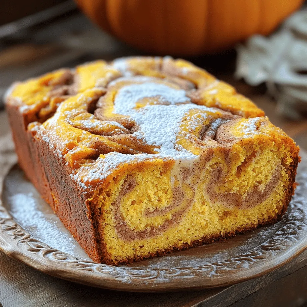 To make a delicious cinnamon swirl pumpkin loaf, gather these key ingredients: - 1 ½ cups all-purpose flour - 1 teaspoon baking soda - ½ teaspoon baking powder - ½ teaspoon salt - 1 teaspoon ground cinnamon - ½ teaspoon ground nutmeg - ½ teaspoon ground ginger - 1 cup pumpkin puree (canned or fresh) - ½ cup granulated sugar - ½ cup brown sugar, packed - ½ cup vegetable oil - 3 large eggs - 1 teaspoon vanilla extract - 1 tablespoon cinnamon (for swirling) - 2 tablespoons brown sugar (for swirling) These ingredients work together to create a moist loaf with a warm spice flavor. Accurate measurements are key for the perfect loaf. Here are some tips: - Use dry measuring cups for flour and sugar. - Level off the top with a knife for precision. - For sticky ingredients like pumpkin puree, use a rubber spatula to scrape it out. - Always check expiration dates on baking powder and soda. Fresh ingredients will give the best rise. If you need to tweak the recipe, here are some easy swaps: - Substitute whole wheat flour for all-purpose flour for added fiber. - Use applesauce instead of vegetable oil for a lower-fat option. - Swap out brown sugar for coconut sugar for a different flavor profile. - If you don’t have ground spices, use pumpkin pie spice as a mix. These substitutions can still yield a tasty loaf without losing too much flavor. First, set your oven to 350°F (175°C). This gives it time to heat up. While it warms, take a 9x5-inch loaf pan and grease it well. You want the loaf to slide out easily when it’s done. In a medium bowl, mix together the dry ingredients. Combine 1 ½ cups of flour, 1 teaspoon of baking soda, ½ teaspoon of baking powder, and ½ teaspoon of salt. Next, add 1 teaspoon of ground cinnamon, ½ teaspoon of nutmeg, and ½ teaspoon of ginger. Whisk them together until they’re well blended. In a large bowl, it’s time for the wet mix. Add 1 cup of pumpkin puree, ½ cup of granulated sugar, ½ cup of packed brown sugar, and ½ cup of vegetable oil. Crack in 3 large eggs and add 1 teaspoon of vanilla extract. Mix these until the mixture is smooth and combined. Gradually stir in the dry mix into the wet mix. Be gentle and stop as soon as everything is just mixed. Overmixing can make the loaf tough. Now, let’s make the cinnamon swirl! In a small bowl, combine 1 tablespoon of cinnamon with 2 tablespoons of brown sugar. This will be your magic swirl mix. Pour half of the batter into your prepared loaf pan. Evenly sprinkle half of the cinnamon-sugar mixture over the top. Then, pour the rest of the batter into the pan. Finally, sprinkle the remaining cinnamon-sugar on top. Take a knife and gently swirl through the batter. This creates that lovely marbled look that makes your loaf special. Now, you’re ready to bake! To make your pumpkin loaf nice and moist, use fresh pumpkin puree. If you use canned, make sure it is pure pumpkin and not pie filling. Adding an extra egg can also help with moisture. Another tip is to mix just until combined. Overmixing can make the loaf dry. Baking at 350°F (175°C) is key for a perfect loaf. Check your loaf at 55 minutes. Insert a toothpick in the center. If it comes out clean, it’s done. If not, bake for another few minutes. Remember, every oven is different. Keep an eye on your loaf to avoid over-baking. One common mistake is not greasing the pan well. This can make the loaf stick and break apart. Also, don’t skip the swirling step; it adds flavor and looks pretty. Finally, let your loaf cool in the pan for about 10 minutes. This helps it set and makes it easier to remove without breaking. {{image_2}} To make a gluten-free version, swap all-purpose flour for a gluten-free blend. Many brands offer mixes that work well in baking. Look for ones that include xanthan gum for the best texture. The loaf will still rise and taste great! You can add nuts or chocolate chips for extra flavor and texture. Chopped walnuts or pecans add a nice crunch. If you prefer a sweeter loaf, mix in semi-sweet chocolate chips. About half a cup works well, but adjust to your taste. Feel free to switch up the spices in your loaf. Try cloves or allspice for a warm punch. You can also use cardamom for a unique twist. Mix and match to find your favorite flavor combo. Each variation brings its own charm to the dish! To keep your Cinnamon Swirl Pumpkin Loaf fresh, store it in an airtight container. This keeps moisture in and prevents it from drying out. If you do not have a container, wrap the loaf in plastic wrap or foil. Place it in a cool, dry place away from direct sunlight. Avoid storing it in the fridge, as that can make it dry faster. When stored properly, your loaf can last for about 3 to 5 days. After that, it may start to lose flavor and moisture. Check for any signs of spoilage, like mold or a strange smell. If you notice these signs, it’s best to throw it away for safety. If you want to keep your loaf for longer, freezing is a great option. Wrap the loaf tightly in plastic wrap and then in foil. This helps prevent freezer burn. You can freeze it for up to three months. When you’re ready to eat it, move it to the fridge overnight to thaw. For quicker thawing, you can leave it at room temperature for a few hours. Enjoy your delicious loaf any time! Yes, you can use fresh pumpkin. Start with a small pumpkin. Cut it, seed it, and roast it. After roasting, scoop the flesh and puree it in a blender. This puree can replace canned pumpkin in the recipe. Fresh pumpkin may taste sweeter and richer. You might need to adjust the spices to match your taste. You can serve this loaf with many things. A spread of cream cheese makes a great choice. You can also enjoy it with butter for a classic touch. For drinks, a cup of coffee or tea pairs well. Try a warm spiced apple cider for a cozy vibe. Adding a side of fresh fruit can also brighten the plate. To check if your loaf is done, use a toothpick. Insert it into the center of the loaf. If it comes out clean, your loaf is ready. If it has batter on it, continue baking for a few more minutes. Keep an eye on it to avoid overbaking. The top should be golden brown and firm to touch. In this article, I covered how to make a delicious Cinnamon Swirl Pumpkin Loaf. We explored essential ingredients, measuring tips, and substitutions. I also shared step-by-step instructions, including how to create that perfect swirl. You learned key tips for moistness and baking time. For variety, we discussed gluten-free options and new flavors. Lastly, I provided storage tips to keep your loaf fresh. Enjoy baking and sharing this tasty treat!