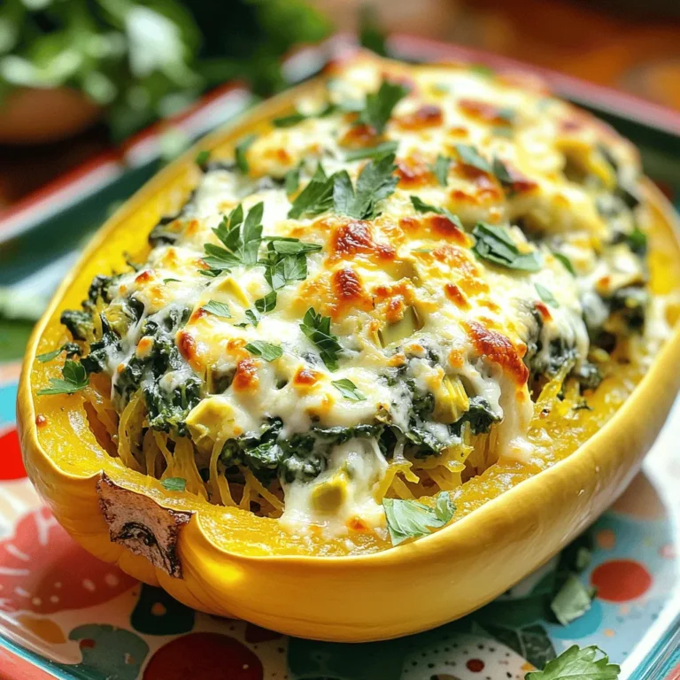 - 1 large spaghetti squash - 2 cups fresh spinach, chopped - 1 cup canned artichoke hearts, drained and chopped - 1 cup cream cheese, softened - 1/2 cup sour cream - 1 cup shredded mozzarella cheese - 1/4 cup grated Parmesan cheese - 2 cloves garlic, minced - 1 teaspoon lemon juice - 1/2 teaspoon red pepper flakes (optional) - Salt and pepper to taste - Olive oil for drizzling For the best flavors, I recommend these brands: - Spaghetti Squash: Look for fresh, firm squash from your local farmer's market. - Cream Cheese: Philadelphia is a classic choice for smooth texture. - Mozzarella Cheese: Galbani offers creamy, melt-in-your-mouth cheese. - Artichoke Hearts: Del Monte offers quality canned artichokes. - Sour Cream: Daisy is a great pick for rich flavor. Each serving of Spinach Artichoke Stuffed Spaghetti Squash is packed with nutrients. Here’s a quick look: - Calories: Approximately 300 - Protein: 12g - Carbohydrates: 18g - Fat: 22g - Fiber: 4g - Vitamins: High in Vitamin A from spinach and healthy fats from cheese. This dish is a wonderful choice for a healthy meal. You get fiber from the squash and greens, plus protein from cheese. Enjoy the taste while nourishing your body! Start by preheating your oven to 400°F (200°C). This step warms the oven for the squash. Next, take a large spaghetti squash and cut it in half lengthwise. Be careful with the knife! Scoop out the seeds using a spoon. Drizzle a bit of olive oil on the cut sides. Then, sprinkle salt and pepper on top for flavor. Place the squash halves cut-side down on a baking sheet. Roast them in the oven for about 30-40 minutes. You want them to be fork-tender when done. While the squash roasts, it's time to make the filling. Heat a drizzle of olive oil in a large skillet over medium heat. Add two cloves of minced garlic and sauté for about one minute until you smell the garlic. Then, add two cups of chopped fresh spinach and one cup of drained and chopped canned artichoke hearts. Cook until the spinach wilts, which should take about 3-4 minutes. In a mixing bowl, combine the sautéed spinach and artichokes with one cup of softened cream cheese, half a cup of sour cream, half a cup of shredded mozzarella cheese, and a quarter cup of grated Parmesan cheese. Add one teaspoon of lemon juice and, if you like spice, half a teaspoon of red pepper flakes. Mix everything well until it's smooth. Taste and add salt and pepper as needed. Once the spaghetti squash is done, remove it from the oven. Use a fork to scrape the squash strands loose from the skin. Mix these strands with your creamy spinach-artichoke filling until well combined. Pour this mixture back into the squash halves. Don't forget to top with the remaining half cup of mozzarella cheese! Return the stuffed squash to the oven and bake for an additional 15-20 minutes. You're looking for the cheese to be bubbly and golden. When it's ready, take it out and let it cool slightly before serving. Enjoy your Spinach Artichoke Stuffed Spaghetti Squash! When cooking spaghetti squash, the goal is to make it tender and easy to shred. Start by preheating your oven to 400°F (200°C). Cut the squash in half lengthwise, and scoop out the seeds. Drizzle olive oil on the cut sides and sprinkle salt and pepper. Place the squash cut-side down on a baking sheet. This method helps steam the squash, making it soft and fluffy inside. Roast for about 30-40 minutes, until you can easily pierce it with a fork. To avoid a soggy filling, make sure to drain and chop the artichoke hearts well. Excess water from the artichokes can make the mixture too watery. Also, cook the spinach until just wilted. If you overcook it, it releases too much water. Lastly, use cream cheese and sour cream that are at room temperature. This helps them mix better and prevents adding extra moisture. For a stunning presentation, serve the stuffed squash on a colorful platter. After baking, let it cool slightly. Garnish with fresh herbs like parsley or basil to add a pop of color. You can also sprinkle some extra Parmesan cheese on top for a nice touch. This not only makes your dish look appetizing but also enhances the flavors, making it a feast for the eyes and the palate. {{image_2}} This dish is already gluten-free! The main ingredients, like spinach, artichokes, and spaghetti squash, have no gluten. Just be sure to check your cream cheese and sour cream labels. Most brands are gluten-free, but it's wise to confirm. You can enjoy this recipe without worry! To make this dish vegan, swap out the cream cheese and sour cream with vegan alternatives. Look for brands that use nuts or tofu to create creamy textures. Instead of mozzarella and Parmesan, you can use vegan cheese or nutritional yeast for a cheesy flavor. This keeps the dish rich and satisfying while sticking to vegan guidelines. Want to make your stuffed squash even tastier? Here are some ideas: - Herbs: Fresh herbs like basil or thyme add a nice touch. - Spices: Add a pinch of smoked paprika for a hint of heat. - Nuts: Chopped walnuts or pine nuts can give a crunchy texture. - Lemon Zest: Grate some lemon zest for a bright, fresh flavor. - Sun-Dried Tomatoes: These can add a delicious sweet-tart flavor to the mix. Experiment with these variations to find your favorite twist on this classic dish! After you enjoy your Spinach Artichoke Stuffed Spaghetti Squash, let it cool down. Place any leftovers in an airtight container. This keeps them fresh and tasty. Store in the fridge for up to three days. Label the container with the date to track freshness. To reheat, take the stuffed squash from the fridge. Preheat your oven to 350°F (175°C). Place the squash in a baking dish. Cover it with foil to keep moisture in. Heat for about 20 minutes or until warm. If you're in a hurry, you can use the microwave. Heat in short bursts, stirring in between, until warm. If you want to save some for later, freezing is a great option. First, allow the stuffed squash to cool completely. Then, wrap each half tightly in plastic wrap. Place them in a freezer bag or airtight container. They can last up to three months in the freezer. When you're ready to eat, thaw them in the fridge overnight before reheating. Yes, you can use frozen spinach. Just make sure to thaw and drain it well. This helps prevent excess water in your dish. Frozen spinach is convenient and saves time. It also packs great nutrients, just like fresh spinach. You will know the spaghetti squash is done when it feels fork-tender. After about 30-40 minutes, check by poking it with a fork. If it easily pierces the flesh, it is ready. The strands should pull apart easily, resembling spaghetti. This dish pairs well with a fresh salad. A simple side salad with mixed greens works great. You could also serve it with garlic bread or a light soup. These sides balance the rich flavors of the stuffed squash. Enjoy your meal! This article covered how to make Spinach Artichoke Stuffed Spaghetti Squash. We talked about ingredients, brands, and nutrition. You learned step-by-step instructions for preparing the dish. I shared tips on cooking and serving it well. We also discussed gluten-free and vegan options. Finally, I provided storage tips and answered common questions. With these insights, you can enjoy this dish with ease. Get cooking and share your results!