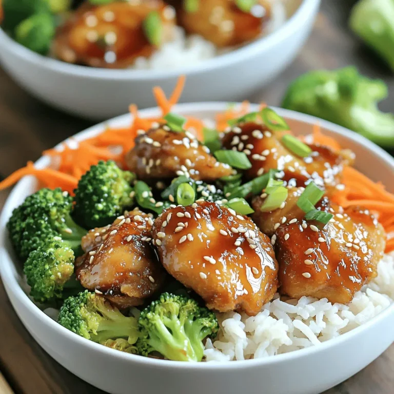 - 1 lb boneless, skinless chicken thighs, cut into bite-sized pieces - 1/2 cup cornstarch - 3 tablespoons vegetable oil - 1/4 cup soy sauce (low sodium preferred) - 1/4 cup honey - 2 tablespoons rice vinegar - 2 teaspoons grated fresh ginger - 2 cloves garlic, minced - 1 teaspoon sesame oil - 2 cups cooked jasmine rice - 1 cup broccoli florets - 1 cup shredded carrots - 2 green onions, sliced - Sesame seeds for garnish When I cook Crispy Teriyaki Chicken Bowls, I love to gather these ingredients first. The chicken thighs are juicy and cook well. Cornstarch gives the chicken that perfect crunch. The vegetable oil helps with frying, making it crispy. For the sauce, I use low-sodium soy sauce. It keeps the dish from being too salty. Honey adds sweetness, while rice vinegar gives a nice tang. Fresh ginger and garlic add depth to the flavor. Finally, a touch of sesame oil gives it that rich, nutty taste. For toppings, I like to use jasmine rice as a base. It’s fragrant and fluffy. Broccoli florets add a nice crunch and color. Shredded carrots bring sweetness and texture. Green onions on top add a fresh bite, and sesame seeds give a little extra crunch. This mix of flavors and textures makes the dish so satisfying. To start, take the chicken thighs and cut them into bite-sized pieces. Next, place 1/2 cup of cornstarch in a medium bowl. Add the chicken pieces and mix well. Make sure each piece is fully coated. An even coating is key for that crispy crunch. Now, let’s make the teriyaki sauce. In a small saucepan, combine 1/4 cup of soy sauce, 1/4 cup of honey, 2 tablespoons of rice vinegar, 2 teaspoons of grated ginger, 2 minced garlic cloves, and 1 teaspoon of sesame oil. Heat it over medium heat. Stir the mix until the honey dissolves. Let it simmer for 2-3 minutes. This helps thicken the sauce just right. For the chicken, heat 3 tablespoons of vegetable oil in a large skillet over medium-high heat. Once the oil is hot, add the coated chicken pieces in a single layer. Cook for 4-5 minutes on each side. Look for a crispy, golden brown finish. Avoid overcrowding the pan; this ensures even cooking. After cooking the chicken, lower the heat to medium. Pour the teriyaki sauce over the chicken and toss to coat. Cook for another 2 minutes until everything is heated through. Meanwhile, bring water to a boil in a separate pot. Blanch 1 cup of broccoli florets for about 2 minutes. They should be bright green and tender-crisp. Drain and set aside. To assemble, start with a generous scoop of jasmine rice in each bowl. Top it with the crispy teriyaki chicken and the blanched broccoli. Add some shredded carrots for color and crunch. For a restaurant-style look, sprinkle sliced green onions and sesame seeds on top. This adds flavor and makes it look beautiful. To get that perfect crispy chicken, start with cornstarch. This ingredient is your best friend. Coat each piece evenly. Use a medium bowl for this. Make sure every side gets a nice layer. This step helps create that delightful crunch when cooked. When frying, avoid overcrowding the pan. If you add too many pieces at once, they will steam instead of fry. Cook in batches to keep the heat high. This ensures each piece turns golden brown and crispy. You can adjust the flavor of your teriyaki sauce. If you like it sweeter, add more honey. For a saltier taste, add a touch more soy sauce. This way, you can make it just right for your taste buds. Want to add extra flavor? Try adding crushed red pepper flakes for heat. You can also toss in some chopped pineapple for a sweet twist. Both options will give your dish more character. If you have leftover chicken, re-crisp it easily. Preheat your oven to 400°F. Place the chicken on a baking sheet for about 10 minutes. This will bring back that crispy texture. For meal prep, you can make this dish ahead. Cook the chicken and store it separately from the rice and veggies. This way, you can heat them up when you are ready to eat. {{image_2}} You can switch up the protein in your teriyaki bowls. While chicken thighs are my favorite for their rich flavor, chicken breast is also great. It has less fat, which can be nice if you want a lighter meal. Just remember, chicken breast cooks faster, so keep an eye on it. If you prefer vegetarian options, tofu is a fantastic choice. Press the tofu to remove extra moisture, then cut it into cubes. Coat the tofu in cornstarch just like the chicken. Fry it until golden brown for a crispy texture. This way, you get a delicious meal that fits your diet. The teriyaki sauce is the star of this dish, but you can change it up. If you like heat, try a spicy teriyaki option. Add sriracha or red pepper flakes to the sauce for a kick. This twist can elevate your dish and make it more exciting. You can also experiment with sweeteners. Instead of honey, use maple syrup or agave nectar. Each sweetener gives a unique flavor. Adjust the amount based on your taste. A little extra sweetness can balance the saltiness of the soy sauce. When serving your crispy teriyaki chicken, think about the sides. You can pair it with other grains like quinoa or brown rice. They add different textures and flavors to your meal. Don't forget to add more veggies, too! Consider adding roasted bell peppers, snap peas, or bok choy. These vegetables add color and nutrition. You could even toss in some edamame for extra protein. Mixing different veggies makes your meal vibrant and fun. Feel free to get creative and make this dish your own! To keep your crispy teriyaki chicken fresh, store leftovers in the fridge. Use an airtight container for best results. This prevents the chicken from drying out. It can last about 3 to 4 days when stored properly. If you want to save it for later, consider freezing. Place the chicken and veggies in a freezer-safe bag. Remove as much air as possible before sealing. This helps avoid freezer burn. You can freeze the dish for up to 3 months. When it's time to reheat, avoid the microwave if you can. Use a skillet over low heat for the best results. Add a splash of water or broth to keep moisture. Stir the chicken and rice often to heat evenly. If you prefer the microwave, use a microwave-safe bowl. Cover it with a damp paper towel. This helps keep the chicken moist. Aim for 1-2 minutes, checking halfway through. In your pantry, soy sauce can last for years. Honey is also long-lasting. Rice vinegar holds up well too. Fresh ginger and garlic, however, have a shorter shelf life. They last about a week in the fridge. Check for signs of spoilage. If the ginger is soft or moldy, it's time to toss it. Garlic should be firm and free from sprouts. This ensures your teriyaki sauce remains tasty and safe to eat. To make teriyaki sauce, you need these ingredients: - 1/4 cup soy sauce - 1/4 cup honey - 2 tablespoons rice vinegar - 2 teaspoons grated fresh ginger - 2 cloves garlic, minced - 1 teaspoon sesame oil In a small saucepan, mix these ingredients. Heat the mixture over medium heat. Stir until the honey dissolves. Cook for 2-3 minutes until the sauce thickens slightly. Remove from heat and use it to coat your chicken. Yes, you can use other vegetables in this recipe. Some great choices are: - Bell peppers - Snap peas - Zucchini - Cauliflower Feel free to mix and match. Just cut them into bite-sized pieces. Adjust cooking time based on the vegetable you choose. You can serve many delicious sides with teriyaki chicken bowls. Some tasty options are: - Steamed edamame - Cucumber salad - Miso soup - Fried rice These sides will enhance the meal and add more flavor. To make this recipe gluten-free, use gluten-free soy sauce. Ensure that other ingredients are gluten-free as well. Most honey, rice vinegar, and sesame oil are safe. Always check labels to avoid gluten. To add spice, you can: - Mix in red pepper flakes. - Add sriracha or chili sauce to the teriyaki sauce. - Top with sliced jalapeños. These options will give your teriyaki chicken a nice kick! In this article, we explored how to make crispy teriyaki chicken. We discussed the key ingredients, from chicken thighs to the perfect teriyaki sauce. Following clear steps, I showed how to prepare, cook, and assemble your dish. I shared tips for achieving the crispiest chicken and ways to personalize the flavor. Remember, storing and reheating properly keeps your meal fresh. Whether you follow the recipe or make it your own, your teriyaki chicken will be a hit! Enjoy your cooking journey.