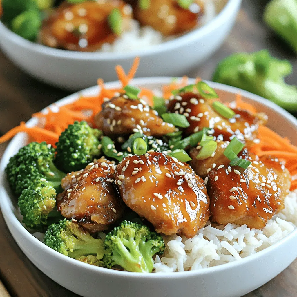 - 1 lb boneless, skinless chicken thighs, cut into bite-sized pieces - 1/2 cup cornstarch - 3 tablespoons vegetable oil - 1/4 cup soy sauce (low sodium preferred) - 1/4 cup honey - 2 tablespoons rice vinegar - 2 teaspoons grated fresh ginger - 2 cloves garlic, minced - 1 teaspoon sesame oil - 2 cups cooked jasmine rice - 1 cup broccoli florets - 1 cup shredded carrots - 2 green onions, sliced - Sesame seeds for garnish When I cook Crispy Teriyaki Chicken Bowls, I love to gather these ingredients first. The chicken thighs are juicy and cook well. Cornstarch gives the chicken that perfect crunch. The vegetable oil helps with frying, making it crispy. For the sauce, I use low-sodium soy sauce. It keeps the dish from being too salty. Honey adds sweetness, while rice vinegar gives a nice tang. Fresh ginger and garlic add depth to the flavor. Finally, a touch of sesame oil gives it that rich, nutty taste. For toppings, I like to use jasmine rice as a base. It’s fragrant and fluffy. Broccoli florets add a nice crunch and color. Shredded carrots bring sweetness and texture. Green onions on top add a fresh bite, and sesame seeds give a little extra crunch. This mix of flavors and textures makes the dish so satisfying. To start, take the chicken thighs and cut them into bite-sized pieces. Next, place 1/2 cup of cornstarch in a medium bowl. Add the chicken pieces and mix well. Make sure each piece is fully coated. An even coating is key for that crispy crunch. Now, let’s make the teriyaki sauce. In a small saucepan, combine 1/4 cup of soy sauce, 1/4 cup of honey, 2 tablespoons of rice vinegar, 2 teaspoons of grated ginger, 2 minced garlic cloves, and 1 teaspoon of sesame oil. Heat it over medium heat. Stir the mix until the honey dissolves. Let it simmer for 2-3 minutes. This helps thicken the sauce just right. For the chicken, heat 3 tablespoons of vegetable oil in a large skillet over medium-high heat. Once the oil is hot, add the coated chicken pieces in a single layer. Cook for 4-5 minutes on each side. Look for a crispy, golden brown finish. Avoid overcrowding the pan; this ensures even cooking. After cooking the chicken, lower the heat to medium. Pour the teriyaki sauce over the chicken and toss to coat. Cook for another 2 minutes until everything is heated through. Meanwhile, bring water to a boil in a separate pot. Blanch 1 cup of broccoli florets for about 2 minutes. They should be bright green and tender-crisp. Drain and set aside. To assemble, start with a generous scoop of jasmine rice in each bowl. Top it with the crispy teriyaki chicken and the blanched broccoli. Add some shredded carrots for color and crunch. For a restaurant-style look, sprinkle sliced green onions and sesame seeds on top. This adds flavor and makes it look beautiful. To get that perfect crispy chicken, start with cornstarch. This ingredient is your best friend. Coat each piece evenly. Use a medium bowl for this. Make sure every side gets a nice layer. This step helps create that delightful crunch when cooked. When frying, avoid overcrowding the pan. If you add too many pieces at once, they will steam instead of fry. Cook in batches to keep the heat high. This ensures each piece turns golden brown and crispy. You can adjust the flavor of your teriyaki sauce. If you like it sweeter, add more honey. For a saltier taste, add a touch more soy sauce. This way, you can make it just right for your taste buds. Want to add extra flavor? Try adding crushed red pepper flakes for heat. You can also toss in some chopped pineapple for a sweet twist. Both options will give your dish more character. If you have leftover chicken, re-crisp it easily. Preheat your oven to 400°F. Place the chicken on a baking sheet for about 10 minutes. This will bring back that crispy texture. For meal prep, you can make this dish ahead. Cook the chicken and store it separately from the rice and veggies. This way, you can heat them up when you are ready to eat. {{image_2}} You can switch up the protein in your teriyaki bowls. While chicken thighs are my favorite for their rich flavor, chicken breast is also great. It has less fat, which can be nice if you want a lighter meal. Just remember, chicken breast cooks faster, so keep an eye on it. If you prefer vegetarian options, tofu is a fantastic choice. Press the tofu to remove extra moisture, then cut it into cubes. Coat the tofu in cornstarch just like the chicken. Fry it until golden brown for a crispy texture. This way, you get a delicious meal that fits your diet. The teriyaki sauce is the star of this dish, but you can change it up. If you like heat, try a spicy teriyaki option. Add sriracha or red pepper flakes to the sauce for a kick. This twist can elevate your dish and make it more exciting. You can also experiment with sweeteners. Instead of honey, use maple syrup or agave nectar. Each sweetener gives a unique flavor. Adjust the amount based on your taste. A little extra sweetness can balance the saltiness of the soy sauce. When serving your crispy teriyaki chicken, think about the sides. You can pair it with other grains like quinoa or brown rice. They add different textures and flavors to your meal. Don't forget to add more veggies, too! Consider adding roasted bell peppers, snap peas, or bok choy. These vegetables add color and nutrition. You could even toss in some edamame for extra protein. Mixing different veggies makes your meal vibrant and fun. Feel free to get creative and make this dish your own! To keep your crispy teriyaki chicken fresh, store leftovers in the fridge. Use an airtight container for best results. This prevents the chicken from drying out. It can last about 3 to 4 days when stored properly. If you want to save it for later, consider freezing. Place the chicken and veggies in a freezer-safe bag. Remove as much air as possible before sealing. This helps avoid freezer burn. You can freeze the dish for up to 3 months. When it's time to reheat, avoid the microwave if you can. Use a skillet over low heat for the best results. Add a splash of water or broth to keep moisture. Stir the chicken and rice often to heat evenly. If you prefer the microwave, use a microwave-safe bowl. Cover it with a damp paper towel. This helps keep the chicken moist. Aim for 1-2 minutes, checking halfway through. In your pantry, soy sauce can last for years. Honey is also long-lasting. Rice vinegar holds up well too. Fresh ginger and garlic, however, have a shorter shelf life. They last about a week in the fridge. Check for signs of spoilage. If the ginger is soft or moldy, it's time to toss it. Garlic should be firm and free from sprouts. This ensures your teriyaki sauce remains tasty and safe to eat. To make teriyaki sauce, you need these ingredients: - 1/4 cup soy sauce - 1/4 cup honey - 2 tablespoons rice vinegar - 2 teaspoons grated fresh ginger - 2 cloves garlic, minced - 1 teaspoon sesame oil In a small saucepan, mix these ingredients. Heat the mixture over medium heat. Stir until the honey dissolves. Cook for 2-3 minutes until the sauce thickens slightly. Remove from heat and use it to coat your chicken. Yes, you can use other vegetables in this recipe. Some great choices are: - Bell peppers - Snap peas - Zucchini - Cauliflower Feel free to mix and match. Just cut them into bite-sized pieces. Adjust cooking time based on the vegetable you choose. You can serve many delicious sides with teriyaki chicken bowls. Some tasty options are: - Steamed edamame - Cucumber salad - Miso soup - Fried rice These sides will enhance the meal and add more flavor. To make this recipe gluten-free, use gluten-free soy sauce. Ensure that other ingredients are gluten-free as well. Most honey, rice vinegar, and sesame oil are safe. Always check labels to avoid gluten. To add spice, you can: - Mix in red pepper flakes. - Add sriracha or chili sauce to the teriyaki sauce. - Top with sliced jalapeños. These options will give your teriyaki chicken a nice kick! In this article, we explored how to make crispy teriyaki chicken. We discussed the key ingredients, from chicken thighs to the perfect teriyaki sauce. Following clear steps, I showed how to prepare, cook, and assemble your dish. I shared tips for achieving the crispiest chicken and ways to personalize the flavor. Remember, storing and reheating properly keeps your meal fresh. Whether you follow the recipe or make it your own, your teriyaki chicken will be a hit! Enjoy your cooking journey.