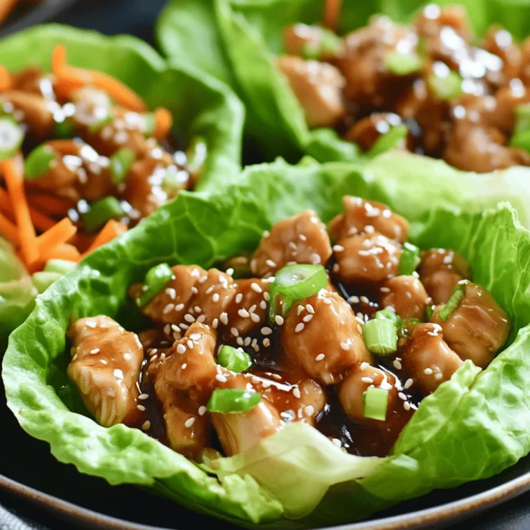 To make Teriyaki Chicken Lettuce Cups, you need the following ingredients: - 1 lb boneless, skinless chicken thighs, diced - 1 tablespoon olive oil - 3 cloves garlic, minced - 1 tablespoon ginger, minced - 1/4 cup soy sauce (low sodium) - 2 tablespoons honey - 1 tablespoon rice vinegar - 1 teaspoon sesame oil - 1/2 teaspoon crushed red pepper flakes (optional) - 1 cup shredded carrots - 1/4 cup green onions, sliced - Butter lettuce or iceberg lettuce leaves (for cups) - Sesame seeds for garnish You can easily change some ingredients to fit your needs. If you want a lower-calorie option, use chicken breast instead of thighs. For a vegetarian dish, swap chicken for diced tofu. You can also use coconut aminos instead of soy sauce for a soy-free version. If you don’t want honey, agave syrup works well too. Using fresh ingredients makes a big difference. Buy chicken thighs that are bright in color and firm to the touch. Use fresh garlic and ginger for the best flavor. When picking lettuce, choose leaves that are crisp and green, with no brown spots. Keep your carrots vibrant and crunchy by choosing ones that feel firm. Storing these fresh ingredients properly helps maintain their quality for your teriyaki chicken cups. 1. First, heat one tablespoon of olive oil in a large skillet over medium-high heat. 2. Next, add one pound of diced chicken thighs. Cook for about five minutes. Stir often until the chicken is brown and cooked through. 3. After that, stir in three minced garlic cloves and one tablespoon of minced ginger. Cook for one to two minutes until you smell the aroma. 4. In a small bowl, whisk together 1/4 cup of low-sodium soy sauce, two tablespoons of honey, one tablespoon of rice vinegar, one teaspoon of sesame oil, and crushed red pepper flakes if you want some heat. 5. Pour this sauce over the cooked chicken. Stir well to mix everything. Let it simmer for three to four minutes. This helps the flavors blend and the sauce thicken a bit. 6. Remove the pan from heat. Mix in one cup of shredded carrots and 1/4 cup of sliced green onions. This warms them up without losing their crunch. 7. To serve, take butter or iceberg lettuce leaves and spoon the teriyaki chicken mixture into each leaf, creating cups. 8. Finally, sprinkle some sesame seeds on top before serving for a nice touch. Prepping before you cook is key to a smooth cooking process. Gather all your ingredients first. This makes cooking faster and more fun. Chop your chicken, mince the garlic, and slice the green onions. Having everything ready means you won’t rush or forget steps. It also helps keep your workspace clean and organized. To make cooking easier, consider watching a video on making teriyaki chicken lettuce cups. Visuals can help you see the texture of the chicken at each step. You can find great cooking channels on platforms like YouTube. A video can also show how to fold the lettuce cups just right. This way, you can feel more confident about your cooking! When cooking chicken thighs, choose boneless and skinless for best results. Cut them into small cubes. This helps them cook evenly and stay juicy. Heat olive oil in a skillet over medium-high heat. Add the chicken and cook for about five minutes. Keep stirring to brown all sides. The chicken will be done when it reaches an internal temperature of 165°F. This ensures your meal is safe to eat. To make a great teriyaki sauce, combine soy sauce, honey, rice vinegar, and sesame oil. Whisk them well in a bowl. Pour this mixture over the cooked chicken in the skillet. Let it simmer for three to four minutes. This helps the sauce thicken and coat the chicken. If you want it thicker, simmer it a little longer. Just keep an eye on it to avoid burning. For a nice presentation, choose fresh lettuce leaves. Butter lettuce or iceberg works well. Spoon the teriyaki chicken mixture into each leaf. Add shredded carrots and sliced green onions for color and crunch. Finally, sprinkle sesame seeds on top. This adds an appealing touch. Serve on a large platter for a beautiful display. Enjoy your meal with friends and family! {{image_2}} If you want a change, try different proteins. Tofu works well for a vegetarian option. Use firm tofu and press it to remove extra water. Dice it like chicken and sauté until golden. For a seafood twist, shrimp is great too. Just cook them until they turn pink and curl up. Both options soak up the teriyaki sauce well. You can play with flavors to make these cups your own. Add some pineapple for a sweet touch. You can also mix in bell peppers for a crunchy bite. If you like spice, try adding jalapeños or extra red pepper flakes. Top with fresh cilantro or mint to brighten the dish. Each topping gives a different twist. Want to keep it light? Use ground chicken or turkey for a leaner protein. You can also swap the honey for a low-calorie sweetener. This change keeps the sweetness without the extra carbs. Use large lettuce leaves to hold more filling without adding calories. You can add more veggies like cucumbers or radishes for extra crunch and nutrients. After enjoying your Teriyaki Chicken Lettuce Cups, store any leftovers in an airtight container. Let the chicken cool down before placing it in the fridge. This keeps the chicken fresh and safe. Use a container that fits your leftovers well to avoid extra air. You can keep them in the fridge for up to three days. To reheat your Teriyaki chicken, use a skillet over medium heat. Add a splash of water or chicken broth to keep it moist. Stir the chicken for about five minutes until hot. This method helps maintain the flavor and texture. Avoid using the microwave as it can make the chicken rubbery. In the fridge, your Teriyaki chicken lasts about three days. If you want it to last longer, freeze it. In the freezer, it can last for about three months. Make sure to label the container with the date you froze it. To thaw, place it in the fridge overnight before reheating. This keeps every bite tasty and fresh. You can serve many tasty sides with Teriyaki Chicken Lettuce Cups. Here are some great choices: - Jasmine rice or brown rice - Steamed broccoli or snap peas - Edamame for a protein boost - A light cucumber salad for crunch These sides balance the meal well and add more flavors. Yes, you can make this recipe in advance. Cook the chicken and sauce ahead of time. Store them in an airtight container in the fridge. Just reheat when you are ready to serve. Prepare the lettuce cups fresh to keep them crisp. To make Teriyaki Chicken Lettuce Cups gluten-free, use gluten-free soy sauce. Many brands offer good options. Check the labels to be sure. All other ingredients are naturally gluten-free, making this a great choice for those with gluten sensitivities. You learned about making Teriyaki Chicken Lettuce Cups. We covered ingredients, steps, and useful tips. You can swap ingredients for different diets or flavors. Proper prep helps ensure great results, and storage tips keep leftovers tasty. Explore variations, too, like using tofu or shrimp. You can serve these cups with many sides. Make them in advance for easy meals. This dish is a fun way to enjoy healthy eating. Try this recipe yourself and enjoy the taste!