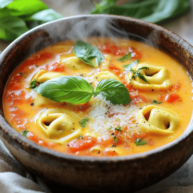 - 2 tablespoons olive oil - 1 medium onion, diced - 3 cloves garlic, minced - 1 cup fresh basil leaves, chopped - 1 package (9 oz) fresh cheese tortellini - 1 can (28 oz) crushed tomatoes - 4 cups vegetable broth - 1 cup heavy cream (or coconut cream for dairy-free) - 1 tablespoon sugar - 1 teaspoon dried oregano - 1 teaspoon dried basil - 1/2 teaspoon red pepper flakes - Grated Parmesan cheese for serving Start by heating the olive oil in a large pot over medium heat. Add the diced onion and let it cook for about five minutes. You want it to turn soft and clear. Next, add the minced garlic. Cook it for one to two minutes until it smells great. This step builds the flavor and aroma. Now it's time to mix in the main ingredients. Pour in the crushed tomatoes and vegetable broth. Stir everything to blend well. Then, add the heavy cream or coconut cream, sugar, dried oregano, dried basil, and red pepper flakes if you like some heat. Bring this mix to a gentle simmer. This helps all the flavors come together. Next, stir in the fresh tortellini. Cook according to the package instructions, usually about three to five minutes. You want the tortellini to be tender. Once cooked, fold in the fresh basil and season with salt and pepper to your taste. Remove the pot from heat and let the soup sit for a few minutes. This allows it to thicken slightly, making it even more delightful. To make your soup creamy, you can use heavy cream. It adds a rich texture and taste. If you want a lighter option, try coconut cream. It gives a nice, subtle sweetness. Both options work well, so choose what you like best. Taste your soup as you cook. If it’s too acidic, add a little sugar. Start with one tablespoon. If you want more spice, add red pepper flakes. Just a pinch brings warmth without overwhelming the dish. Adjust to your taste for the perfect balance. Serving is key to making your soup look great. Use large bowls to show off the vibrant colors. Garnish with extra chopped basil for a fresh touch. A sprinkle of grated Parmesan cheese adds flavor and a nice finish. A beautiful presentation makes every bite more enjoyable. {{image_2}} You can lighten up this soup by swapping some ingredients. Instead of heavy cream, try coconut cream. It gives a nice taste without the added fat. You can also use low-sodium vegetable broth. This keeps the soup tasty but cuts down on salt. Adding protein boosts the meal. You can cook diced chicken right in the pot. It adds a savory flavor and makes the soup heartier. If you want a plant-based option, throw in some canned beans like cannellini or chickpeas. They add texture and make the soup filling. To make this recipe vegan, use coconut cream instead of heavy cream. Replace the cheese tortellini with vegan tortellini or any pasta you love. Check the labels to ensure everything is dairy-free. This way, you can enjoy the same rich flavors in a vegan-friendly dish. To keep your creamy tomato basil tortellini soup fresh, store it in the fridge. Use an airtight container to hold the soup. Let it cool before sealing. This prevents condensation, which can make the soup watery. It is best to eat leftovers within three to four days for the best taste. For longer storage, you can freeze the soup. Allow it to cool completely, then pour it into freezer-safe containers. Leave some space at the top for expansion. Seal the containers tightly. When you want to eat it, thaw it overnight in the fridge. To reheat, warm it on the stove over medium heat, stirring often. Add a splash of cream or broth to restore its creaminess. In the fridge, your soup will stay fresh for about three to four days. If you freeze it, it can last for up to three months. To ensure quality, always check for signs of spoilage before eating. If it looks or smells off, it's best to discard it. Yes, you can make this soup ahead of time. It holds well in the fridge. Here are some tips for pre-preparation and reheating: - Prep the soup: Follow the recipe until you add the tortellini. This keeps the pasta from getting mushy. - Store it: Place the soup in an airtight container. It lasts about three days in the fridge. - Reheat: Warm the soup on the stove over low heat. Stir gently to mix in the flavors. If you want options, here are some great substitutes for cheese tortellini: - Other pasta types: You can use small shapes like shells or elbows. - Meat tortellini: For added flavor, try meat-filled tortellini. - Gluten-free pasta: Use gluten-free pasta if you need a gluten-free option. This soup can be made gluten-free with a few easy swaps. Here’s how: - Use gluten-free pasta: Look for gluten-free tortellini or any small gluten-free pasta. - Check labels: Ensure vegetable broth and canned tomatoes are gluten-free. - Dairy options: Coconut cream is naturally gluten-free, making it a great alternative to heavy cream. This soup is easy to make with fresh and pantry ingredients. You learned how to prepare a rich base, combine flavors, and cook the tortellini. I shared tips to make your soup creamy and balanced. You can also explore healthy options, add proteins, or adapt it for vegan diets. In the end, this versatile soup is sure to satisfy. Enjoy it now or save leftovers for later—it keeps well! Embrace your creativity with flavors and ingredients that excite you.
