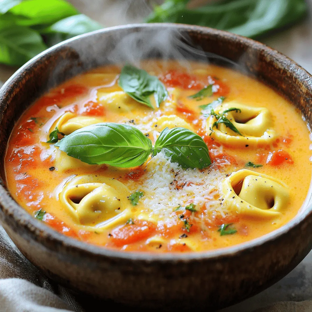 - 2 tablespoons olive oil - 1 medium onion, diced - 3 cloves garlic, minced - 1 cup fresh basil leaves, chopped - 1 package (9 oz) fresh cheese tortellini - 1 can (28 oz) crushed tomatoes - 4 cups vegetable broth - 1 cup heavy cream (or coconut cream for dairy-free) - 1 tablespoon sugar - 1 teaspoon dried oregano - 1 teaspoon dried basil - 1/2 teaspoon red pepper flakes - Grated Parmesan cheese for serving Start by heating the olive oil in a large pot over medium heat. Add the diced onion and let it cook for about five minutes. You want it to turn soft and clear. Next, add the minced garlic. Cook it for one to two minutes until it smells great. This step builds the flavor and aroma. Now it's time to mix in the main ingredients. Pour in the crushed tomatoes and vegetable broth. Stir everything to blend well. Then, add the heavy cream or coconut cream, sugar, dried oregano, dried basil, and red pepper flakes if you like some heat. Bring this mix to a gentle simmer. This helps all the flavors come together. Next, stir in the fresh tortellini. Cook according to the package instructions, usually about three to five minutes. You want the tortellini to be tender. Once cooked, fold in the fresh basil and season with salt and pepper to your taste. Remove the pot from heat and let the soup sit for a few minutes. This allows it to thicken slightly, making it even more delightful. To make your soup creamy, you can use heavy cream. It adds a rich texture and taste. If you want a lighter option, try coconut cream. It gives a nice, subtle sweetness. Both options work well, so choose what you like best. Taste your soup as you cook. If it’s too acidic, add a little sugar. Start with one tablespoon. If you want more spice, add red pepper flakes. Just a pinch brings warmth without overwhelming the dish. Adjust to your taste for the perfect balance. Serving is key to making your soup look great. Use large bowls to show off the vibrant colors. Garnish with extra chopped basil for a fresh touch. A sprinkle of grated Parmesan cheese adds flavor and a nice finish. A beautiful presentation makes every bite more enjoyable. {{image_2}} You can lighten up this soup by swapping some ingredients. Instead of heavy cream, try coconut cream. It gives a nice taste without the added fat. You can also use low-sodium vegetable broth. This keeps the soup tasty but cuts down on salt. Adding protein boosts the meal. You can cook diced chicken right in the pot. It adds a savory flavor and makes the soup heartier. If you want a plant-based option, throw in some canned beans like cannellini or chickpeas. They add texture and make the soup filling. To make this recipe vegan, use coconut cream instead of heavy cream. Replace the cheese tortellini with vegan tortellini or any pasta you love. Check the labels to ensure everything is dairy-free. This way, you can enjoy the same rich flavors in a vegan-friendly dish. To keep your creamy tomato basil tortellini soup fresh, store it in the fridge. Use an airtight container to hold the soup. Let it cool before sealing. This prevents condensation, which can make the soup watery. It is best to eat leftovers within three to four days for the best taste. For longer storage, you can freeze the soup. Allow it to cool completely, then pour it into freezer-safe containers. Leave some space at the top for expansion. Seal the containers tightly. When you want to eat it, thaw it overnight in the fridge. To reheat, warm it on the stove over medium heat, stirring often. Add a splash of cream or broth to restore its creaminess. In the fridge, your soup will stay fresh for about three to four days. If you freeze it, it can last for up to three months. To ensure quality, always check for signs of spoilage before eating. If it looks or smells off, it's best to discard it. Yes, you can make this soup ahead of time. It holds well in the fridge. Here are some tips for pre-preparation and reheating: - Prep the soup: Follow the recipe until you add the tortellini. This keeps the pasta from getting mushy. - Store it: Place the soup in an airtight container. It lasts about three days in the fridge. - Reheat: Warm the soup on the stove over low heat. Stir gently to mix in the flavors. If you want options, here are some great substitutes for cheese tortellini: - Other pasta types: You can use small shapes like shells or elbows. - Meat tortellini: For added flavor, try meat-filled tortellini. - Gluten-free pasta: Use gluten-free pasta if you need a gluten-free option. This soup can be made gluten-free with a few easy swaps. Here’s how: - Use gluten-free pasta: Look for gluten-free tortellini or any small gluten-free pasta. - Check labels: Ensure vegetable broth and canned tomatoes are gluten-free. - Dairy options: Coconut cream is naturally gluten-free, making it a great alternative to heavy cream. This soup is easy to make with fresh and pantry ingredients. You learned how to prepare a rich base, combine flavors, and cook the tortellini. I shared tips to make your soup creamy and balanced. You can also explore healthy options, add proteins, or adapt it for vegan diets. In the end, this versatile soup is sure to satisfy. Enjoy it now or save leftovers for later—it keeps well! Embrace your creativity with flavors and ingredients that excite you.