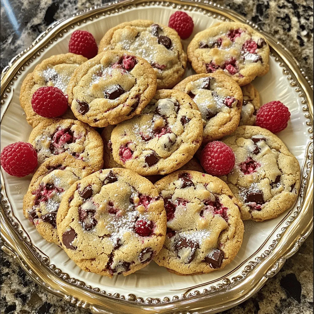 To make Raspberry Dark Chocolate Chunk Cookies, you need these key items: - 1 cup unsalted butter, softened - 3/4 cup brown sugar, packed - 1/4 cup granulated sugar - 2 large eggs - 1 teaspoon vanilla extract - 2 cups all-purpose flour - 1/2 teaspoon baking soda - 1/2 teaspoon baking powder - 1/4 teaspoon salt - 1 cup dark chocolate chunks - 1 cup fresh raspberries (lightly mashed) - 1/2 cup rolled oats These ingredients work together to create a wonderfully rich and fruity cookie. The butter and sugars mix to provide a creamy base. The eggs give it structure, while the chocolate and raspberries add flavor bursts. You can enhance your cookies with these optional ingredients: - 1/2 cup chopped nuts (like walnuts or pecans) - 1/2 teaspoon cinnamon for warmth - A pinch of sea salt for a sweet-salty twist Adding nuts gives texture. Cinnamon adds warmth, and sea salt balances sweetness. If you need to change up the ingredients, here are some great swaps: - Use coconut oil instead of butter for a dairy-free option - Swap brown sugar for coconut sugar for a lower glycemic index - Use gluten-free flour for a gluten-free version These substitutions keep the cookies delicious while fitting different diets. Remember, swapping ingredients may change the texture or flavor slightly, but it can still be tasty! 1. Start by preheating your oven to 350°F (175°C). 2. Line a baking sheet with parchment paper. This helps the cookies not stick. 3. In a bowl, cream together 1 cup of softened butter, 3/4 cup of brown sugar, and 1/4 cup of granulated sugar. Mix until it looks light and fluffy. 4. Beat in 2 large eggs, one at a time. Then add 1 teaspoon of vanilla extract. Mix well. 5. In another bowl, whisk together 2 cups of all-purpose flour, 1/2 teaspoon of baking soda, 1/2 teaspoon of baking powder, and 1/4 teaspoon of salt. 6. Gradually add the dry mix to the wet mix. Stir just until combined. 7. Gently fold in 1 cup of dark chocolate chunks, 1 cup of lightly mashed fresh raspberries, and 1/2 cup of rolled oats until everything is mixed evenly. 1. Using a tablespoon, scoop out portions of dough. Place them on the baking sheet, leaving space between each cookie. 2. Bake for 10-12 minutes. The edges should be lightly golden, and the centers should look set. 1. Once done, remove the cookies from the oven. 2. Let them cool on the baking sheet for 5 minutes. 3. Transfer the cookies to a wire rack to cool completely. 4. For a beautiful presentation, place the cookies on a decorative plate. Sprinkle a few whole raspberries around. Optionally, dust with powdered sugar for extra flair. To make soft and chewy cookies, start with room-temperature butter. This helps create a light and fluffy mix. When you cream the butter and sugars, mix until just combined. Over-mixing can lead to tough cookies. Use a light touch when folding in the dark chocolate and raspberries. This way, you keep the dough airy. Also, be careful not to overbake. Cookies should be golden at the edges but soft in the middle. One common mistake is using cold butter. Cold butter does not blend well and can lead to dense cookies. Another pitfall is not measuring flour correctly. Too much flour can make cookies dry. Use a spoon to fluff the flour before scooping it into your measuring cup. Lastly, don’t skip the cooling step. Letting cookies cool on a wire rack helps them set properly. For extra flavor, consider adding a pinch of cinnamon or nutmeg to the dry mix. You can also swap half of the dark chocolate for white chocolate for a fun twist. For a lovely presentation, place cookies on a decorative plate. Add fresh raspberries around the cookies for color. Dusting with powdered sugar can add charm and sweetness. These small touches make your cookies shine at any gathering. {{image_2}} You can make these cookies gluten-free. Replace all-purpose flour with a gluten-free blend. Look for a mix that contains xanthan gum. This will help hold the cookies together. Adjust the amount based on the package instructions. I suggest using 2 cups of the blend for the best results. To make these cookies vegan, swap out the butter and eggs. Use a plant-based butter and a flax egg. To make a flax egg, mix 1 tablespoon of ground flaxseed with 2.5 tablespoons of water. Let it sit for a few minutes until it thickens. This will help bind the dough just like eggs do. You can change up the flavors in your cookies. Try adding chopped nuts, like walnuts or pecans. They add a nice crunch. You can also add a hint of almond extract for a unique taste. For a tropical twist, include coconut flakes or even a splash of orange zest. Each option makes the cookies even more special. To keep your cookies fresh, place them in an airtight container. This helps keep them soft and moist. You can store them at room temperature for up to five days. If you want to keep them longer, consider freezing them. Freezing these cookies is easy! First, let them cool completely. Next, place the cookies in a single layer on a baking sheet. Freeze them for about an hour. Once frozen, transfer them to a freezer bag. This way, they won't stick together. You can freeze them for up to three months. To ensure your cookies stay fresh, avoid exposing them to air. If you notice any signs of staleness, you can refresh them by warming them in the oven for a few minutes. This will help restore their soft texture. Always check for any mold or odd smells before eating. Yes, you can use frozen raspberries. They work well in this recipe. Just make sure to lightly thaw them first. This way, they won’t add too much extra moisture to the dough. Frozen raspberries might be a bit softer, but they taste great. To get chewy cookies, use more brown sugar than white sugar. Brown sugar adds moisture. Also, do not overbake them. Pull the cookies out when the edges are golden, but the center looks a bit soft. Let them cool on the tray for a few minutes. This helps them stay chewy. These cookies pair well with ice cream, like vanilla or chocolate. You can also serve them with a glass of milk or a cup of tea. For a fun twist, add fresh raspberries on the side for extra flavor. In this post, we covered key ingredients for cookies, from main and optional elements to substitutions. We outlined clear steps for preparation, baking, cooling, and serving. I shared tips for texture, common mistakes to avoid, and ideas for enhancing flavor. You learned about gluten-free and vegan options, along with storage tips and frequently asked questions. Baking cookies is fun and rewarding. Use these tips to make your cookie time a success. You'll impress everyone with delicious treats!