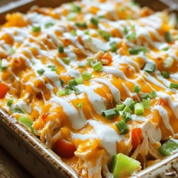- 2 cups cooked chicken, shredded - 1 cup buffalo sauce - 1 cup ranch dressing The main stars of this dish are the cooked chicken, buffalo sauce, and ranch dressing. The chicken adds protein and texture. The buffalo sauce gives it a spicy kick. The ranch dressing brings creaminess and balances the heat. Together, they create a rich base that makes this casserole so tasty. - 2 cups cooked pasta (penne or rotini) - Gluten-free options For pasta, I suggest using penne or rotini. These shapes hold the sauce well and add a nice bite. If you need a gluten-free option, try using gluten-free pasta. Just cook it according to the package instructions. This way, everyone can enjoy the dish! - 1 cup diced celery - 1 cup diced bell peppers (any color) - ½ cup green onions, chopped - 1 teaspoon garlic powder - ½ teaspoon salt - ½ teaspoon pepper - 1 teaspoon olive oil Next, we add some veggies for crunch and flavor. Diced celery and bell peppers brighten the dish. Green onions add freshness. Garlic powder, salt, and pepper enhance the taste. A drizzle of olive oil helps everything brown nicely in the oven. You can even garnish with more green onions or a bit of ranch dressing before serving. 1. First, preheat your oven to 350°F (175°C). This is important for even cooking. 2. Next, take a large mixing bowl. Combine the shredded chicken, buffalo sauce, ranch dressing, cooked pasta, diced celery, diced bell peppers, garlic powder, salt, and pepper. Mix until everything combines well. 1. Grease a 9x13 inch casserole dish. Spread half of the chicken mixture evenly in the dish. 2. Next, sprinkle half of the shredded cheddar cheese over the chicken mixture. This adds a nice cheesy layer. 3. Then, layer the remaining chicken mixture on top of the cheese layer. Finally, top with the rest of the cheddar cheese. 1. Cover the casserole with foil. Bake it in the preheated oven for 25 minutes. This keeps it moist. 2. After 25 minutes, remove the foil. Bake for an additional 10-15 minutes. You want the cheese to be golden and bubbly. 3. Once baked, take it out of the oven. Let it cool for a few minutes before serving. To get the best texture, you need to watch the baking time. Bake your casserole covered for 25 minutes. Then, remove the foil. Bake for another 10 to 15 minutes. This helps the cheese get golden and bubbly. When it comes to cheese, I recommend using sharp cheddar. It melts well and adds great flavor. You can also mix in Monterey Jack for a creamier taste. Want to boost the flavor? Try adding extra spices! A pinch of cayenne pepper can give a nice kick. You can also sprinkle in some smoked paprika for a deeper taste. Feel free to swap the buffalo sauce too. BBQ sauce works well if you want a sweeter taste. You can even use a mix of both for a fun twist! For side dishes, I love serving this casserole with a fresh salad. A simple Caesar salad or coleslaw goes great with it. Presentation matters! Serve it in the casserole dish for a rustic look. Add a sprinkle of green onions on top for color. A drizzle of ranch dressing on the side makes it even better! {{image_2}} You can make this dish healthier with a few simple swaps. Start by using low-fat ranch dressing instead of the regular kind. This cuts calories without losing flavor. You can also use low-fat shredded cheese. It melts well and keeps the taste light. Adding more vegetables is another great idea. Consider adding broccoli, spinach, or zucchini. These veggies boost nutrition and add color to your meal. They also help balance the richness of the cheese and sauce. If you want a twist, try different sauces. Swap out buffalo sauce for BBQ sauce for a sweeter taste. You can also mix in some hot sauce for extra heat. This keeps the dish exciting and new. Cheese is another area to explore. Instead of cheddar, try mozzarella or pepper jack. Each cheese brings its unique flavor and texture. Mixing cheeses can also create a creamy, rich topping. For those who need gluten-free options, use gluten-free pasta. Many brands offer great choices that taste just as good. You can also check labels on sauces to ensure they meet gluten-free standards. If you want a vegetarian version, try using meat substitutes like chickpeas or tofu. They absorb flavors well and provide protein. This way, everyone can enjoy the casserole, no matter their dietary needs. To keep your Buffalo Ranch Chicken Casserole fresh, store it in the fridge. Use airtight containers for best results. This helps prevent the casserole from drying out. You can also cover it tightly with plastic wrap or foil. Leftovers will last about 3 to 4 days in the fridge. You can reheat this casserole in the microwave or oven. If you use the microwave, heat it in short bursts. Check every minute to avoid overcooking. For the oven, preheat it to 350°F (175°C). Cover the casserole with foil to keep it moist. Bake for about 15 to 20 minutes until warm. You can freeze Buffalo Ranch Chicken Casserole for longer storage. First, let it cool completely. Then, wrap it tightly in plastic wrap and then in foil. This helps avoid freezer burn. To thaw, move it to the fridge overnight before baking. You can also bake it directly from frozen but add extra time. Buffalo Ranch Chicken Casserole lasts about 3 to 4 days in the fridge. Make sure to store it in an airtight container. This keeps it fresh and tasty. Check for any signs of spoilage before eating. Yes, you can make this casserole ahead of time. Prepare the dish and store it in the fridge before baking. Just cover it with foil. When ready, bake it for about 25 minutes. Then, remove the foil and bake until the cheese is bubbly. You can use hot sauce or BBQ sauce if you want a different flavor. Mix it with ranch dressing for a nice taste. Adjust the amount to suit your heat level. - For a milder version, try a sweet BBQ sauce. - For a spicier kick, use extra hot sauce. This casserole has a mild to medium spice level. The buffalo sauce gives it a nice kick, but the ranch dressing cools it down. If you prefer less heat, use less buffalo sauce. Adjust it to fit your taste. This makes it great for everyone! In this blog post, I covered how to make a delicious Buffalo Ranch Chicken Casserole. We looked at key ingredients like cooked chicken, buffalo sauce, and ranch dressing. I shared step-by-step instructions for perfect preparation and baking. Plus, I offered tips for texture and flavor. Don’t forget about variations for health and diet needs. Now you can create this tasty dish with ease. Enjoy making it your own and sharing it with others!