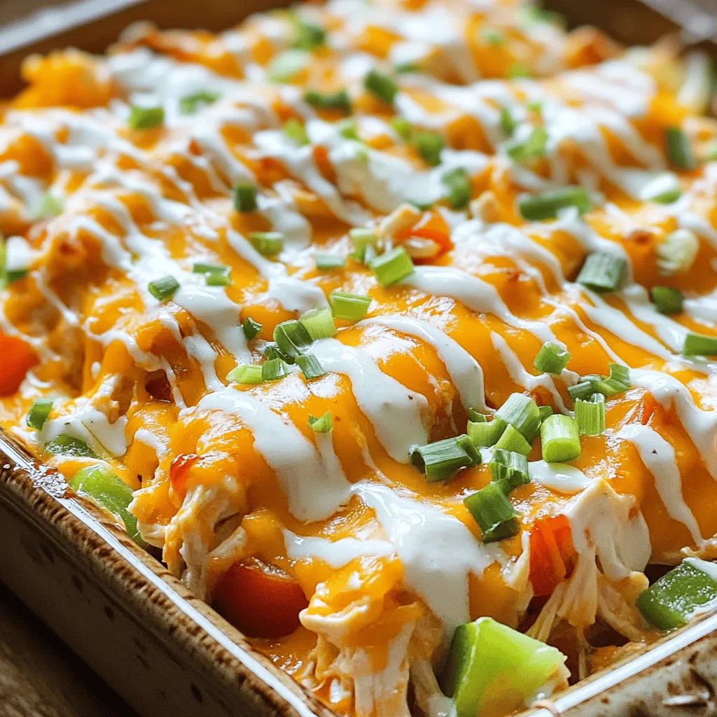 - 2 cups cooked chicken, shredded - 1 cup buffalo sauce - 1 cup ranch dressing The main stars of this dish are the cooked chicken, buffalo sauce, and ranch dressing. The chicken adds protein and texture. The buffalo sauce gives it a spicy kick. The ranch dressing brings creaminess and balances the heat. Together, they create a rich base that makes this casserole so tasty. - 2 cups cooked pasta (penne or rotini) - Gluten-free options For pasta, I suggest using penne or rotini. These shapes hold the sauce well and add a nice bite. If you need a gluten-free option, try using gluten-free pasta. Just cook it according to the package instructions. This way, everyone can enjoy the dish! - 1 cup diced celery - 1 cup diced bell peppers (any color) - ½ cup green onions, chopped - 1 teaspoon garlic powder - ½ teaspoon salt - ½ teaspoon pepper - 1 teaspoon olive oil Next, we add some veggies for crunch and flavor. Diced celery and bell peppers brighten the dish. Green onions add freshness. Garlic powder, salt, and pepper enhance the taste. A drizzle of olive oil helps everything brown nicely in the oven. You can even garnish with more green onions or a bit of ranch dressing before serving. 1. First, preheat your oven to 350°F (175°C). This is important for even cooking. 2. Next, take a large mixing bowl. Combine the shredded chicken, buffalo sauce, ranch dressing, cooked pasta, diced celery, diced bell peppers, garlic powder, salt, and pepper. Mix until everything combines well. 1. Grease a 9x13 inch casserole dish. Spread half of the chicken mixture evenly in the dish. 2. Next, sprinkle half of the shredded cheddar cheese over the chicken mixture. This adds a nice cheesy layer. 3. Then, layer the remaining chicken mixture on top of the cheese layer. Finally, top with the rest of the cheddar cheese. 1. Cover the casserole with foil. Bake it in the preheated oven for 25 minutes. This keeps it moist. 2. After 25 minutes, remove the foil. Bake for an additional 10-15 minutes. You want the cheese to be golden and bubbly. 3. Once baked, take it out of the oven. Let it cool for a few minutes before serving. To get the best texture, you need to watch the baking time. Bake your casserole covered for 25 minutes. Then, remove the foil. Bake for another 10 to 15 minutes. This helps the cheese get golden and bubbly. When it comes to cheese, I recommend using sharp cheddar. It melts well and adds great flavor. You can also mix in Monterey Jack for a creamier taste. Want to boost the flavor? Try adding extra spices! A pinch of cayenne pepper can give a nice kick. You can also sprinkle in some smoked paprika for a deeper taste. Feel free to swap the buffalo sauce too. BBQ sauce works well if you want a sweeter taste. You can even use a mix of both for a fun twist! For side dishes, I love serving this casserole with a fresh salad. A simple Caesar salad or coleslaw goes great with it. Presentation matters! Serve it in the casserole dish for a rustic look. Add a sprinkle of green onions on top for color. A drizzle of ranch dressing on the side makes it even better! {{image_2}} You can make this dish healthier with a few simple swaps. Start by using low-fat ranch dressing instead of the regular kind. This cuts calories without losing flavor. You can also use low-fat shredded cheese. It melts well and keeps the taste light. Adding more vegetables is another great idea. Consider adding broccoli, spinach, or zucchini. These veggies boost nutrition and add color to your meal. They also help balance the richness of the cheese and sauce. If you want a twist, try different sauces. Swap out buffalo sauce for BBQ sauce for a sweeter taste. You can also mix in some hot sauce for extra heat. This keeps the dish exciting and new. Cheese is another area to explore. Instead of cheddar, try mozzarella or pepper jack. Each cheese brings its unique flavor and texture. Mixing cheeses can also create a creamy, rich topping. For those who need gluten-free options, use gluten-free pasta. Many brands offer great choices that taste just as good. You can also check labels on sauces to ensure they meet gluten-free standards. If you want a vegetarian version, try using meat substitutes like chickpeas or tofu. They absorb flavors well and provide protein. This way, everyone can enjoy the casserole, no matter their dietary needs. To keep your Buffalo Ranch Chicken Casserole fresh, store it in the fridge. Use airtight containers for best results. This helps prevent the casserole from drying out. You can also cover it tightly with plastic wrap or foil. Leftovers will last about 3 to 4 days in the fridge. You can reheat this casserole in the microwave or oven. If you use the microwave, heat it in short bursts. Check every minute to avoid overcooking. For the oven, preheat it to 350°F (175°C). Cover the casserole with foil to keep it moist. Bake for about 15 to 20 minutes until warm. You can freeze Buffalo Ranch Chicken Casserole for longer storage. First, let it cool completely. Then, wrap it tightly in plastic wrap and then in foil. This helps avoid freezer burn. To thaw, move it to the fridge overnight before baking. You can also bake it directly from frozen but add extra time. Buffalo Ranch Chicken Casserole lasts about 3 to 4 days in the fridge. Make sure to store it in an airtight container. This keeps it fresh and tasty. Check for any signs of spoilage before eating. Yes, you can make this casserole ahead of time. Prepare the dish and store it in the fridge before baking. Just cover it with foil. When ready, bake it for about 25 minutes. Then, remove the foil and bake until the cheese is bubbly. You can use hot sauce or BBQ sauce if you want a different flavor. Mix it with ranch dressing for a nice taste. Adjust the amount to suit your heat level. - For a milder version, try a sweet BBQ sauce. - For a spicier kick, use extra hot sauce. This casserole has a mild to medium spice level. The buffalo sauce gives it a nice kick, but the ranch dressing cools it down. If you prefer less heat, use less buffalo sauce. Adjust it to fit your taste. This makes it great for everyone! In this blog post, I covered how to make a delicious Buffalo Ranch Chicken Casserole. We looked at key ingredients like cooked chicken, buffalo sauce, and ranch dressing. I shared step-by-step instructions for perfect preparation and baking. Plus, I offered tips for texture and flavor. Don’t forget about variations for health and diet needs. Now you can create this tasty dish with ease. Enjoy making it your own and sharing it with others!