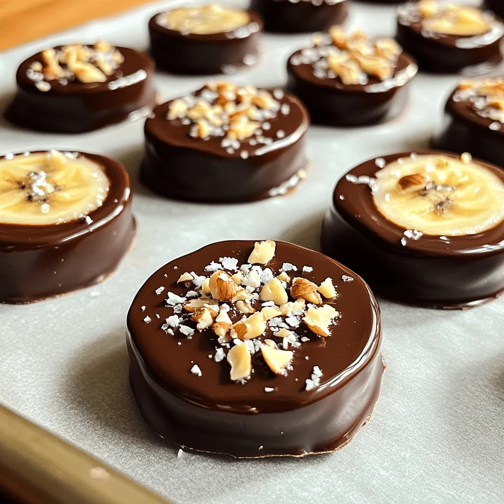 Here’s what you need for chocolate-covered banana bites: - 2 ripe bananas - 1 cup dark chocolate chips (or milk chocolate) - 1 tablespoon coconut oil - 1/4 cup crushed nuts (almonds or walnuts) - 1/4 cup shredded coconut (unsweetened) - Sea salt (optional) These ingredients blend well together to create a tasty treat. Choose ripe bananas for the best flavor. Dark chocolate gives a rich taste, while milk chocolate adds sweetness. Coconut oil helps the chocolate melt smoothly. You can choose your favorite nuts for crunch. Unsweetened shredded coconut adds a tropical touch. A sprinkle of sea salt brings out the sweetness. Each ingredient plays a role in making this treat unforgettable. To start, peel the bananas. Next, cut them into 1-inch thick rounds. This size is perfect for bites. Use a sharp knife to make clean cuts. Choose ripe bananas for the best flavor. Look for bananas with small brown spots. These are sweeter and softer. Now, it's time to melt the chocolate. Place the dark chocolate chips and coconut oil in a microwave-safe bowl. Microwave in 30-second intervals. Stir the chocolate after each interval. This helps it melt evenly. Avoid burning the chocolate by keeping a close watch. If it looks thick, give it a stir. Once the chocolate is smooth, dip each banana slice into it. Make sure to coat each slice evenly. Allow the excess chocolate to drip back into the bowl. Place the banana bites on a lined baking sheet. Before the chocolate sets, sprinkle your favorite toppings on top. Try crushed nuts or shredded coconut. You can even add a pinch of sea salt for a nice touch. After coating, put the baking sheet in the freezer. Let them freeze for at least 30 minutes. This will harden the chocolate and make them ready to enjoy! Coconut oil is key for a smooth chocolate coat. It helps make the chocolate shiny and easy to dip. Without it, chocolate can become thick and hard to work with. To dip evenly, hold the banana slice by one edge. Submerge it in the chocolate, then twist it as you pull it out. This way, you can get an even coating. Let the excess chocolate drip back into the bowl. Choosing the right chocolate makes a big difference. Dark chocolate gives a rich, bold taste. Milk chocolate is sweeter and creamier. Pick what you like best! You can also add toppings for extra fun. Try crushed nuts like almonds or walnuts for crunch. Shredded coconut adds a chewy texture. You can even sprinkle a bit of sea salt for a sweet and salty mix. Overheating chocolate is a common mistake. Always melt it in short bursts. This helps keep the chocolate smooth and prevents burning. Don't rush the freezing process. After coating the banana bites, place them in the freezer for at least 30 minutes. This allows the chocolate to harden properly. If you skip this step, the chocolate might melt off when you pick them up. {{image_2}} You can switch up the chocolate for your banana bites. Using white chocolate gives a sweet twist. It adds a creamy flavor that pairs well with bananas. You can also try flavored chocolates. Think about mint or orange chocolate for a fun change. These options add unique tastes to the bites. Toppings can change the whole vibe of your banana bites. Nuts and seeds add crunch. Try almonds, walnuts, or even pistachios. You can also use seeds like chia or sunflower for extra nutrition. For fruity flavors, add freeze-dried strawberries or raspberries. You could sprinkle cinnamon or nutmeg for a warm kick. These toppings bring more fun and taste to each bite. If you need a gluten-free treat, you’re in luck. All the ingredients can be gluten-free. Just check your chocolate and nuts to be sure. For vegan options, use dairy-free chocolate. This way, everyone can enjoy the banana bites. You still get that rich chocolate flavor without dairy. You can store chocolate-covered banana bites in the freezer or refrigerator. The freezer keeps them best. They stay fresh and tasty for longer. If you keep them in the fridge, they can change texture. The chocolate may get soft and lose its crunch. For the best taste, use the freezer. In the freezer, chocolate-covered banana bites last up to a week. They maintain their flavor and texture if kept in an airtight container. If you try to store them longer, they may lose quality. I suggest you eat them within a week for the best experience. To thaw chocolate-covered banana bites, take them out of the freezer. Let them sit at room temperature for about 10 minutes. This keeps the chocolate from getting too soft. You can also eat them cold for a nice treat. Enjoy them right away for the best taste! Yes, you can use frozen bananas for this recipe. Frozen bananas work well for smoothies or baking. However, for chocolate-covered bites, fresh bananas taste better. If you use frozen bananas, let them thaw slightly. This helps them stay firm when you coat them in chocolate. If you don't have coconut oil, you can use butter or shortening. Both will help the chocolate melt smoothly. You can also skip the fat, but the chocolate may not coat as well. Just choose a method that fits your taste. If your chocolate gets thick and clumpy, don’t worry! You can save it. Add a small amount of vegetable oil to the chocolate. Stir it in slowly until you get a smooth texture. If it’s still too thick, try heating it gently in the microwave again. Just heat in short bursts. We covered how to make tasty chocolate-covered banana bites with simple ingredients. You learned about the best way to prepare bananas, melt chocolate, and coat them evenly. I shared tips for perfecting your chocolate coating and explored delicious variations and storage options. Now, you can enjoy these easy treats and customize them to your tastes. Remember, practice makes perfect! Enjoy every bite of your creation and share them with friends and family.