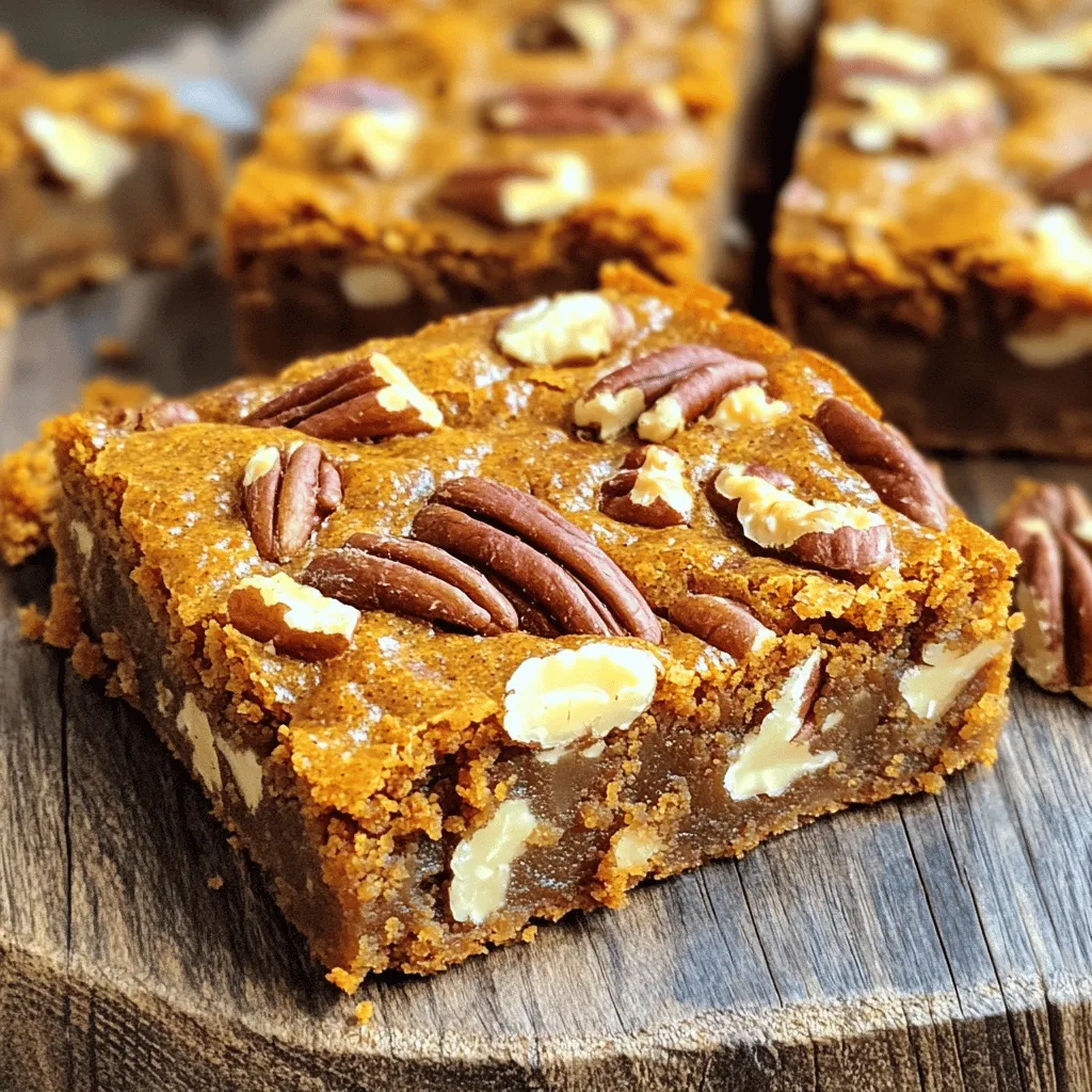 To make your pumpkin pecan blondies, gather these simple ingredients: - 1 cup pumpkin puree - 1 cup brown sugar - 1/2 cup granulated sugar - 1/2 cup unsalted butter, melted - 2 large eggs - 1 teaspoon vanilla extract - 2 cups all-purpose flour - 1 teaspoon baking powder - 1/2 teaspoon baking soda - 1/2 teaspoon salt - 1 teaspoon ground cinnamon - 1/2 teaspoon ground nutmeg - 1/2 cup chopped pecans - 1/2 cup white chocolate chips (optional) You might not have all the ingredients on hand. Here are some easy swaps: - Use coconut oil instead of unsalted butter for a dairy-free option. - Swap brown sugar for coconut sugar for a lower glycemic index. - Try almond flour instead of all-purpose flour for a gluten-free option. - If you don’t have pecans, walnuts work well too. - Leave out white chocolate chips if you prefer a more classic flavor. To make this recipe, you will need a few basic tools: - A large mixing bowl for combining ingredients. - A whisk for blending the wet ingredients smoothly. - A separate bowl for sifting dry ingredients. - A spatula for folding in the pecans and chocolate chips. - A 9x13-inch baking pan, greased or lined with parchment paper. - An oven to bake your blondies to perfection. - A wire rack to cool them down properly. First, preheat your oven to 350°F (175°C). Grease a 9x13-inch baking pan or line it with parchment paper. This step helps with easy removal later. In a large bowl, mix the melted butter, pumpkin puree, brown sugar, and granulated sugar. Whisk until it looks smooth. Then, add the eggs one at a time. Mix well after each egg. Stir in the vanilla extract next. In another bowl, combine the dry ingredients. Sift together the flour, baking powder, baking soda, salt, cinnamon, and nutmeg. Slowly add this mixture to the wet ingredients. Stir until just combined. Be careful not to overmix, as this keeps your blondies soft. Now, gently fold in the chopped pecans and white chocolate chips if you choose to use them. Pour the batter into your prepared pan. Use a spatula to smooth the top. Bake in the preheated oven for 30 to 35 minutes. You know they're done when they turn golden brown. Insert a toothpick in the center. If it comes out clean, the blondies are ready. After baking, remove the pan from the oven. Let the blondies cool in the pan for about 10 minutes. This makes them easier to handle. Then, transfer them to a wire rack to cool completely. Once they are cool, cut them into squares. Serve them warm or at room temperature. Enjoy the sweet blend of pumpkin and pecans! Baking can be tricky. Here are some common mistakes to watch out for: - Overmixing the batter: This can make your blondies tough. Mix just until combined. - Wrong oven temperature: Always preheat your oven. Use an oven thermometer for accuracy. - Underbaking: Check with a toothpick. It should come out clean when they're done. - Not greasing the pan: Use butter or parchment paper to prevent sticking. For the best texture in your pumpkin pecan blondies, follow these tips: - Use room temperature ingredients: Eggs and butter mix better when they’re not cold. - Add flour gradually: This helps keep the batter light. Don’t rush this step. - Check for doneness: The edges should be firm, and the center slightly soft. It will firm up as it cools. Boost the flavor of your blondies with these simple ideas: - Add spices: More cinnamon or nutmeg can deepen the fall flavor. Try a bit of ginger for a kick. - Use quality vanilla: Pure vanilla extract makes a big difference in taste. - Experiment with nuts: Pecans are great, but walnuts or hazelnuts can add a new twist. - Incorporate chocolate: White chocolate chips bring sweetness. Dark chocolate can balance the flavors nicely. {{image_2}} You can make a healthier version of pumpkin pecan blondies by swapping some ingredients. Use coconut oil instead of butter. Replace half the sugar with applesauce for natural sweetness. You can also add crushed Oreo cookies for a fun twist. This adds flavor and a nice crunch. If you need a gluten-free version, use almond or coconut flour instead of all-purpose flour. You will need to adjust the liquid a bit, as these flours absorb more moisture. Add an extra egg to help bind everything together. This change keeps the blondies soft and moist. Explore seasonal flavors by adding dried cranberries or chopped apples. These ingredients bring extra sweetness and texture. You can also add spices like ginger or clove for a warm taste. If you love chocolate, mix in dark chocolate chips for richness. Each variation gives your blondies a new twist, making them exciting to bake! To keep your pumpkin pecan blondies fresh, store them in an airtight container. This helps to lock in moisture. Place a piece of wax paper between layers if stacking. This prevents sticking. Keep them at room temperature for up to 3 days. For longer storage, move them to the fridge. They will stay fresh for about a week. If you want to save some for later, freezing works great. First, let the blondies cool completely. Then, cut them into squares. Wrap each piece tightly in plastic wrap. Place the wrapped blondies in a freezer-safe bag. They can stay frozen for up to 3 months. When you’re ready to eat, simply thaw them in the fridge overnight. Reheating blondies brings back their soft texture. Preheat your oven to 350°F (175°C). Place the blondies on a baking sheet. Heat them for about 10 minutes. For a quick method, use the microwave. Heat each square for about 15-20 seconds. Be careful not to overheat, or they can get tough. Enjoy your warm, gooey blondies! Yes, you can use pumpkin pie spice. It combines cinnamon, nutmeg, and other spices. Use about 2 teaspoons of pumpkin pie spice in place of individual spices. This makes it easier and quicker. The flavor will still be rich and warm, perfect for fall. To check if your blondies are done, use a toothpick. Insert it into the center. If it comes out clean or with a few moist crumbs, they are ready. If it has wet batter, bake a few more minutes. Keep an eye on them to avoid overbaking. Blondies and brownies are both baked desserts but differ in flavor and ingredients. Blondies use brown sugar and vanilla, giving them a sweet, caramel-like taste. Brownies, on the other hand, use cocoa powder or melted chocolate, which gives them a rich chocolate flavor. Both are delicious in their own way! This blog post covered how to make delicious blondies from scratch. We discussed key ingredients and tools, shared easy steps for baking, and provided tips for avoiding common mistakes. You learned how to store and freeze your blondies, ensuring they stay fresh. We also explored fun variations to try. Baking can be simple and fun with these steps. Enjoy creating your own tasty blondies and share them with friends! You’ll impress everyone with your skills and flavors. Happy baking!