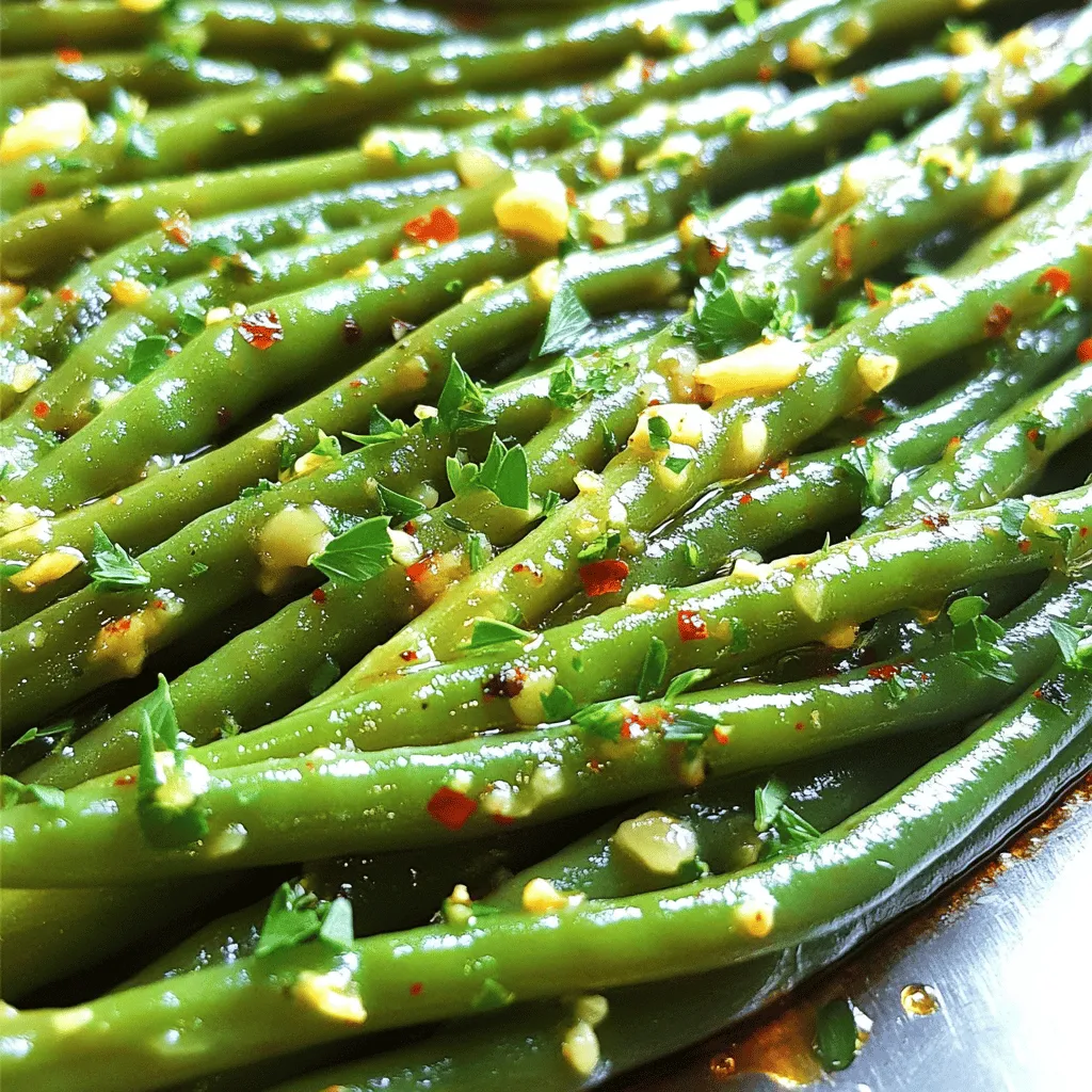 To make garlic butter roasted green beans, you will need a few simple ingredients. Here’s what you will need: - 1 pound fresh green beans, trimmed - 4 tablespoons unsalted butter - 4 cloves garlic, minced - 1 teaspoon lemon zest - 1 teaspoon Dijon mustard - ½ teaspoon red pepper flakes (optional) - Salt and black pepper to taste - Fresh parsley, chopped for garnish Each ingredient plays a key role in the dish. The fresh green beans provide a crisp texture. The unsalted butter creates a rich base. Minced garlic gives a strong, savory flavor. Lemon zest adds brightness, while Dijon mustard gives a slight tang. Red pepper flakes can add a bit of heat if you choose. Finally, salt and black pepper enhance all the flavors. Garnishing with fresh parsley adds a pop of color and freshness. These ingredients come together to create a delightful side dish. You can easily find them all at your local grocery store. - First, trim the ends off the green beans. - Rinse them well under cold water. - Next, preheat your oven to 400°F (200°C). - In a small pot, melt the butter over medium heat. - Once melted, add the minced garlic and stir. - Cook the garlic for 1-2 minutes until it smells great. - Remove the pot from heat and mix in lemon zest and Dijon mustard. - Add red pepper flakes if you like some heat. - Season with salt and black pepper to taste. - In a large bowl, toss the green beans with the garlic butter mixture. - Make sure they are well coated. - Spread the green beans on a baking sheet lined with parchment paper. - Roast them in the oven for 20-25 minutes. - Stir the beans halfway through to ensure even cooking. - When done, they should be tender and slightly caramelized. To make the best garlic butter roasted green beans, avoid burnt garlic. Garlic burns fast. Cook it on low heat and stir often. This keeps the garlic from turning bitter. If it starts to brown too much, remove it from heat right away. Adjust seasoning to your taste. Start with salt and pepper. You can always add more later. The lemon zest gives a bright taste. If you like heat, add red pepper flakes. Start with a little and increase if needed. Garnishing makes a dish pop. For garlic butter roasted green beans, sprinkle fresh parsley on top. This adds color and flavor. You can chop the parsley finely or leave it in larger pieces for a rustic look. Serve these green beans with many dishes. They pair well with roasted chicken or beef. You can also enjoy them with rice or pasta. For a complete meal, add a light salad on the side. {{image_2}} You can switch the butter for olive oil. Olive oil adds healthy fats and a nice flavor. It makes this dish lighter and just as tasty. You might also think about adding nuts. Walnuts or almonds give a crunchy texture. They add more nutrients and a fun bite to the green beans. Want to kick up the taste? Try adding citrus zest, like orange or lime. This brightens the dish and adds freshness. You can also add other spices, like paprika or cumin, for a twist. If you love cheese, sprinkle some parmesan on top. It melts beautifully and brings a rich taste to the green beans. To keep your garlic butter roasted green beans fresh, place them in an airtight container. Store them in the refrigerator for up to three days. When you want to eat them again, reheat gently. I recommend using the microwave or an oven. If using the oven, heat at 350°F (175°C) for about 10 minutes. This method helps keep the beans nice and crisp. You can freeze roasted green beans for later use. First, let them cool completely. Then, spread them on a baking sheet in a single layer. Freeze for about an hour until firm. After that, transfer them to a freezer bag. Remove as much air as possible before sealing. This helps keep their flavor. To maintain texture, avoid freezing them for more than three months. When ready to use, thaw them in the fridge overnight. Reheat in the oven for the best results. This keeps them looking and tasting fresh. You need to cook fresh green beans for 20 to 25 minutes at 400°F (200°C). This time helps them become tender and slightly caramelized. Stir the beans halfway through cooking for even roasting. Keep an eye on them to avoid overcooking, as you want them crunchy yet soft. Yes, you can use frozen green beans. Just remember to thaw and drain them first. Frozen beans often have a softer texture when cooked. You may need to adjust your cooking time, so check them often to get the right doneness. Garlic butter roasted green beans pair well with many dishes. Here are some tasty options: - Grilled chicken or steak - Roasted fish - Quinoa or rice dishes - Pasta with light sauce - A fresh salad These options create a balanced meal and highlight the green beans' great flavor. In this post, we explored how to make delicious garlic butter roasted green beans. We covered the ingredients needed, step-by-step instructions, and handy tips for perfecting your dish. I also shared ways to switch up the flavors and how to store leftovers. With these steps, you can enjoy a tasty, easy side for any meal. Try it yourself and impress your family with this simple recipe. Enjoy your cooking!