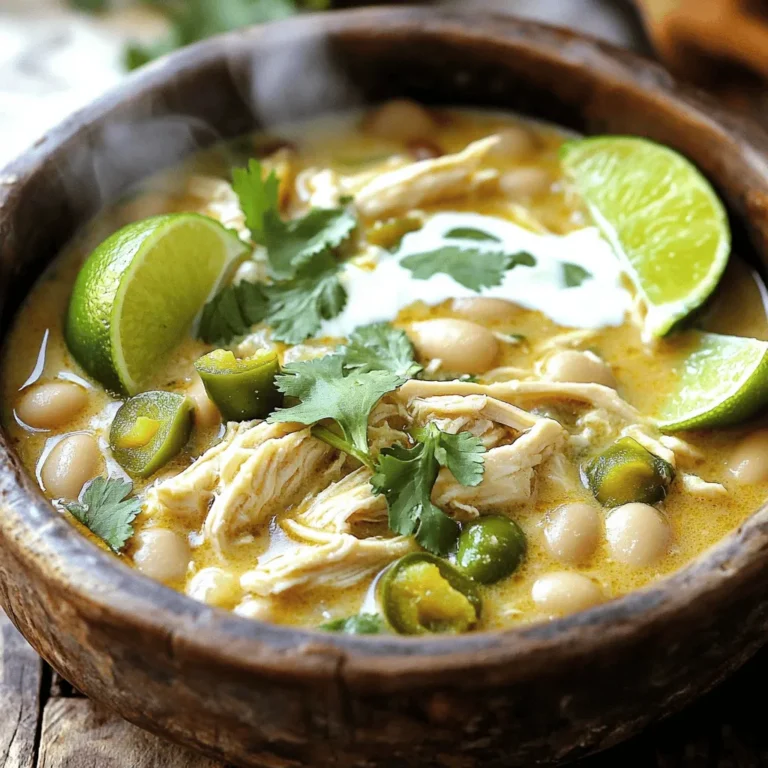 To make my creamy white chicken chili, gather these key ingredients: - 1 lb boneless, skinless chicken breasts - 1 can (15 oz) white beans, like cannellini or great northern, drained and rinsed - 1 can (4 oz) diced green chiles - 1 medium onion, diced - 3 cloves garlic, minced - 1 cup chicken broth - 1 teaspoon ground cumin - 1 teaspoon chili powder - ½ teaspoon smoked paprika - Salt and pepper to taste - 1 cup corn kernels, fresh, frozen, or canned - 1 cup heavy cream, or coconut milk for a dairy-free version - Fresh cilantro for garnish - Lime wedges for serving You can add extra flavor with these optional ingredients: - 1 bell pepper, diced - 1 teaspoon oregano - ½ teaspoon cayenne pepper for heat - Avocado slices for creaminess - Shredded cheese for topping If you want to swap ingredients, here are some good ideas: - Use chicken thighs instead of breasts for more flavor. - Substitute vegetable broth for chicken broth for a vegetarian option. - Try different beans, like black beans or pinto beans. - Use Greek yogurt instead of heavy cream for a lighter touch. - Replace cilantro with parsley if you dislike its taste. First, gather all your ingredients. You need: - 1 lb boneless, skinless chicken breasts - 1 can (15 oz) white beans, drained and rinsed - 1 can (4 oz) diced green chiles - 1 medium onion, diced - 3 cloves garlic, minced - 1 cup chicken broth - 1 teaspoon ground cumin - 1 teaspoon chili powder - ½ teaspoon smoked paprika - Salt and pepper to taste - 1 cup corn kernels - 1 cup heavy cream (or coconut milk) - Fresh cilantro for garnish - Lime wedges for serving Next, place the chicken breasts at the bottom of your slow cooker. Chop the onion and mince the garlic. Mix them in a bowl with the white beans, green chiles, corn, broth, and spices. Once your mixture is ready, pour it over the chicken in the slow cooker. Cover the pot. Cook on low for 6-7 hours or high for 3-4 hours. The chicken should be fully cooked and tender. After cooking, take out the chicken breasts. Use two forks to shred them into bite-sized pieces. Return the shredded chicken to the slow cooker. Stir in the heavy cream or coconut milk. Mix well and let it cook for another 15-20 minutes on low. Before serving, taste your chili. Adjust the salt and pepper if needed. Serve it hot, topped with fresh cilantro and lime wedges. Enjoy! To bring out the best flavor in your white chicken chili, use fresh ingredients. Fresh garlic and onion make a big difference. I always recommend using low-sodium chicken broth. This allows you to control the salt level. For added depth, try roasting the corn before adding it. It gives a sweet and smoky taste. One common mistake is overcooking the chicken. Keep an eye on the time. If you cook it too long, the chicken can dry out. Another mistake is not seasoning enough. Taste your chili before serving. Adjust the spices as needed. Lastly, don’t skip the cream. It adds a rich, creamy texture. To get the right thickness, start with the right amount of broth. If you want a thicker chili, reduce the broth by half a cup. After shredding your chicken, stir it back in well. If your chili seems too thick, add a bit of water or broth. Let it cook for a short time to blend the flavors. {{image_2}} You can add heat to your white chicken chili. Try adding diced jalapeños for a kick. You can also use cayenne pepper for more spice. If you like smoky flavors, try chipotle peppers in adobo sauce. They add great depth and heat. For a vegetarian version, replace the chicken with extra beans or tofu. Use vegetable broth instead of chicken broth. Coconut milk works well for a rich, creamy base. You can also add more veggies like bell peppers or zucchini for added nutrition. To make this chili low-carb, skip the corn and beans. Use cauliflower instead for a chunky texture. You can add more chicken or meat for protein. Use a low-carb cream alternative if you want to keep it creamy. To store your leftover chili, let it cool first. Use an airtight container. Place the chili in the container. It will stay fresh in the fridge for up to three days. Make sure to label the container with the date. This way, you won’t forget about it! If you want to keep your chili longer, freezing is a great option. Allow the chili to cool completely. Then, transfer it to freezer-safe bags. Try to remove as much air as possible. This helps prevent freezer burn. Your chili can last up to three months in the freezer. When you’re ready to eat it, just thaw it in the fridge overnight. To reheat your chili, you have a few choices. You can use the microwave or the stovetop. If using the microwave, place the chili in a bowl. Cover it loosely and heat in short bursts, stirring in between. If you prefer the stovetop method, pour the chili into a pot. Heat over medium heat, stirring often, until it’s hot. Add a splash of broth if it’s too thick. Enjoy it warm! Yes, you can use frozen chicken in the slow cooker. However, I recommend cooking it on high for about 5 to 6 hours. This will help ensure the chicken cooks evenly and stays safe to eat. Make sure to check the internal temperature; it should reach 165°F. You can serve this chili with a few tasty sides. Here are some ideas: - Cornbread - Tortilla chips - Rice - Fresh avocado slices - A simple side salad These options will add variety and enhance your meal. Leftovers can last for about 3 to 4 days in the fridge. Make sure to store it in an airtight container. If you want to keep it longer, freezing is a great option. Absolutely! This chili is perfect for meal prep. You can cook a big batch and store it in individual portions. It reheats well and tastes even better the next day. Yes, you can make this recipe ahead of time. Cook the chili and let it cool completely. Then, store it in the fridge for up to 3 days or freeze it for up to 3 months. Just reheat before serving. This blog covers all you need for Slow Cooker White Chicken Chili. You learned about key ingredients and optional flavors to enhance the taste. I shared step-by-step instructions that make cooking easy. Tips help you avoid mistakes and perfect your dish. Variations let you adjust for spice, diet, or preference. Finally, proper storage and reheating keep leftovers tasty. Enjoy this comforting chili and feel free to explore your options!