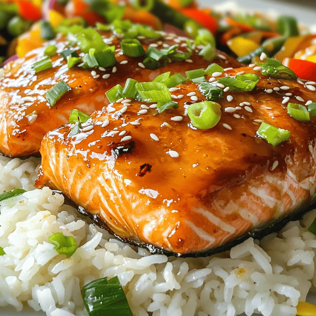 To make this dish, you need a few key items: - 2 salmon fillets (6 oz each) - 3 tablespoons honey - 2 tablespoons Sriracha sauce - 1 tablespoon low-sodium soy sauce - 2 cloves garlic, minced - 1 teaspoon fresh ginger, grated - 1 tablespoon sesame oil - 1 teaspoon lime juice - Salt and pepper, to taste - Chopped green onions, for garnish - Sesame seeds, for garnish These ingredients create the sweet and spicy glaze that makes this salmon shine. You can add extra flavors with these optional items: - A pinch of red pepper flakes for more heat - A tablespoon of rice vinegar for tang - Fresh herbs like cilantro for a fresh touch These additions can make your dish even more fun and flavorful. If you lack any key items, here are some swaps: - Maple syrup can replace honey for a different sweetness. - Any hot sauce can stand in for Sriracha if you want a different kick. - Coconut aminos can work instead of soy sauce for a gluten-free option. These substitutions allow you to tailor the recipe to what you have at home. To start, grab a small bowl. In this bowl, mix together: - 3 tablespoons honey - 2 tablespoons Sriracha sauce - 1 tablespoon low-sodium soy sauce - 2 minced cloves garlic - 1 teaspoon grated fresh ginger - 1 tablespoon sesame oil - 1 teaspoon lime juice Whisk these ingredients until they blend well. This glaze packs a sweet and spicy punch. Next, preheat your oven to 400°F (200°C). While it heats, line a baking sheet with parchment paper. This makes cleanup easy. Now, take your 2 salmon fillets and pat them dry with paper towels. Season both sides lightly with salt and pepper. Place the salmon on the prepared baking sheet, skin-side down. Brush half of the honey Sriracha glaze over the fillets. This helps add flavor while baking. Bake the salmon for about 12-15 minutes. You’ll know it’s done when it flakes easily with a fork. Here comes the fun part! In the last 2 minutes, switch your oven to broil. Brush the remaining glaze over the salmon. Broil for an additional 2-3 minutes. Keep a close eye on it to prevent burning. Once finished, take the salmon out of the oven. Let it rest for a minute. Garnish with chopped green onions and sesame seeds for that extra crunch and flavor. Enjoy your delicious creation! To cook salmon well, keep these tips in mind. First, use fresh salmon for the best taste. Pat the fillets dry with paper towels. This helps the glaze stick better. Season the salmon lightly with salt and pepper. Cooking at 400°F (200°C) is ideal. Bake the fillets for 12 to 15 minutes. The salmon should flake easily with a fork when done. Broiling at the end gives a nice caramelized finish. Watch closely to avoid burning. Getting the glaze just right is key. Whisk together honey, Sriracha, soy sauce, garlic, ginger, sesame oil, and lime juice. Mix until smooth and thick enough to coat the salmon. If it’s too thick, add a tiny bit of water. If it’s too thin, add more honey. Brush half of the glaze on before baking. Save the rest for broiling. This gives a rich, sticky layer on top. For a great meal, serve the glazed salmon on a bed of jasmine rice or quinoa. This adds a nice base. Sautéed vegetables, like broccoli or bell peppers, make a colorful side. Drizzle any leftover glaze over the whole dish. Garnish with chopped green onions and sesame seeds. This adds crunch and flavor. Consider a light salad with citrus dressing to balance the meal. Enjoy your tasty salmon! {{image_2}} You can switch up the glaze for more fun. Consider using teriyaki sauce for a sweet, savory twist. A mango salsa adds a fruity kick that pairs well with salmon. If you like it spicy, try a chili garlic sauce. Each choice adds its own flavor. Not a fan of salmon? No problem! This glaze works great on chicken, shrimp, or even tofu. Chicken thighs can soak up the flavor nicely. Shrimp cooks quickly and takes the glaze well. For a plant-based option, firm tofu absorbs the sauce beautifully. You can create a vegan version using mushrooms or eggplant. Both can mimic the texture and soak up the glaze. For extra crunch, try adding nuts or seeds on top. Use maple syrup instead of honey for a sweet touch. This keeps it plant-based while still being delicious. To store leftover salmon, let it cool first. Place it in an airtight container. You can keep it in the fridge for up to three days. If you want to keep it longer, consider freezing it. To reheat salmon, use the oven for the best taste. Preheat your oven to 350°F (175°C). Place the salmon on a baking sheet and cover it with foil. Heat for about 10-15 minutes or until warmed through. You can also use a microwave, but it may not keep the same texture. If you freeze salmon, wrap it tightly in plastic wrap. Then, place it in a freezer bag. Make sure to remove as much air as possible. This helps prevent freezer burn. You can freeze it for up to three months. When you are ready to use it, thaw it in the fridge overnight. The best way to cook salmon is baking. Baking keeps the fish moist and tender. Preheat your oven to 400°F (200°C) for even cooking. You can also grill or pan-sear salmon for a different taste. Just be sure not to overcook it! Yes, you can use other fish. Tilapia, trout, and cod work well with the glaze. Choose fish that cooks in a similar time frame to salmon. This way, you will keep the same juicy texture and flavor. The glaze has a mild to medium spice level. The honey balances the heat from the Sriracha. If you prefer less spice, reduce the Sriracha amount. You can also add more honey for a sweeter taste. Serve the salmon over jasmine rice or quinoa. Add sautéed vegetables for a bright touch. Broccoli, bell peppers, and snap peas pair well. You can also drizzle any leftover glaze over your sides for extra flavor. Cooking salmon takes about 12-15 minutes in the oven. The fish is ready when it flakes easily with a fork. If broiling, add an extra 2-3 minutes for a caramelized top. Always keep an eye on it to avoid burning. Yes, you can prepare the glaze a day ahead. Store it in an airtight container in the fridge. When ready to use, simply whisk it again to combine. This saves time on busy cooking days! Honey Sriracha glazed salmon is easy and tasty. We covered crucial ingredients and how to make this dish step by step. I shared tips for perfect cooking and creative variations. Storing leftovers and reheating methods will help too. Always feel free to experiment with proteins and flavors. Make this dish your own and enjoy every bite. You now have all the tools to impress anyone at your table!