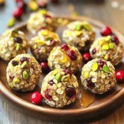 - 1 cup rolled oats - 1/2 cup unsalted pistachios, chopped - 1/2 cup dried cranberries, chopped - 1/2 cup natural almond butter or any nut butter - 1/4 cup honey or maple syrup - 1 tablespoon chia seeds - 1 teaspoon vanilla extract - Pinch of salt - Dark chocolate chips - Coconut flakes - Sunflower seeds For these Pistachio Cranberry Energy Bites, you need a few simple ingredients. Each one brings flavor and nutrients. First, rolled oats form the base of these bites. They give a chewy texture and add fiber. Chopped unsalted pistachios add crunch and healthy fats. Dried cranberries bring sweetness and a bright flavor. You can use any nut butter you enjoy. Almond butter is my favorite, but peanut or cashew works too. Honey or maple syrup acts as a binder and adds natural sweetness. Chia seeds offer omega-3s and help hold everything together. A pinch of salt balances the sweetness and enhances flavors. If you want to get creative, consider adding dark chocolate chips for a touch of indulgence. Coconut flakes bring a tropical twist. Sunflower seeds add a nutty crunch. These options let you customize your bites to fit your taste! You only need 15 minutes to prep. The total time is 45 minutes. - Step 1: Mixing dry ingredients In a large bowl, mix the rolled oats, chopped pistachios, chopped cranberries, and chia seeds. Make sure everything is combined well. - Step 2: Combining wet ingredients In a separate bowl, stir together the almond butter, honey (or maple syrup), vanilla extract, and a pinch of salt. Blend it until smooth. - Step 3: Forming the energy bites Pour the wet mixture into the dry ingredients. Stir until everything is mixed. Use your hands to shape the mixture into small balls, about one inch wide. - Step 4: Setting in the refrigerator Place the energy bites on a baking sheet lined with parchment paper. Refrigerate them for at least 30 minutes to set properly. For a fun touch, take pictures of each step. Show the mixing bowls, the rolling process, and the final product. Video clips of rolling the bites can also help guide others. To make your energy bites stick together, use enough nut butter and sweetener. The almond butter binds the oats and nuts well. If the mixture feels too dry, add a touch more honey or nut butter. Mix it well before rolling. When rolling the bites, wet your hands with a bit of water. This helps prevent the mixture from sticking to your hands. Roll small portions into balls about one inch wide. If you find it hard to roll, chill the mixture for ten minutes first. Want to boost the flavor? Try adding a dash of cinnamon or nutmeg. Both spices enhance the sweetness and warmth. You can also switch up the nut butter. Use peanut butter or sunflower seed butter for a different taste. Each nut butter gives a unique flavor and texture. To save time, prep your energy bites in advance. You can mix the dry and wet ingredients a day before. Store them in the fridge until you’re ready to roll. You can also freeze the bites once they set. Place them in an airtight container with parchment paper in between. They’ll last for up to three months in the freezer. Just thaw them in the fridge before you eat! {{image_2}} You can easily change the nuts or seeds in this recipe. Instead of pistachios, try almonds or walnuts. Each nut brings its own flavor and texture. If you want to swap cranberries, choose dried apricots or raisins. They add sweetness and a chewy bite to your energy bites. For a fun twist, mix in chocolate and peanut butter. Just add some cocoa powder or dark chocolate chips to the wet mix. This gives a rich, sweet taste that many love. You can also go tropical by adding mango and coconut. Use dried mango pieces and shredded coconut for a sunny flavor. If you need a vegan option, just use maple syrup instead of honey and choose a nut butter that is vegan. For a gluten-free treat, make sure your oats are certified gluten-free. These small swaps keep the energy bites tasty and easy for everyone to enjoy! To keep your Pistachio Cranberry Energy Bites fresh, store them in the fridge. Use an airtight container to prevent moisture and odors from spoiling them. This keeps the bites tasty and firm for snacking. Make sure the lid seals tightly. You can also use a glass jar if you prefer. These energy bites will stay fresh in the fridge for up to a week. If you want to keep them longer, you can freeze them. Freeze the bites in a single layer on a baking sheet. Once frozen, transfer them to an airtight container or a freezer bag. They can last for about three months in the freezer. To enjoy, simply take them out and let them thaw in the fridge overnight. Pistachio Cranberry Energy Bites make great snacks for any time of day. You can eat them before a workout for energy or grab one during your afternoon slump. They pair well with a smoothie or a piece of fruit. You can also pack them in lunchboxes for a healthy treat. For a fun twist, try serving them with yogurt or on top of your favorite oatmeal. Can I substitute honey with agave syrup? Yes, you can use agave syrup instead of honey. Both sweeten well. Agave has a mild flavor. It works great for vegan diets too. Just use the same amount as honey. How long do these energy bites last? These energy bites last about a week in the fridge. Store them in an airtight container. You can also freeze them for longer storage. They keep well for about a month in the freezer. Are these energy bites suitable for kids? Yes, these energy bites are great for kids! They offer healthy fats and energy. The nuts and fruit add flavor. Just make sure there are no nut allergies. Each serving has about 100 calories. You get protein from nuts and chia seeds. The bites also have fiber from oats and fruit. Here are some key nutrients: - Calories: 100 - Protein: 3 grams - Fat: 5 grams - Carbohydrates: 12 grams - Fiber: 2 grams Health benefits of main ingredients: - Pistachios: They help with heart health and are rich in antioxidants. - Cranberries: They boost immunity and have vitamins. - Chia seeds: These seeds are packed with omega-3 fatty acids and fiber. You can pair these energy bites with smoothies. A banana smoothie makes a perfect match. It adds more nutrients and keeps you full. You can also enjoy them with yogurt for a quick meal. Add some fruit for a tasty twist. This blog post covered how to make delicious energy bites. You learned the key ingredients, easy steps, and useful tips. Adding different nuts or dried fruits can change flavors. Store them properly to keep them fresh longer. These bites are great for snacks and can boost your energy. Try making them and enjoy the healthy taste. Experiment with your favorite ingredients and have fun with the process! Creating energy bites is simple, rewarding, and tasty.
