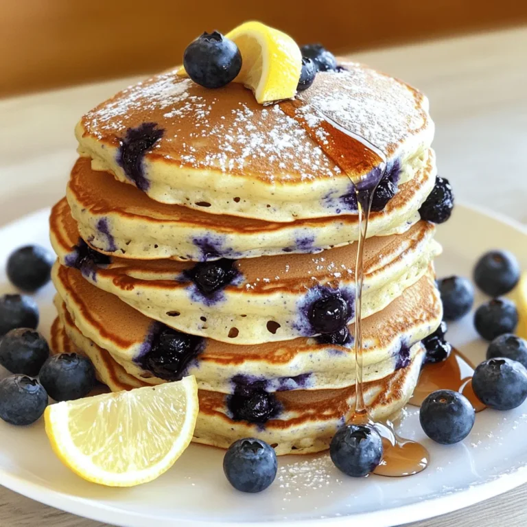 - 1 cup ricotta cheese - 1 large egg - ½ cup milk - Zest of 1 lemon - 2 tablespoons fresh lemon juice - 1 cup all-purpose flour - 2 tablespoons sugar - 2 teaspoons baking powder - ½ teaspoon baking soda - ½ teaspoon salt - 1 cup fresh blueberries - Butter or oil for cooking Ricotta cheese brings creaminess and moisture to the pancakes. It adds a rich flavor and light texture. The large egg binds the pancake mix together. It helps create a fluffy rise. Milk adds liquid to the mix. You can use whole or low-fat milk based on your taste. Lemon zest gives a bright, fresh flavor. The fresh lemon juice enhances the tanginess and balances the sweetness. All-purpose flour forms the base of the batter. Sugar adds sweetness, while baking powder and baking soda help the pancakes rise. Salt balances all flavors. Fresh blueberries add bursts of sweetness and color. For ricotta cheese, I suggest using Galbani or BelGioioso. For the best flavor, choose large eggs from local farms. I like using Horizon Organic milk for a creamy taste. For flour, King Arthur Flour is a trusted choice. For baking powder, Rumford offers great results. Choose fresh blueberries from Driscoll's or local farmers' markets for the best quality. 1. Start by grabbing a large mixing bowl. Add 1 cup of ricotta cheese, 1 large egg, and ½ cup of milk. 2. Zest one lemon and add it to the bowl. Then, squeeze in 2 tablespoons of fresh lemon juice. 3. Whisk all these ingredients until smooth. You want everything mixed well. 4. In a separate bowl, mix these dry ingredients: 1 cup of all-purpose flour, 2 tablespoons of sugar, 2 teaspoons of baking powder, ½ teaspoon of baking soda, and ½ teaspoon of salt. 5. Slowly add the dry mix to the ricotta mix. Gently fold them together. Don’t overmix it; some lumps are okay! 6. Finally, fold in 1 cup of fresh blueberries. Make sure they’re evenly mixed in. 1. Preheat a non-stick skillet or griddle on medium heat. Lightly grease it with butter or oil. 2. Pour ¼ cup of the pancake batter onto the skillet for each pancake. 3. Cook for about 2-3 minutes. You’ll see bubbles forming on the surface. The edges should look set. 4. Flip the pancakes carefully. Cook for another 2 minutes until they turn golden brown. 5. Keep the pancakes warm in a low oven while you finish cooking the rest. 1. Serve the pancakes warm. Drizzle them with maple syrup for sweetness. 2. Add a few extra blueberries on top for a fresh touch. 3. If you like, sprinkle a bit of powdered sugar over them for a nice finish. To make great blueberry lemon ricotta pancakes, follow these tips: - Use fresh ingredients: Always use fresh blueberries and lemon for the best flavor. - Don’t overmix: Mix the batter just until combined. A few lumps are fine. - Preheat your skillet: Make sure your skillet is hot before adding the batter. This helps create a nice golden color. Avoid these common mistakes for better pancakes: - Skipping the lemon zest: Lemon zest adds a bright flavor that makes pancakes special. - Using too much flour: This makes pancakes dense. Measure carefully. - Not greasing the skillet enough: A light grease helps pancakes cook evenly and prevents sticking. Here’s how to make your pancakes fluffy: - Separate wet and dry: Mix wet and dry ingredients in separate bowls first. - Add baking powder: This helps the pancakes rise. Use fresh baking powder for best results. - Let the batter rest: Allow the batter to sit for a few minutes. This helps it become lighter. With these tips and tricks, you can create fluffy, flavorful blueberry lemon ricotta pancakes every time. Happy cooking! {{image_2}} If you have dietary needs, you can still enjoy these pancakes. - Gluten-Free: Use a gluten-free flour blend instead of all-purpose flour. - Dairy-Free: Substitute ricotta with a plant-based cheese. Almond or cashew cheese works well. - Egg-Free: Replace the egg with a flaxseed meal. Mix 1 tablespoon of flaxseed with 2.5 tablespoons of water. Let it sit for a few minutes to thicken. You can change the flavors in these pancakes easily. - Spices: Add a pinch of cinnamon or nutmeg for warmth. - Fruits: Swap blueberries with chopped strawberries or raspberries for a twist. - Zest: Try adding orange zest instead of lemon for a different citrus kick. How you serve these pancakes makes a big difference. - Toppings: Top with whipped cream, yogurt, or a dollop of ricotta. - Syrups: Maple syrup is great, but try honey or agave for a change. - Nuts: Add chopped nuts like walnuts or pecans for crunch. Feel free to mix and match these ideas to make the pancakes your own! To store leftover pancakes, let them cool first. Place them in a single layer on a plate. Cover the plate with plastic wrap or foil. This keeps them fresh. You can also stack them with parchment paper between each pancake. This method stops them from sticking together. To reheat pancakes, you can use a microwave or skillet. For the microwave, place pancakes on a plate. Heat them for 30 seconds at a time until warm. If using a skillet, add a little butter or oil. Heat on low for a few minutes, flipping once. This makes them warm and slightly crispy. These pancakes freeze well! Once they cool, stack them with parchment paper in between. Place the stack in a freezer bag. Squeeze out all the air before sealing. You can freeze them for up to two months. When ready to eat, thaw them overnight in the fridge. Reheat as mentioned above for the best taste. To make pancakes fluffy, use ricotta cheese in your batter. Ricotta adds moisture and air. Whisk your egg separately until it’s frothy. This adds extra lift. It helps to fold dry and wet ingredients gently. This keeps some lumps in the batter. Avoid overmixing. Fluffy pancakes need a light touch. Yes, you can use frozen blueberries. They work well in pancakes. Just note that they may change the color of the batter. Frozen blueberries can also add extra moisture. If you use them, do not thaw them first. Add them right from the freezer for best results. These pancakes last up to three days in the fridge. Store them in an airtight container. This keeps them fresh and tasty. When you're ready to eat, just reheat them. You can use a microwave or a skillet to warm them up. They taste great even after a few days! This blog post covered essential ingredients, preparation steps, and storage tips for pancakes. We explored the best brands and discussed how to avoid common mistakes. You learned ways to make fluffy pancakes and many tasty variations. Remember, perfect pancakes can be fun and easy to make. With these tips, you can create delicious pancakes for everyone. Enjoy your cooking, and have fun experimenting with flavors!