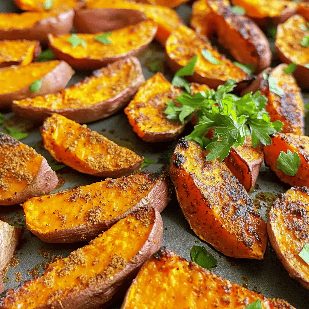 - 4 medium sweet potatoes - 3 tablespoons olive oil - 1 teaspoon smoked paprika - 1 teaspoon ground cumin - 1/2 teaspoon garlic powder - 1/2 teaspoon onion powder - 1/4 teaspoon cayenne pepper - Salt and pepper to taste - Fresh parsley for garnish To make roasted sweet potato wedges, you need a few key ingredients. First, sweet potatoes are the star of the dish. They are sweet, soft, and full of vitamins. Olive oil adds a nice richness and helps the spices stick. Smoked paprika gives a nice smoky taste. Ground cumin adds warmth and depth. Garlic and onion powders bring a savory punch. If you like spice, cayenne pepper is perfect. Finally, salt and pepper boost all the flavors. Garnish with fresh parsley to add color and freshness. - Parmesan cheese - Chili powder - Fresh herbs If you want to mix things up, try adding some optional ingredients. Parmesan cheese adds a cheesy flavor that pairs well with sweet potatoes. Chili powder brings a different kind of heat and flavor. You can also use fresh herbs like rosemary or thyme for a fragrant twist. - Baking sheet - Parchment paper - Mixing bowl - Knife and cutting board You need some basic kitchen tools to make this recipe. A baking sheet is essential for roasting. Parchment paper helps prevent sticking and makes cleanup easy. A mixing bowl is where you’ll toss the sweet potatoes with oil and spices. Finally, a knife and cutting board will help you cut the sweet potatoes into wedges. Remember, having the right tools makes cooking easier and more fun. Get your ingredients and equipment ready, and let’s get cooking! - Preheat the oven to 425°F (220°C). - Cut 4 medium sweet potatoes into wedges. Aim for uniform sizes for even cooking. - In a large mixing bowl, toss the sweet potato wedges with 3 tablespoons of olive oil. Make sure each wedge is coated well. - In a small bowl, combine the spices: 1 teaspoon smoked paprika, 1 teaspoon ground cumin, 1/2 teaspoon garlic powder, 1/2 teaspoon onion powder, and 1/4 teaspoon cayenne pepper. Add salt and pepper to taste. Mix well to create a spice blend. - Spread the wedges in a single layer on a baking sheet lined with parchment paper. Avoid overcrowding for crispy results. - Roast the sweet potatoes for 25-30 minutes. Flip the wedges halfway through to ensure even browning. They should be golden brown and crispy on the edges when done. To get crispy sweet potato wedges, make sure to coat them evenly with oil and spices. This helps them roast well and prevents sogginess. I recommend using three tablespoons of olive oil. It creates a nice, crispy texture. Also, roasting at a high heat of 425°F (220°C) helps them cook quickly and brown nicely. Flip the wedges halfway through roasting, around 15 minutes in. This timing ensures they cook evenly on both sides. To check if they are done, look for a golden-brown color and a crisp edge. You can poke one with a fork; it should feel tender inside. Adding extra spices or herbs can take your wedges to the next level. Try some chili powder or fresh herbs like rosemary. For more flavor, marinate the sweet potatoes in olive oil and spices for about 30 minutes before cooking. This step allows the flavors to soak in, making them even tastier. {{image_2}} You can make roasted sweet potato wedges in an air fryer. This method cuts down on oil and cooks faster. Set your air fryer to 400°F (200°C). Cook the wedges for about 15-20 minutes, shaking the basket halfway through. You’ll get crispy edges with less oil. If you want to bake with less oil, simply use a light spray instead of full tablespoons. This adds flavor but keeps the calories lower. For a sweet and spicy version, mix in brown sugar with the spices. This adds a nice caramel flavor. You can also increase the cayenne if you love heat. A Mediterranean herb blend works great too. Use dried oregano, thyme, or rosemary. This will give your wedges a fresh taste that pairs with many dishes. Pair your sweet potato wedges with dipping sauces like ranch or spicy aioli. These sauces add a tasty kick. You can also serve the wedges alongside proteins like grilled chicken or fish. They work well with salads too, adding a nice color and flavor contrast. Enjoy your meal! To store your roasted sweet potato wedges, let them cool completely. Cooling helps prevent sogginess. Once cooled, place the wedges in an airtight container. This will keep them fresh. Use glass or plastic containers with tight lids for the best results. You can reheat these wedges in the oven or the microwave. The oven works best for keeping them crispy. Preheat the oven to 400°F (200°C). Spread the wedges on a baking sheet and heat for about 10-15 minutes. The microwave is faster but may make them soft. If you use the microwave, heat in short bursts to avoid overcooking. If you want to freeze your roasted sweet potato wedges, let them cool first. Spread the cooled wedges on a baking sheet in a single layer. Freeze them for about one hour. After freezing, transfer them to a freezer-safe bag or container. This will help keep them fresh. To thaw, place them in the fridge overnight for the best taste. You can also reheat them from frozen in the oven. Roast sweet potato wedges for 25-30 minutes at 425°F (220°C). Flip them halfway for even cooking. You want them golden brown and crispy on the edges. Check them around the 25-minute mark. If they need more time, give them an extra 5 minutes. Yes, you can! Roast the sweet potato wedges in advance. Let them cool, then store them in an airtight container. Keep them in the fridge for up to three days. When ready to eat, reheat them in the oven for best results. This keeps them crispy. These wedges pair great with many dishes. Try serving them with grilled chicken or fish. They also go well with salads or dips. Hummus is a tasty option. You can even serve them as a side with tacos or burgers. To spice things up, add more cayenne pepper to the spice mix. You can also try chili powder or hot sauce. If you want a different flavor, add some red pepper flakes. Just remember to start small; you can always add more! Roasting sweet potato wedges is simple and rewarding. You need just a few key ingredients, like sweet potatoes and olive oil, along with spices for flavor. Remember to keep your wedges crispy by using high heat and flipping them at the right time. In the end, enjoy experimenting with different flavors and serving ideas. With this guide, you can make delicious roasted sweet potato wedges easily. Trust me, once you try them, they will be a favorite!