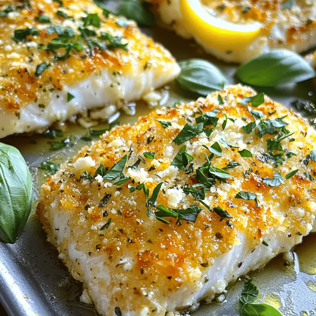 To make this tasty meal, gather these main ingredients: - 4 tilapia fillets - 1 cup grated Parmesan cheese - 1/2 cup breadcrumbs (preferably panko) - 2 tablespoons fresh parsley, chopped - 1 tablespoon fresh basil, chopped - 1 tablespoon fresh thyme, chopped - 2 cloves garlic, minced - 1/4 teaspoon black pepper - 1/4 teaspoon salt - 2 tablespoons olive oil - 1 tablespoon lemon juice These ingredients create a delightful flavor. The Parmesan cheese brings a rich taste, while the herbs add freshness. You can add some optional ingredients to boost the flavor: - A pinch of red pepper flakes for heat - Lemon zest for extra citrus - A splash of white wine for depth These extras can make your dish unique. So, feel free to experiment! Each serving of Parmesan Herb Crusted Tilapia provides: - Calories: 290 - Protein: 26g - Carbohydrates: 10g - Fat: 16g - Fiber: 1g This meal is not only tasty but also packed with protein. It fits well into a balanced diet. Enjoy cooking this simple yet delicious dish! First, preheat your oven to 400°F (200°C). This step is key. It ensures even cooking and a crispy crust. While the oven heats, grab a baking sheet. You can line it with parchment paper or lightly grease it. This helps prevent sticking and makes cleanup easy. In a medium bowl, gather your ingredients. Add 1 cup of grated Parmesan cheese and 1/2 cup of breadcrumbs. I prefer using panko for extra crunch. Next, chop and add 2 tablespoons of fresh parsley, 1 tablespoon of basil, and 1 tablespoon of thyme. Don’t forget 2 cloves of minced garlic! Finally, add 1/4 teaspoon of black pepper and 1/4 teaspoon of salt. Mix everything well. You want the herbs and cheese to blend evenly. Now, take your tilapia fillets. Place them on the prepared baking sheet. In a small bowl, whisk together 2 tablespoons of olive oil and 1 tablespoon of lemon juice. Brush this mixture generously over each fillet. This adds moisture and flavor. Then, sprinkle the Parmesan herb mixture over the fillets. Press down gently so it sticks well. Bake the tilapia in the oven for 12-15 minutes. You’ll know it’s done when the fish flakes easily with a fork, and the crust turns golden brown. To get the best crust on your tilapia, use panko breadcrumbs. They make your crust light and crispy. Mix the breadcrumbs with Parmesan, herbs, and spices. Press this mix onto the fish to help it stick. Brush the tilapia with olive oil and lemon juice for added flavor. Bake at 400°F for 12-15 minutes. When done, the crust should be golden brown and crunchy. This dish pairs well with many sides. Try steamed vegetables like broccoli or green beans. A fresh garden salad is also a great choice. You can serve it with a wedge of lemon for a zesty kick. Rice or quinoa adds a hearty touch to the meal. These sides balance the lightness of the fish beautifully. Make your tilapia look great on the plate. Place the fillets neatly and sprinkle extra herbs on top. Add a lemon wedge for color and freshness. A drizzle of olive oil can enhance the look as well. Use a bright plate to make your dish pop. These small touches can impress your guests and make the meal more enjoyable. {{image_2}} You can swap tilapia for other fish. Cod or haddock work well. These fish have a mild flavor and flaky texture. This swap gives you a new taste while keeping the dish simple. To make this meal gluten-free, use gluten-free breadcrumbs. Many brands offer great options. You can also crush gluten-free crackers for a tasty crust. This adaption keeps your meal safe for those with gluten allergies. Experimenting with herbs can change the dish's flavor. Try dill for a fresh taste. Oregano adds a warm, earthy note. You can also mix different herbs for a unique blend. This flexibility makes the recipe fun and exciting. To keep your Parmesan herb crusted tilapia fresh, let it cool first. Place the fillets in an airtight container. Store them in your fridge for up to three days. Make sure to separate layers with parchment paper to avoid sticking. If you have leftover crust, store that in a separate container too. To reheat your tilapia, preheat your oven to 350°F (175°C). Place the fillets on a baking sheet lined with parchment. Cover them loosely with foil to keep moisture in. Heat for about 10 minutes or until warmed through. This keeps the crust crispy and the fish tender. If you want to freeze the tilapia, wrap each fillet tightly in plastic wrap. Then, place them in a freezer bag. Remove as much air as possible to avoid freezer burn. You can freeze the tilapia for up to three months. To cook from frozen, bake at 400°F (200°C) for about 20-25 minutes. Bake tilapia for 12 to 15 minutes at 400°F. The fish should flake with a fork. If it looks golden brown, it is ready. Keep an eye on it to avoid overcooking. Yes, you can use frozen tilapia fillets. Just thaw them first. Place the fillets in the fridge overnight or run them under cold water. Pat them dry before you apply the herb crust. This keeps the crust nice and crispy. You can serve it with steamed vegetables or a fresh garden salad. Rice or quinoa also pairs well. A wedge of lemon adds a nice touch. For a heartier meal, try mashed potatoes or roasted sweet potatoes. Yes, this recipe is great for meal prep. You can bake a batch and store it in the fridge. Just keep the fillets in an airtight container. They last for up to three days. Reheat in the oven for a few minutes to keep the crust crispy. You learned about making Parmesan herb crusted tilapia in this post. We covered the key ingredients, step-by-step instructions, and helpful tips. You discovered variations and storage info to keep your dish fresh. In closing, this easy recipe is perfect for any meal. It’s fun to make and tasty to eat. Enjoy your cooking and impress your friends with your new skills!