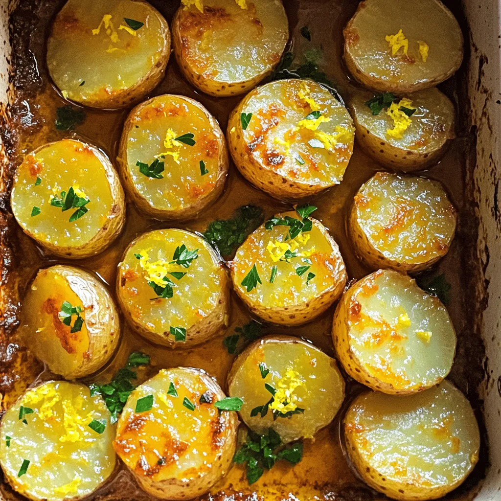 - 2 lbs baby potatoes - 1/4 cup olive oil - 4 cloves garlic - 1 tablespoon dried oregano - Zest and juice of 2 lemons - 1 cup vegetable broth - Salt and black pepper - Fresh parsley for garnish For this Greek Lemon Potatoes recipe, you need fresh ingredients. The baby potatoes are key. They cook fast and taste great. I use olive oil for richness. The garlic adds a nice punch, and oregano gives it that classic Greek flavor. The lemon zest and juice make these potatoes shine. They provide a bright, tangy taste. The vegetable broth keeps the potatoes moist and adds depth. Don’t forget salt and pepper to enhance all the flavors. Finally, fresh parsley adds a pop of color and freshness when you serve. Gather all these ingredients before you start. It makes cooking smooth and fun. - Preheat your oven to 400°F (200°C). - In a large bowl, mix olive oil, minced garlic, dried oregano, lemon zest, lemon juice, salt, and black pepper. Stir well. - Add the halved baby potatoes to the bowl. Toss them until they are fully coated with the lemon mixture. - Pour vegetable broth into a large baking dish. Spread the coated potatoes evenly on top. - Cover the dish with aluminum foil and bake for 30 minutes. - After 30 minutes, take off the foil. Bake uncovered for another 20 to 25 minutes. This step helps the potatoes turn golden brown and fork-tender. - Once baked, remove the dish from the oven. - Sprinkle freshly chopped parsley on top for garnish. - Serve warm as a side dish with your favorite main course! To make the best Greek Lemon Potatoes, focus on cooking time. First, bake covered for 30 minutes. This helps the potatoes get tender. After that, uncover and bake for 20 to 25 minutes. This step makes them golden brown. Check them with a fork. If they’re soft, they’re done! For seasoning, mix the olive oil, garlic, oregano, lemon zest, lemon juice, salt, and pepper well. This mixture is key to great flavor. Toss the halved potatoes in this mix until they are fully coated. This ensures every bite is tasty! To boost flavor, use fresh herbs when possible. Fresh parsley gives a bright finish. Dried oregano works well too, but fresh is best. You can also add thyme or rosemary for a twist. The zest of lemons adds a bright taste. Use fresh lemons for zesting. The oils in the skin enhance the dish. Dried lemon zest can work in a pinch, but the fresh zest is better. Greek Lemon Potatoes pair well with grilled meats. Try them with chicken or lamb for a perfect meal. They also work great with fish. Serve alongside a fresh Greek salad for extra flavor. Enjoy them warm for the best taste! {{image_2}} You can play with oils and broths in this recipe. If you want a different taste, try using avocado oil instead of olive oil. Avocado oil has a mild flavor and a high smoke point, making it great for roasting. You can also use chicken broth instead of vegetable broth for a richer taste. Herbs can change the whole dish. You can swap oregano for thyme or rosemary. Each herb adds its own unique flavor. If you want a bit of heat, add some crushed red pepper flakes. If you follow a vegan diet, this recipe is already vegan-friendly. You do not need to change any ingredients. Just make sure your broth is vegetable-based. For a low-sodium option, use low-sodium vegetable broth. You can also cut back on salt. Taste the potatoes as they cook to adjust the flavor to your liking. Greek Lemon Potatoes can vary by region in Greece. In Crete, they may add a touch of honey for sweetness. In other areas, local herbs like dill or mint might be used. Each twist shows the rich culinary traditions of Greece. These variations make the dish even more fun to explore! To store leftover Greek Lemon Potatoes, place them in an airtight container. Let them cool down first. Store them in the fridge for up to three days. When ready to eat, check for any signs of spoilage before reheating. The best way to reheat Greek Lemon Potatoes is in the oven. Preheat your oven to 350°F (175°C). Spread the potatoes in a single layer on a baking tray. Heat for about 15 to 20 minutes, until they are warm and crispy again. You can also use a microwave, but the texture may not be as good. Yes, you can freeze Greek Lemon Potatoes! First, cool them completely. Then, place them in a freezer-safe bag or container. They can last for up to three months in the freezer. To reheat, let them thaw overnight in the fridge. Then, follow the reheating instructions above. Enjoy them any time! Greek Lemon Potatoes burst with fresh, zesty flavors. The garlic adds warmth, while oregano gives a hint of earthiness. The lemon juice makes the dish bright and tangy. When baked, the potatoes become tender and creamy. You’ll enjoy a perfect balance of flavors in each bite. Yes, you can use regular potatoes. Just cut them into similar-sized pieces. This helps them cook evenly. Baby potatoes are great for their small size and creamy texture. Regular potatoes work too, but they may take a bit longer to cook. To add spice, include red pepper flakes in your lemon mixture. You can also use spicy herbs like cayenne pepper or smoked paprika. Adjust the amount based on your heat preference. This will give your dish a nice kick without overpowering the lemon flavor. Greek Lemon Potatoes pair well with grilled meats. Consider serving them with lemon chicken or lamb. They also go great with roasted fish. These dishes complement the potatoes’ bright flavors and create a well-rounded meal. Here’s the full recipe for Greek Lemon Potatoes: Ingredients: - 2 lbs baby potatoes, halved - 1/4 cup olive oil - 4 cloves garlic, minced - 1 tablespoon dried oregano - Zest of 2 lemons - 1/4 cup freshly squeezed lemon juice - 1 cup vegetable broth - Salt and black pepper to taste - Fresh parsley, chopped (for garnish) Instructions: 1. Preheat your oven to 400°F (200°C). 2. In a large bowl, mix olive oil, garlic, oregano, lemon zest, lemon juice, salt, and pepper. 3. Toss halved potatoes in the bowl until coated. 4. Pour vegetable broth in a baking dish and spread potatoes on top. 5. Cover with foil and bake for 30 minutes. 6. Remove foil and bake for another 20-25 minutes until golden and tender. 7. Garnish with fresh parsley and serve warm. In this post, we explored the simple yet delicious Greek Lemon Potatoes. We covered the main ingredients, preparation steps, and baking techniques. I also shared tips for perfect texture and flavor, plus variations to suit your taste. Whether you stick to traditional methods or experiment with substitutions, these potatoes shine. Remember to store them well for yummy leftovers. With this recipe at hand, you can enjoy a tasty side that pairs with many meals. Give it a try and savor the bright flavors.