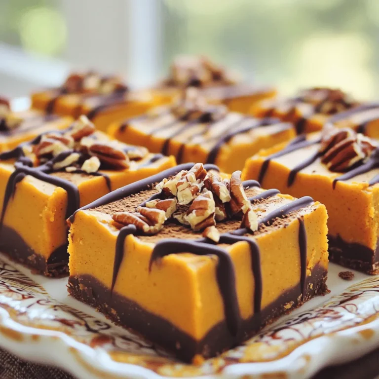 To make No-Bake Pumpkin Spice Fudge Bars, you will need the following ingredients: - 1 cup pumpkin puree - 2 cups almond flour - 1/2 cup maple syrup - 1/4 cup coconut oil, melted - 1 teaspoon pure vanilla extract - 1 teaspoon pumpkin pie spice - 1/4 teaspoon salt - 1/2 cup semi-sweet chocolate chips (dairy-free if desired) You can add extra texture and flavor with these toppings: - Chopped pecans - Chopped walnuts These toppings make the fudge bars even more delightful. They add crunch and a nutty taste that pairs well with the pumpkin. You might not have every ingredient at home. Here are some easy swaps: - Use sunflower seed flour instead of almond flour for a nut-free option. - Swap maple syrup with agave syrup or honey for sweetness. - If you don’t have coconut oil, try using unsalted butter or a different oil like canola. These substitutes keep the recipe simple while still tasting great. To make these no-bake pumpkin spice fudge bars, start by gathering your ingredients. In a large bowl, mix together the pumpkin puree, almond flour, maple syrup, melted coconut oil, vanilla extract, pumpkin pie spice, and salt. Stir well until the mixture is smooth. Next, line an 8x8 inch baking dish with parchment paper. Let some paper hang over the edges for easy removal later. Pour your pumpkin mixture into the prepared dish. Use a spatula to spread it evenly and press it down firmly. Melt semi-sweet chocolate chips in a microwave-safe bowl. Heat them in short bursts, about 30 seconds at a time. Stir between each burst until the chocolate is smooth. This method helps prevent burning. Once melted, drizzle the chocolate over the pumpkin layer. Use a spatula or the back of a spoon to spread it evenly. Be gentle to keep the layers nice and neat. To spread the pumpkin mixture evenly, start from the center of the dish. Push the mixture outwards towards the sides. Use the spatula to smooth the top. For the chocolate layer, work quickly. Move the spatula in gentle, circular motions. If you want, sprinkle chopped pecans or walnuts on top for extra flavor. Once done, place the dish in the refrigerator for at least 3 hours. This helps the fudge set so you can cut it into bars easily. To get the best texture in your fudge bars, use fresh pumpkin puree. If you use canned, make sure it’s pure pumpkin, not pie filling. Almond flour gives a nice crumbly base. Mix well to avoid lumps. Press the mixture firmly into the dish; this helps it set better. When melting chocolate, be sure not to overheat it. Stir often to keep it smooth. Store your fudge bars in an airtight container. This keeps them soft and fresh. They can last up to a week in the fridge. For longer storage, you can freeze them. Wrap each bar in plastic wrap, then place them in a freezer-safe bag. They can last up to three months in the freezer. Just thaw them in the fridge when you're ready to enjoy. Serve the fudge bars for dessert or a snack. They are great for parties or family gatherings. Drizzle extra melted chocolate on top for a treat that looks good and tastes great. You can also sprinkle cinnamon or chopped nuts for added flavor and crunch. Pair them with a hot drink for a cozy treat! {{image_2}} You can easily twist this recipe. Try adding different purees to change the taste. Sweet potato or butternut squash works well. You can also mix in spices like cinnamon or nutmeg for a new flavor burst. For a chocolate twist, add cocoa powder to the base. This will turn your fudge into a delicious chocolate pumpkin treat. If you want to cut sugar, there are great options. You can swap maple syrup for agave nectar or honey. Coconut sugar is another great choice. It adds a nice caramel flavor. Just remember, each sweetener has its own taste. So, adjust based on what you like. To make this recipe vegan, stick with maple syrup and dairy-free chocolate chips. Almond flour is also gluten-free, but you can use oat flour for a nut-free version. If you have nut allergies, try sunflower seed flour instead. This keeps the fudge tasty and safe for everyone! To keep your no-bake pumpkin spice fudge bars fresh, store them in the fridge. Use an airtight container to prevent moisture. If you do not have one, wrap the bars tightly in plastic wrap. This helps keep the texture and flavor intact. You can freeze the fudge bars for longer storage. First, cut them into squares. Then, place the squares in a single layer on a baking sheet. Freeze them for about an hour. Once firm, transfer the squares to a freezer bag. Label the bag with the date. This way, they stay fresh for up to three months. These fudge bars last about a week in the fridge. Keep an eye on their smell and texture. If they start to feel sticky or smell off, it's time to toss them. Enjoy the best quality by consuming them within five days. No-Bake Pumpkin Spice Fudge Bars last about one week in the fridge. Make sure to store them in an airtight container. This keeps them fresh and tasty. If you want to keep them longer, consider freezing them. They can stay good for up to three months in the freezer. Just thaw them in the fridge before serving. Yes, you can use different nut flours. If you don’t have almond flour, try cashew or hazelnut flour. Each will give its unique taste. Just keep in mind that the texture may change slightly. Use the same amount as in the recipe. If you need a nut-free option, sunflower seed flour works well too. You can swap maple syrup for honey or agave nectar. Both options add sweetness. If you want a sugar-free choice, use a sugar substitute like stevia or monk fruit. Adjust the amount based on your taste. These options will still keep your fudge bars delicious and flavorful. This blog post covered all you need to make No-Bake Pumpkin Spice Fudge Bars. We looked at key ingredients, step-by-step guides, and helpful tips. You learned about different topping options, ingredient swaps, and ways to store your fudge. There are useful variations for flavors and dietary needs too. Now, you have the tools to create a tasty treat. Enjoy making your fudge bars and share your sweet creations!