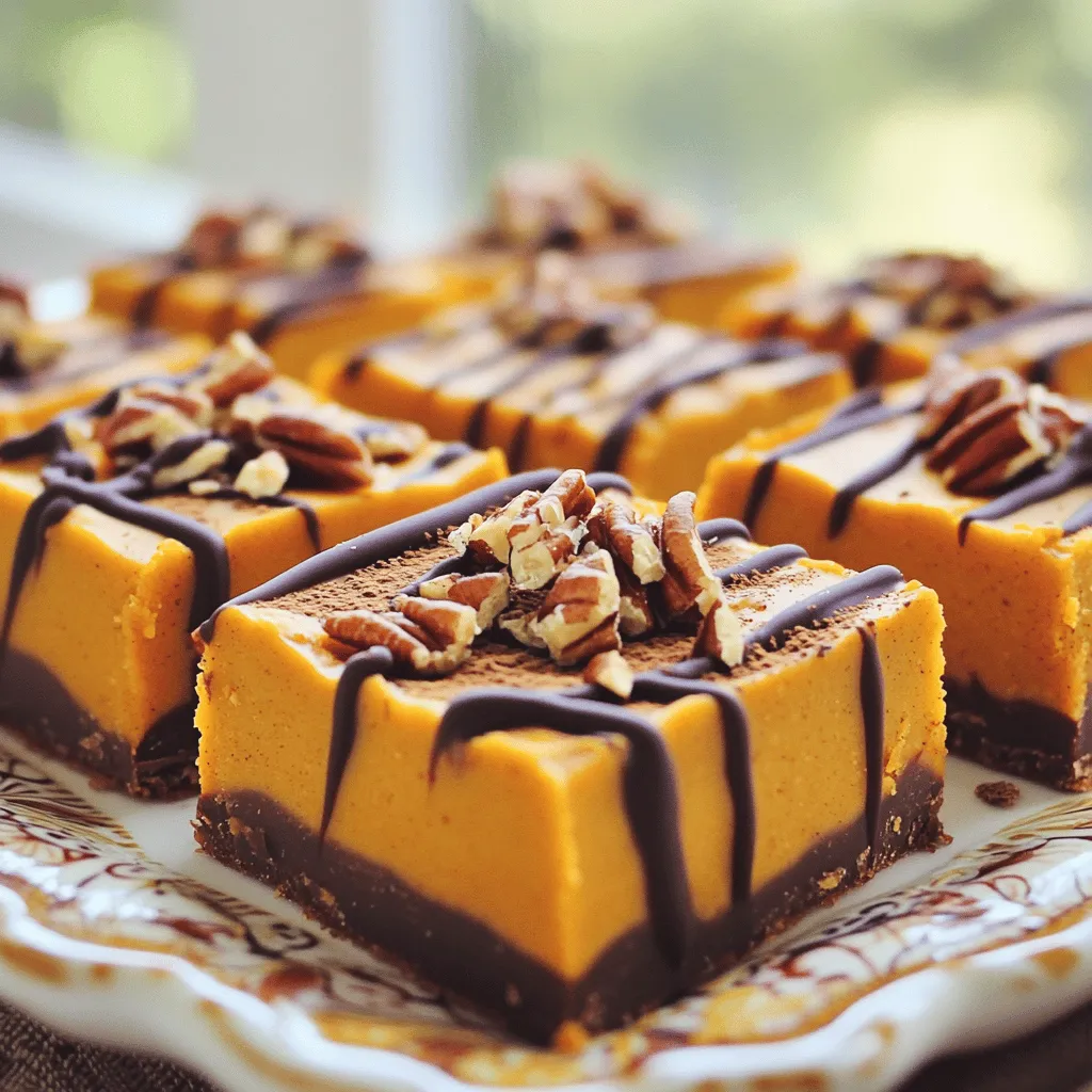 To make No-Bake Pumpkin Spice Fudge Bars, you will need the following ingredients: - 1 cup pumpkin puree - 2 cups almond flour - 1/2 cup maple syrup - 1/4 cup coconut oil, melted - 1 teaspoon pure vanilla extract - 1 teaspoon pumpkin pie spice - 1/4 teaspoon salt - 1/2 cup semi-sweet chocolate chips (dairy-free if desired) You can add extra texture and flavor with these toppings: - Chopped pecans - Chopped walnuts These toppings make the fudge bars even more delightful. They add crunch and a nutty taste that pairs well with the pumpkin. You might not have every ingredient at home. Here are some easy swaps: - Use sunflower seed flour instead of almond flour for a nut-free option. - Swap maple syrup with agave syrup or honey for sweetness. - If you don’t have coconut oil, try using unsalted butter or a different oil like canola. These substitutes keep the recipe simple while still tasting great. To make these no-bake pumpkin spice fudge bars, start by gathering your ingredients. In a large bowl, mix together the pumpkin puree, almond flour, maple syrup, melted coconut oil, vanilla extract, pumpkin pie spice, and salt. Stir well until the mixture is smooth. Next, line an 8x8 inch baking dish with parchment paper. Let some paper hang over the edges for easy removal later. Pour your pumpkin mixture into the prepared dish. Use a spatula to spread it evenly and press it down firmly. Melt semi-sweet chocolate chips in a microwave-safe bowl. Heat them in short bursts, about 30 seconds at a time. Stir between each burst until the chocolate is smooth. This method helps prevent burning. Once melted, drizzle the chocolate over the pumpkin layer. Use a spatula or the back of a spoon to spread it evenly. Be gentle to keep the layers nice and neat. To spread the pumpkin mixture evenly, start from the center of the dish. Push the mixture outwards towards the sides. Use the spatula to smooth the top. For the chocolate layer, work quickly. Move the spatula in gentle, circular motions. If you want, sprinkle chopped pecans or walnuts on top for extra flavor. Once done, place the dish in the refrigerator for at least 3 hours. This helps the fudge set so you can cut it into bars easily. To get the best texture in your fudge bars, use fresh pumpkin puree. If you use canned, make sure it’s pure pumpkin, not pie filling. Almond flour gives a nice crumbly base. Mix well to avoid lumps. Press the mixture firmly into the dish; this helps it set better. When melting chocolate, be sure not to overheat it. Stir often to keep it smooth. Store your fudge bars in an airtight container. This keeps them soft and fresh. They can last up to a week in the fridge. For longer storage, you can freeze them. Wrap each bar in plastic wrap, then place them in a freezer-safe bag. They can last up to three months in the freezer. Just thaw them in the fridge when you're ready to enjoy. Serve the fudge bars for dessert or a snack. They are great for parties or family gatherings. Drizzle extra melted chocolate on top for a treat that looks good and tastes great. You can also sprinkle cinnamon or chopped nuts for added flavor and crunch. Pair them with a hot drink for a cozy treat! {{image_2}} You can easily twist this recipe. Try adding different purees to change the taste. Sweet potato or butternut squash works well. You can also mix in spices like cinnamon or nutmeg for a new flavor burst. For a chocolate twist, add cocoa powder to the base. This will turn your fudge into a delicious chocolate pumpkin treat. If you want to cut sugar, there are great options. You can swap maple syrup for agave nectar or honey. Coconut sugar is another great choice. It adds a nice caramel flavor. Just remember, each sweetener has its own taste. So, adjust based on what you like. To make this recipe vegan, stick with maple syrup and dairy-free chocolate chips. Almond flour is also gluten-free, but you can use oat flour for a nut-free version. If you have nut allergies, try sunflower seed flour instead. This keeps the fudge tasty and safe for everyone! To keep your no-bake pumpkin spice fudge bars fresh, store them in the fridge. Use an airtight container to prevent moisture. If you do not have one, wrap the bars tightly in plastic wrap. This helps keep the texture and flavor intact. You can freeze the fudge bars for longer storage. First, cut them into squares. Then, place the squares in a single layer on a baking sheet. Freeze them for about an hour. Once firm, transfer the squares to a freezer bag. Label the bag with the date. This way, they stay fresh for up to three months. These fudge bars last about a week in the fridge. Keep an eye on their smell and texture. If they start to feel sticky or smell off, it's time to toss them. Enjoy the best quality by consuming them within five days. No-Bake Pumpkin Spice Fudge Bars last about one week in the fridge. Make sure to store them in an airtight container. This keeps them fresh and tasty. If you want to keep them longer, consider freezing them. They can stay good for up to three months in the freezer. Just thaw them in the fridge before serving. Yes, you can use different nut flours. If you don’t have almond flour, try cashew or hazelnut flour. Each will give its unique taste. Just keep in mind that the texture may change slightly. Use the same amount as in the recipe. If you need a nut-free option, sunflower seed flour works well too. You can swap maple syrup for honey or agave nectar. Both options add sweetness. If you want a sugar-free choice, use a sugar substitute like stevia or monk fruit. Adjust the amount based on your taste. These options will still keep your fudge bars delicious and flavorful. This blog post covered all you need to make No-Bake Pumpkin Spice Fudge Bars. We looked at key ingredients, step-by-step guides, and helpful tips. You learned about different topping options, ingredient swaps, and ways to store your fudge. There are useful variations for flavors and dietary needs too. Now, you have the tools to create a tasty treat. Enjoy making your fudge bars and share your sweet creations!