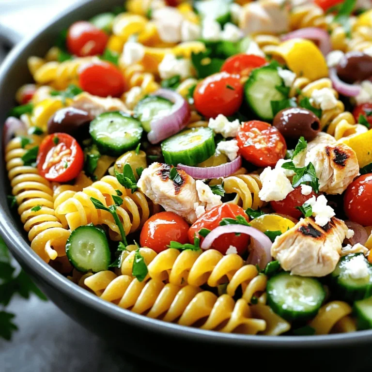 To make a tasty Greek chicken pasta salad, you need the right ingredients. Here are the main ones: - 2 cups rotini pasta - 1 pound boneless, skinless chicken breast - 1 cup cherry tomatoes, halved - 1 cucumber, diced - 1/2 red onion, finely chopped - 1 cup kalamata olives, pitted and sliced - 1/2 cup feta cheese, crumbled - 1/4 cup fresh parsley, chopped These ingredients come together to create a fresh, colorful dish. The right seasonings make this salad pop with flavor. Here’s what you need: - 2 tablespoons olive oil - 1 teaspoon dried oregano - 1 teaspoon garlic powder - Salt and pepper to taste - 2 tablespoons lemon juice - 1 teaspoon red wine vinegar (optional) These simple items add depth and brightness to the salad. You can add extra ingredients for a unique twist. Here are some ideas: - Avocado for creaminess - Bell peppers for crunch - Artichoke hearts for a tangy taste Feel free to mix and match these extras! The more you experiment, the more fun your salad becomes. Start with a large pot of salted water. Bring it to a boil. Add 2 cups of rotini pasta. Cook according to the package instructions until it is al dente. This usually takes about 8-10 minutes. Once done, drain the pasta and set it aside to cool. You want it to be nice and firm for the salad. While the pasta cooks, you can prepare the chicken. Take 1 pound of boneless, skinless chicken breast. Rub it with 2 tablespoons of olive oil. Sprinkle 1 teaspoon of dried oregano, 1 teaspoon of garlic powder, and add salt and pepper to taste. Heat a grill pan or skillet over medium heat. Cook the chicken for about 6-7 minutes on each side. Make sure it reaches 165°F internally. After cooking, let it rest for a few minutes and then slice it into bite-sized pieces. In a large bowl, combine the cooled pasta, sliced chicken, and fresh veggies. Add 1 cup of halved cherry tomatoes, 1 diced cucumber, 1/2 finely chopped red onion, and 1 cup of sliced kalamata olives. For the dressing, whisk together 2 tablespoons of lemon juice, 1 teaspoon of red wine vinegar, and a drizzle of olive oil in a small bowl. Pour this over the pasta mixture. Toss gently to mix everything well. To add extra flavor, fold in 1/2 cup of crumbled feta cheese and 1/4 cup of chopped parsley. Taste the salad and adjust the seasoning with more salt and pepper if needed. This step makes sure your salad has the perfect flavor. For the best taste, let the salad sit at room temperature for about 15 minutes before serving. This allows the flavors to blend nicely. Serve it in a large bowl with a drizzle of olive oil on top. You can also use clear glass bowls for individual servings. This way, everyone can see the colorful ingredients inside. To cook perfect pasta, start with a big pot of water. Use enough salt; it should taste like the sea. Add the rotini pasta once the water boils. Stir it right away to stop it from sticking. Cook until it is al dente, which means it has a little bite. This usually takes about 8 to 10 minutes. Drain the pasta and let it cool. Rinsing it under cold water can help stop the cooking. For tasty chicken, use simple seasonings. First, drizzle olive oil over the chicken breasts. Next, sprinkle dried oregano and garlic powder on both sides. Add salt and pepper to taste. These flavors work well together. Cook the chicken on medium heat for 6-7 minutes per side. Make sure the chicken reaches 165°F inside to be safe. Let it rest before slicing to keep the juices inside. When you assemble your salad, make sure all the ingredients are cool. Combine the cooled pasta, sliced chicken, and chopped veggies in a big bowl. Add cherry tomatoes, diced cucumber, red onion, and kalamata olives. For the dressing, whisk lemon juice and olive oil in a small bowl. Pour it over the salad and toss gently. Finally, fold in crumbled feta and parsley for a fresh touch. Let the salad sit for about 15 minutes before serving to let the flavors blend. {{image_2}} You can easily make a vegetarian version of Greek chicken pasta salad. Start by omitting the chicken. Instead, add chickpeas or white beans. These options give protein without meat. You can also include artichoke hearts for extra flavor. This twist keeps the salad filling and satisfying. If you want to switch up the protein, shrimp works well in this salad. Cook the shrimp in the same way as the chicken. Just grill or sauté until they turn pink. Tofu is another great option. Use firm tofu, cut into cubes. Press it to remove extra water, then sauté until golden brown. Both options add a unique taste to your dish. Adding seasonal vegetables can enhance your Greek chicken pasta salad. In the spring, try asparagus or snap peas for crunch. In the summer, add bell peppers or zucchini for fresh flavors. In the fall, consider roasted butternut squash or Brussels sprouts. In winter, use hearty greens like kale or spinach. These choices keep the salad fresh and exciting all year round. To store leftover Greek Chicken Pasta Salad, place it in an airtight container. Make sure to cover it tightly to keep out air. You can also use a bowl with plastic wrap on top. This keeps the salad fresh and tasty. To keep your salad fresh, store the dressing separately. This stops the pasta and veggies from getting soggy. Use the salad within three days for the best flavor. Check the ingredients for any signs of spoilage before eating. If you want to eat your salad warm, reheat the chicken only. Warm the chicken in a pan over low heat. Do not reheat the pasta salad, as it tastes best cold. Enjoy the fresh flavors just as they are! Yes, you can make Greek Chicken Pasta Salad ahead of time. This salad tastes great when chilled. Prepare it up to a day before serving. Just keep it in the fridge. The flavors will blend well overnight. If you need a substitute for feta cheese, try using goat cheese or ricotta. Both add creaminess and a tangy taste. You can also use grated parmesan for a different flavor. If you want a dairy-free option, try tofu or nutritional yeast. Greek Chicken Pasta Salad will last about 3 to 4 days in the fridge. Keep it in an airtight container to stay fresh. If you notice any change in smell or texture, it’s best to toss it. Absolutely! Whole wheat pasta works well in this salad. It adds extra fiber and a nutty flavor. Just cook it according to the package directions. The texture will still hold up nicely with the other ingredients. You learned about making a tasty Greek Chicken Pasta Salad. We covered main ingredients, cooking steps, and storage tips. You can get creative with flavors and variations. Remember, seasoning is key for great chicken. This dish is fun and easy to make. It works well for lunch or dinner. Enjoy making your salad unique, and share it with family and friends. Keep these tips in mind for the best results every time.