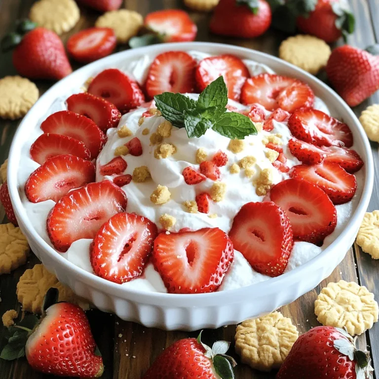 - 1 cup fresh strawberries, hulled and sliced - 1 tablespoon sugar (optional) - 1 cup cream cheese, softened - 1/2 cup powdered sugar - 1 teaspoon vanilla extract - 1 cup whipped cream (store-bought or homemade) - 1 cup crushed shortbread cookies, plus extra for garnish - Fresh mint leaves for garnish To make this dip, you need fresh ingredients. Start with ripe strawberries. These bring sweetness and color. You can add sugar to enhance the flavor. Cream cheese gives the dip its rich, smooth base. The powdered sugar adds sweetness. Vanilla extract gives a lovely aroma and taste. Whipped cream makes it light and fluffy. Crushed shortbread cookies add a nice crunch. Finally, fresh mint leaves brighten up the dish. Each ingredient plays a key role in creating a delicious strawberry shortcake dip. Enjoy mixing these simple, fresh items for a treat everyone will love! First, you need to macerate the strawberries. In a medium bowl, combine the sliced strawberries with sugar. This step is optional and depends on how sweet your berries are. Toss the strawberries gently to coat them in sugar. Let the mixture sit for about 10-15 minutes. This process softens the berries and brings out their juice. Next, make the dip base. In a large mixing bowl, beat the softened cream cheese until smooth. Use a hand mixer or stand mixer for ease. Add the powdered sugar and vanilla extract to the cream cheese. Keep mixing until everything is well combined and fluffy. Now it’s time to combine all ingredients. Gently fold in the whipped cream. Be careful not to deflate the whipped cream too much; it keeps the dip light. Stir in the crushed shortbread cookies, saving some for garnish. Add the macerated strawberries and fold to mix. This helps the flavors meld together. Finally, transfer the dip to a serving bowl. Sprinkle the reserved crushed shortbread on top for a nice finish. To keep your whipped cream fluffy, fold it in gently. Use a spatula and turn the mixture lightly. This method helps maintain air. If you whisk too hard, you can deflate it. For a smooth cream cheese texture, make sure it is softened before mixing. Beat it well until creamy and free of lumps. Garnishing your dip makes it more fun. Top it with extra shortbread and fresh strawberry slices. You can also sprinkle crushed cookies for a crunchy look. Use a colorful platter to serve the dip. Bright colors make it pop and catch the eye. You can serve this dip with many tasty dippers. Fresh strawberries, shortbread cookies, and graham crackers work best. These pairings bring out the sweet flavor of the dip. This dish is perfect for parties, picnics, or family gatherings. It adds a light and refreshing touch to any occasion. {{image_2}} You can change up the fruit in your dip. Using other berries like blueberries or raspberries adds a fun twist. They bring unique flavors and colors. You can even mix the berries for a colorful dip. Adding citrus like lemon or lime juice brightens the taste. Just a little zest can make your dip pop. For a dairy-free version, try using cashew cream instead of cream cheese. Just blend soaked cashews with a bit of vanilla and sweetener. For whipped cream, use coconut cream or a dairy-free alternative. Both options keep your dip creamy without the dairy. Want to take your dip to the next level? Adding a drizzle of chocolate or caramel can be magical. It brings a rich taste that pairs well with strawberries. You can also try incorporating nut extracts like almond or hazelnut. Just a few drops can add a whole new flavor layer to your dip. To store your Strawberry Shortcake Dip, use an airtight container. This keeps the dip fresh and prevents it from absorbing other fridge smells. Make sure the lid seals tightly. Place the dip in the fridge right away after serving. It’s best to keep it chilled until you are ready to enjoy it again. You can eat the dip within three days for the best taste. After that, the strawberries may get mushy, and the dip may lose its freshness. If you notice any change in smell or texture, it’s best to throw it out. To refresh your dip, gently stir it before serving. If it looks a bit thick, add a splash of whipped cream and mix. This will help restore its light and fluffy texture. Avoid using heat, as that can change the dip's flavor and consistency. Yes, you can make this dip ahead. Here are some tips: - Make the dip a day before serving. - Store it in an airtight container in the fridge. - Add crushed cookies just before serving for crunch. - Fresh strawberries can be added later for best taste. You have many tasty options. Here are some great snacks to dip: - Fresh strawberry slices - Shortbread cookies - Graham crackers - Vanilla wafers - Biscotti - Pretzel sticks These snacks add flavor and fun to the dip. Yes, you can use frozen strawberries. Here are the pros and cons: Pros: - Frozen strawberries are available year-round. - They can be less expensive than fresh ones. - They work well when macerated for dips. Cons: - Frozen strawberries may be mushier when thawed. - They may lack the fresh flavor of ripe strawberries. - They release more juice, which can change the dip's texture. You now know how to make a delicious Strawberry Shortcake Dip. We covered fresh ingredients, step-by-step instructions, and helpful tips to create the perfect recipe. Remember to consider variations and storage options for the best results. Enjoy this fun, tasty treat at your next gathering. The right dippers and garnishing will impress everyone. You can even try new flavors to keep it fresh and exciting. Enjoy your dip creation!