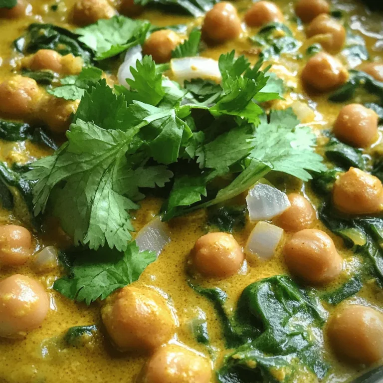 - 2 cups canned chickpeas, drained and rinsed - 3 cups fresh spinach, chopped - 1 medium onion, finely chopped - 2 cloves garlic, minced - 1 tablespoon ginger, grated - 1 can (14 oz) coconut milk I love using canned chickpeas in this recipe. They save time and taste great. Fresh spinach adds nutrition and a lovely green color. The onion, garlic, and ginger bring depth to the dish. Creamy coconut milk makes the curry rich and smooth. - 1 tablespoon olive oil - 1 teaspoon cumin seeds - 1 teaspoon turmeric powder - 1 teaspoon garam masala - 1 teaspoon coriander powder - Salt to taste Spices are key to this dish. Cumin seeds give a warm flavor, while turmeric adds color and health benefits. Garam masala brings a complex taste, and coriander powder rounds it out. A pinch of salt helps all the flavors shine. - Fresh cilantro for garnish Fresh cilantro adds a burst of flavor and color. It makes the dish look beautiful and fresh. You can sprinkle it on top just before serving to enhance the overall taste. - Start by chopping the onion, garlic, and ginger. Use a sharp knife to make even sizes. This helps with cooking. - Rinse the chickpeas in cold water. Drain them well to avoid extra liquid in your dish. - In a large pan, heat the olive oil over medium heat. Add the cumin seeds and sauté for about 30 seconds. You want to smell their rich aroma. - Next, add the chopped onion. Cook it for about 5 minutes until it looks soft and clear. - Stir in the minced garlic and grated ginger. Cook for 1-2 minutes. You’ll love the smell! - Now, add the turmeric, garam masala, and coriander powder. Stir for 1 minute to toast the spices. This step brings out their best flavor. - Incorporate the canned chickpeas and mix well. Coat them with the spices. This ensures every bite is tasty. - Pour in the coconut milk. Stir everything together and bring it to a gentle simmer. This will create a creamy base. - Lower the heat and add the chopped spinach. Stir until it wilts, which takes about 3-5 minutes. The spinach adds color and nutrition. - Season with salt to taste. Let the curry simmer for another 5 minutes. This step helps all the flavors blend nicely. - Once ready, turn off the heat. Serve hot in bowls. - Garnish with fresh cilantro on top for a pop of color and freshness. Enjoy your delicious Chickpea Spinach Curry! To get the right consistency in your curry, make sure to mix well. Once you add the coconut milk, stir until everything blends. This helps all the flavors come together nicely. If your curry is too thick, add a splash of water. This will help balance it out. When sautéing spices, heat your pan first. This allows the spices to release their oils and flavor. Start with the cumin seeds and let them sizzle for about 30 seconds. You will smell the fragrant aroma. Then add the onion, garlic, and ginger. Cook until soft and golden. To add acidity, a squeeze of lime or lemon juice works well. This brightens the dish and balances the creaminess of the coconut milk. If you want some sweetness, consider adding a bit of brown sugar or a splash of maple syrup. These small tweaks can elevate your curry's taste. For sides, serve with fluffy rice or warm naan bread. Both soak up the sauce and make each bite enjoyable. You might also try a fresh salad or roasted vegetables for a crunchy contrast. Pair your Chickpea Spinach Curry with basmati rice or quinoa for a filling meal. The grains absorb the flavors while adding a nice texture. You can also serve it with warm naan or pita bread for dipping. For vegan meal prep, consider packing the curry with rice in meal containers. It stores well in the fridge for up to four days. You can enjoy it for lunch or dinner throughout the week. This makes it easy to stay on track with healthy eating. {{image_2}} You can change up the beans or legumes in this recipe. Black beans or lentils work well. They add different flavors and textures. Using frozen spinach is also an option. Just make sure to thaw and drain it first. Fresh spinach tastes great, but frozen is quick and easy. To make this dish gluten-free, check all labels on your spices and coconut milk. Most are naturally gluten-free, so you should be safe. If you need it nut-free, this recipe already fits! Just avoid any nuts in your garnish or sides. If you like heat, add chili peppers to the mix. Sauté them with the onions for a kick. You can also adjust the spice levels by adding more or less turmeric and garam masala. Start small, then taste as you go. This way, you can find your perfect spice level. To keep your Chickpea Spinach Curry fresh, store leftovers in the fridge. Use airtight containers to prevent spills and keep the flavors. It’s best to eat leftovers within three days. If you want to enjoy them later, freezing is a great option. You can reheat the curry in the microwave or on the stovetop. For the microwave, place the curry in a bowl and heat for 1-2 minutes. Stir halfway through to heat evenly. If using the stovetop, warm it over low heat. Stir often to keep it from sticking. This helps retain the rich flavors you love. When freezing, let the curry cool completely. Then, pour it into freezer-safe containers. Leave some space at the top for expansion. You can freeze it for up to three months. To thaw, place the curry in the fridge overnight. For a quicker option, use the microwave on a low setting. Always stir well after thawing to mix the flavors back together. You can pair this curry with several sides. Here are some great options: - Basmati rice: This fluffy rice absorbs the curry well. - Naan bread: Soft bread is perfect for scooping up the curry. - Quinoa: A healthy grain that adds protein. - Raita: This yogurt dish cools the spice and adds creaminess. - Salad: A fresh side can balance the rich flavors. Leftover chickpea spinach curry can last up to four days in the fridge. Store it in an airtight container. Make sure to let it cool down before sealing. This keeps it fresh longer. If you want to keep it for more time, you can freeze it. It will stay good in the freezer for about three months. Yes, this recipe is perfect for meal prep! Here are some tips: - Prepare in batches: Make a large pot and divide it into portions. - Store in containers: Use airtight containers for easy grab-and-go meals. - Reheat well: You can reheat it in the microwave or on the stove. Just add a splash of water to keep it moist. Meal prepping saves time and helps you enjoy tasty meals all week! This blog post covered how to make a delicious Chickpea Spinach Curry. I shared ingredients, cooking steps, and tips for the best flavor. You learned about variations for dietary needs and how to store leftovers. Remember, cooking is all about experimenting and finding what you love. Enjoy this dish with rice or bread, and feel free to make it your own. Happy cooking!