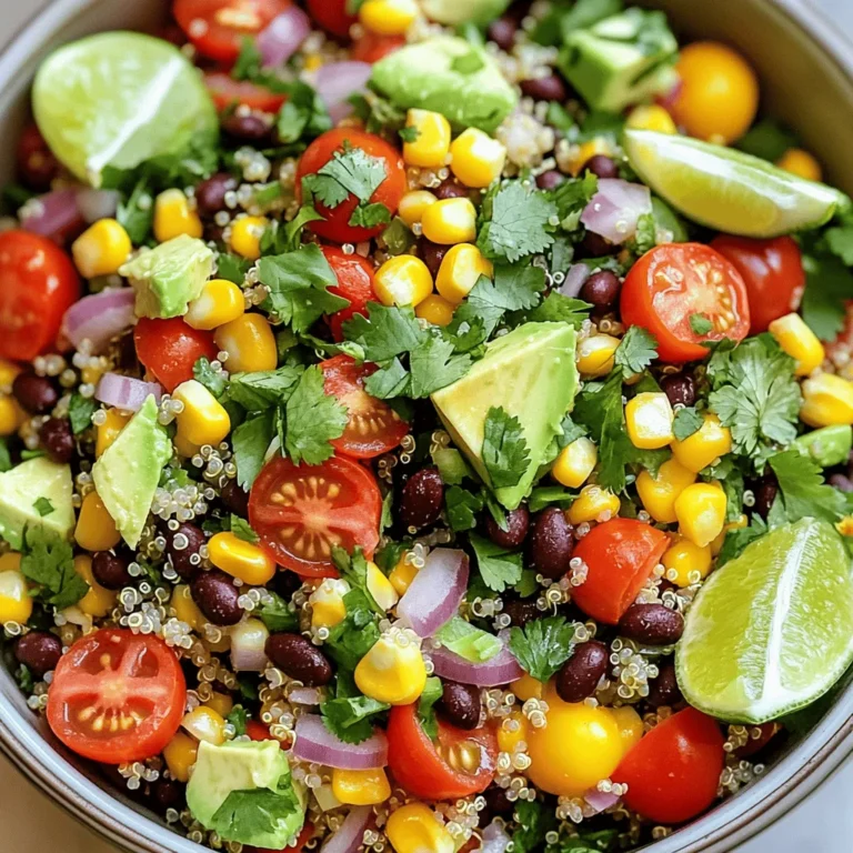 To make a Cilantro Lime Quinoa Salad, you need fresh and simple ingredients. Here’s what you will gather: - 1 cup quinoa, rinsed - 2 cups vegetable broth or water - 1 cup cherry tomatoes, halved - 1 bell pepper (red or yellow), diced - 1 cup corn (fresh or canned) - 1/2 red onion, finely chopped - 1 cup black beans, rinsed and drained - 1 avocado, diced - 1/4 cup fresh cilantro, chopped - Juice of 2 limes - 3 tablespoons olive oil - Salt and pepper to taste - 1 teaspoon chili powder (optional) These ingredients bring a burst of flavor and color. Quinoa serves as the base. It is high in protein and gluten-free. You can use vegetable broth or water for cooking. The broth adds a rich taste. The veggies add crunch and sweetness. I love using cherry tomatoes and bell peppers for color. Fresh corn gives a nice sweetness, too. Black beans add protein and fiber, making this salad filling. The dressing is simple yet bright. Lime juice and olive oil mix well with salt and pepper. You can add chili powder if you want some heat. Finally, fresh cilantro adds a lovely herb flavor. It makes this dish stand out. Gather all these ingredients, and you are ready to create a fresh, tasty salad! - First, bring 2 cups of vegetable broth to a boil in a medium saucepan. - Once the broth boils, add 1 cup of rinsed quinoa. Stir it gently. - Reduce the heat to low and cover the pot. Let it simmer for 15 minutes. - After 15 minutes, check if the quinoa is fluffy and the liquid is gone. - Fluff the quinoa with a fork and let it cool for a bit. - While the quinoa cooks, grab a large mixing bowl. - Chop 1 cup of cherry tomatoes in half. - Dice 1 bell pepper, either red or yellow. - If using fresh corn, cut it off the cob. If canned, drain it well. - Finely chop 1/2 red onion. - Rinse and drain 1 cup of black beans. - Dice 1 avocado and add it to the bowl. - Mix all these ingredients well in your bowl. - Once the quinoa cools, add it to the bowl with the veggies. - In a small bowl, whisk together the juice of 2 limes, 3 tablespoons of olive oil, salt, and pepper. - If you want a bit of heat, add 1 teaspoon of chili powder. - Pour the dressing over the quinoa and vegetables. Toss gently to mix. - Finally, fold in 1/4 cup of chopped cilantro. Taste and adjust the seasoning if needed. - Let the salad sit for 10-15 minutes to blend the flavors before serving. To get the best quinoa, start by rinsing it well. Use a fine mesh strainer. Rinsing helps remove the bitter coating called saponin. This step makes your quinoa taste much better. After cooking, fluff the quinoa with a fork. This helps separate the grains. It should be light and airy, not sticky. Let it cool a bit before mixing it into the salad. Adjusting seasoning is key. Taste your salad before serving. If it needs more zing, add a pinch of salt or extra lime juice. For a kick, try adding chili powder. It brings a warm heat that many enjoy. For dressings, olive oil and lime juice work well. You can also add a splash of vinegar for extra flavor. These simple dressings make your salad fresh and vibrant. For serving, you can use a large bowl or individual cups. This makes it easy for guests to help themselves. Arrange the salad in a colorful way to show off the ingredients. Garnish with lime wedges and extra cilantro leaves. This adds a pop of color and makes the dish look more appealing. A sprinkle of chili powder on top can also add a nice touch. {{image_2}} You can change the beans in your salad. Try using chickpeas for a new taste. You might also enjoy kidney beans or pinto beans. Seasonal veggies can add color and flavor too. In summer, consider adding cucumbers or zucchini. In fall, roasted sweet potatoes or butternut squash work well. This salad is naturally gluten-free. You can enjoy it without worry if you avoid gluten. It’s also great for vegans and vegetarians since all the ingredients are plant-based. If you want protein, add more beans or some tofu. Want to spice things up? Add a pinch of cumin or some fresh oregano. Fresh herbs like basil or mint can brighten the dish. You can also mix in fruits. Diced mango or pineapple brings sweetness and fun. These additions make your salad unique and delicious. After making your cilantro lime quinoa salad, store it in an airtight container. This keeps the salad fresh. Place it in the fridge within two hours of making it. The cool air helps maintain its taste and crunch. The salad can last up to three days in the fridge. Before serving, stir it gently and adjust the seasoning if needed. If you want to save some for later, you can freeze the salad. First, pack it in a freezer-safe container. Make sure to leave some space at the top, as the salad may expand. It’s best to freeze it without the avocado, as it won’t thaw well. This way, you keep flavors fresh. You can freeze the salad for up to three months. To eat, thaw it overnight in the fridge, then stir and serve. Freshness is key with this salad. If stored properly, it lasts about three days in the fridge. Check for signs of spoilage, like off smells or a change in color. If the salad looks or smells bad, it’s best to toss it. Enjoy your salad while it’s fresh for the best taste and texture! Yes, you can make this salad ahead of time. It tastes even better after sitting. Just keep it in the fridge. The flavors mix and get stronger. I suggest mixing in the avocado right before serving to keep it fresh. You can serve this salad with grilled chicken, shrimp, or fish. It pairs well with tacos or burritos too. For a lighter meal, try it with a side of roasted vegetables. This salad also works great as a filling lunch. To make fluffy quinoa, rinse it well before cooking. This removes bitter saponins. Use a 2:1 ratio of broth to quinoa. Bring the broth to a boil, then lower the heat. Cover and let it simmer until all the liquid is absorbed. Fluff it with a fork afterward. Absolutely! You can use brown rice, farro, or couscous. Each grain has its own taste and texture. Just adjust the cooking time based on the grain you choose. Make sure to check the package for cooking instructions. Store leftovers in an airtight container in the fridge. They can last for up to three days. Use them in wraps or as a topping for tacos. You can also mix them into soups for added flavor. This blog post covered how to make a tasty Cilantro Lime Quinoa Salad. We started with fresh ingredients like quinoa, veggies, and beans. Next, I shared steps for cooking and mixing them. Tips helped you perfect the flavor and presentation. You learned variations for dietary needs and how to store the salad safely for later. In conclusion, this salad is versatile and easy to make. It offers great flavors and nutrition. Enjoy creating your own version!