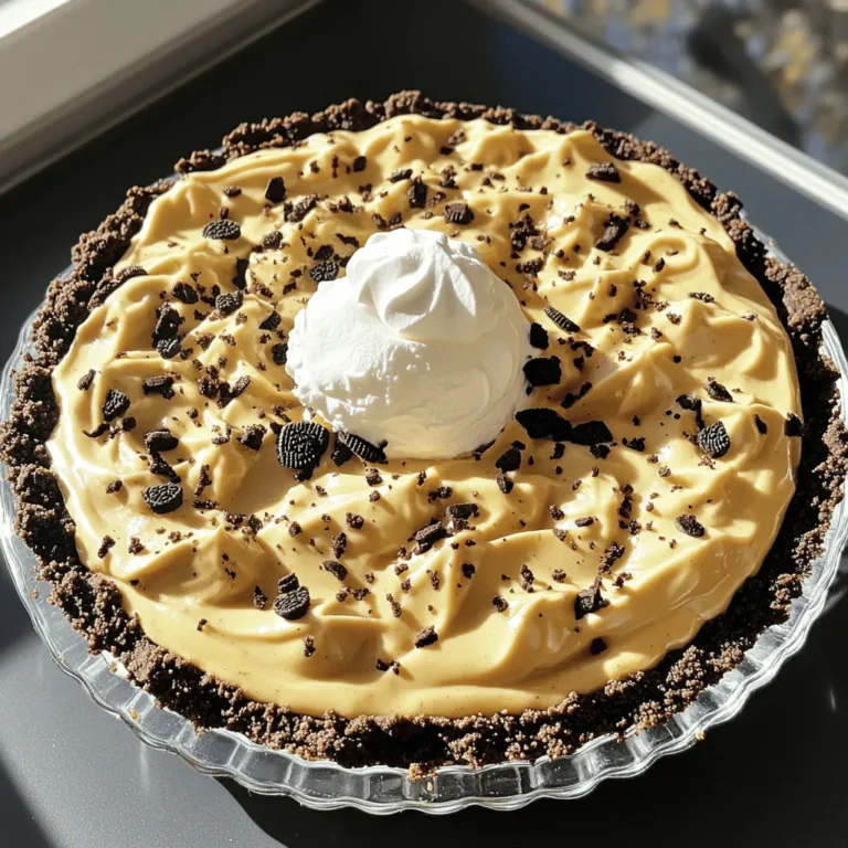 - 24 Oreo cookies - 1/4 cup unsalted butter - 1 cup creamy peanut butter - 1 cup powdered sugar - 1 cup heavy whipping cream - 1 teaspoon vanilla extract - Optional garnish materials I love using simple ingredients that pack a punch in flavor. For this pie, start with 24 Oreo cookies. These create a tasty crust that's hard to beat. You’ll need 1/4 cup of unsalted butter to hold the crust together. Next, grab 1 cup of creamy peanut butter. This gives the pie its rich flavor. To add sweetness, use 1 cup of powdered sugar. It helps balance the salty peanut butter. For the filling, you need 1 cup of heavy whipping cream. This adds a light, fluffy texture. Lastly, 1 teaspoon of vanilla extract enhances the overall taste. Feel free to use extra crushed Oreos for garnish if you want. They add a nice touch on top of the pie. These ingredients come together to create a dessert that everyone will enjoy. Remember, the key to this pie is using fresh ingredients for the best taste! 1. Start by taking 24 Oreo cookies. Crush them into small pieces. You can use a food processor or put them in a zip-top bag and crush them with a rolling pin. 2. In a medium bowl, mix the crushed Oreos with 1/4 cup of melted unsalted butter. Stir until the mix looks like wet sand. 3. Press this mixture firmly into the bottom and up the sides of a 9-inch pie pan. Make sure it is packed tight to hold its shape. 4. Put the crust in the refrigerator for about 15 minutes. This helps it set and firm up. 1. In a large mixing bowl, combine 1 cup of creamy peanut butter and 1 cup of powdered sugar. Use a hand mixer to beat them together until smooth and creamy. 2. In another bowl, whip 1 cup of heavy whipping cream with 1 teaspoon of vanilla extract. Beat this mix until soft peaks form. This takes about 3 to 5 minutes. 1. Gently fold the whipped cream into the peanut butter mixture. Use a spatula and fold until you do not see any white. This keeps the filling light and fluffy. 2. Pour the peanut butter filling into the chilled Oreo crust. Spread it evenly to the edges. 3. Cover the pie with plastic wrap and refrigerate it for at least 4 hours. This allows it to set properly. 4. Before serving, sprinkle extra crushed Oreos on top for a tasty garnish. Enjoy your delicious no-bake pie! - Crushing Oreos: To crush your Oreos, you can use a food processor for quick results. If you don’t have one, place the cookies in a zip-top bag and crush them with a rolling pin. Aim for small crumbs without large chunks. - Holding Together: After mixing the crushed Oreos with melted butter, it should look like wet sand. Press it firmly into the pie pan. This step is key. A well-pressed crust holds together better when you slice it. - Whipping Cream: Use cold heavy cream for the best results. Start at a low speed to avoid splatters, then increase it. Whip until you see soft peaks form. Don’t over-whip or it will become grainy. - Folding Ingredients: When adding whipped cream to the peanut butter mixture, use a spatula. Gently fold the cream in, turning the bowl as you go. This keeps the air in the whipped cream, making your pie light and fluffy. - Garnishing Ideas: Top your pie with a sprinkle of crushed Oreos for texture. You can also add a drizzle of melted chocolate or caramel for extra flair. - Serving Suggestions: Serve slices with a dollop of whipped cream on top. It adds creaminess and looks great. A few more crushed Oreos on the side can make it even more appealing. {{image_2}} You can make this pie even more fun. Try using crunchy peanut butter instead of creamy. This will add a nice texture. You will feel the peanut bits in every bite. Another idea is to swirl in chocolate or caramel. Drizzle some melted chocolate or caramel on top before chilling. This adds a sweet touch. It makes each slice look fancy and tastes great too! If you need a gluten-free pie, use gluten-free Oreos. They taste just as good and fit your diet. For a vegan option, swap the creamy peanut butter with a plant-based version. Use coconut cream instead of heavy cream. This keeps the pie rich and creamy. You won’t miss the dairy! To keep your No-Bake Peanut Butter Oreo Pie fresh, store it in the fridge. Place the pie in an airtight container or cover it tightly with plastic wrap. This keeps the pie from drying out or absorbing other smells. You can store it in the fridge for up to 5 days. If you want to make this pie ahead of time, it’s a great idea! You can prepare it a day or two before your event. Just make sure to let it chill for at least 4 hours before serving. This ensures it sets properly and tastes great. You can freeze your pie if you want to save it for later. To do this, wrap the pie tightly in plastic wrap and then in aluminum foil. This extra layer protects it from freezer burn. You can freeze it for up to 2 months. When you're ready to eat, take the pie out of the freezer and move it to the fridge. Let it thaw for about 6 hours or overnight. This helps maintain the smooth texture of the filling and crust. It’s best to enjoy this pie chilled, as it tastes amazing when served cold. The pie needs to chill for at least 4 hours. This helps it set properly. If you want the best texture, chill it overnight. The longer it chills, the better the flavors meld together. You want to ensure it is firm before serving. Yes, you can use other cookies! Chocolate sandwich cookies work well. You could try vanilla wafers for a lighter flavor. Graham crackers are also a great choice. Each cookie type brings a different taste to the pie. Experiment and find your favorite! If you need a substitute for heavy cream, there are options. You can use coconut cream for a non-dairy choice. Cream cheese mixed with milk can also work. For a lighter option, use half-and-half or whole milk. Whipping the substitutes may not yield the same results, but they can still taste great! This blog post outlines how to create a No-Bake Peanut Butter Oreo Pie. You learned about the core ingredients and step-by-step instructions for making this simple dessert. We also covered tips to achieve a perfect crust and creamy filling. Plus, I shared variations and storage info to keep your pie fresh. In short, this pie is easy to make and fun to customize. Happy baking!