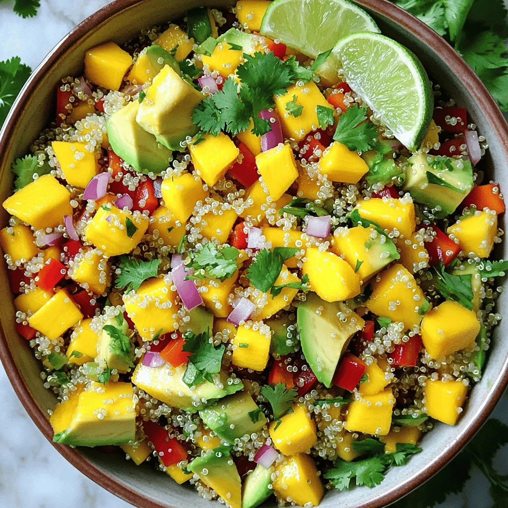 - 1 cup quinoa, rinsed - 2 cups water or vegetable broth - 1 ripe mango, diced - 2 ripe avocados, diced - 1 red bell pepper, diced - 1 small red onion, finely chopped - 1/4 cup fresh cilantro, chopped - 1 lime, juiced - 3 tablespoons olive oil - Salt and pepper to taste The main ingredients create a fresh and colorful base for the salad. Quinoa adds protein and fiber. Mango and avocado bring creaminess and sweetness. The red bell pepper and onion add crunch and zest. Fresh cilantro adds a bright note. This mix gives you a salad that is both tasty and healthy. - Jalapeño for extra spice Adding jalapeño gives the salad a nice kick. If you love heat, chop it finely and mix it into the dressing. It enhances the flavor and makes every bite exciting. - Medium saucepan - Large mixing bowl - Whisk You will need a medium saucepan to cook the quinoa. A large mixing bowl is perfect for combining all your ingredients. A whisk helps you blend the dressing well. These tools make the process easy and fun! To start, rinse your quinoa in a fine mesh strainer. This step removes any bitter flavor. Next, in a medium saucepan, combine 1 cup of rinsed quinoa with 2 cups of water or vegetable broth. Bring it to a boil. Once boiling, reduce the heat to low. Cover the pot and let it simmer for about 15 minutes. The quinoa is done when it looks fluffy and the liquid is absorbed. To check for doneness, look for small white tails on the grains. After cooking, take the pot off the heat. Let it sit covered for 5 more minutes. This helps make it even fluffier. Fluff the quinoa with a fork and set it aside to cool. While the quinoa cools, prepare your fruits and vegetables. Dice the ripe mango and avocados into bite-sized pieces. Chop the red bell pepper and finely chop the red onion. Don’t forget to chop the fresh cilantro too! In a large mixing bowl, combine all these chopped ingredients. Once everything is in the bowl, it’s time to add the cooled quinoa. Gently fold the quinoa into the mixture. This keeps the avocados and mangos intact and adds texture. For the dressing, take a small bowl and whisk together the juice of one lime, 3 tablespoons of olive oil, and a pinch of salt and pepper. If you want some heat, finely chop a jalapeño and add it to the mix. Whisk until everything is well combined. Once the dressing is ready, pour it over the salad. Gently toss the salad to coat all the ingredients with the dressing. Taste it and adjust the seasoning if needed. You might want a little more salt or pepper. Enjoy this fresh and colorful salad right away, or let it chill for 30 minutes to let the flavors mix together. To keep your avocados and mangoes intact, handle them gently. When you cut them, aim for clean slices. Avoid mashing or pressing too hard while mixing. This way, you'll enjoy fresh chunks in every bite. Adjusting the seasoning is key for taste. After mixing your salad, take a small bite. If it needs more flavor, add a pinch of salt or a squeeze of lime juice. Taste as you go, and make it your own. For a vibrant dish, serve the salad in a large, shallow bowl. This allows the colors to shine. Garnish with fresh cilantro and lime wedges for that extra pop. Consider adding edible flowers for a stunning look. Pair this salad with grilled chicken or fish for a complete meal. It also goes well with tacos or wraps. The flavors mix well and create a fun dining experience. Quinoa is a great source of protein and fiber. It helps keep you full and energized. Mangoes are rich in vitamins A and C, boosting your immune system. Avocados provide healthy fats, great for your heart. Each serving has around 250 calories, depending on your portion size. This makes it a healthy option for lunch or dinner. Enjoy this bowl of goodness without any guilt! {{image_2}} You can easily change the salad with seasonal veggies. Try adding corn in summer or butternut squash in fall. These add a fresh twist. You can also swap fruits based on what you find. Use peaches in summer or pomegranate seeds in winter. This keeps the salad exciting and fresh all year. This salad is vegan and gluten-free. You can enjoy it without worry. If you need to cut down on salt, skip the added salt in the dressing. Use low-sodium broth when cooking quinoa. These changes still keep the flavors strong and delicious. Want to spice things up? Add spices inspired by other cuisines. Try cumin for a warm, earthy touch or curry powder for a unique flavor. You can also switch the dressing. Instead of lime and olive oil, use balsamic vinegar or sesame dressing for a new taste. These variations can make the salad feel new every time you make it. To store leftovers, place the salad in an airtight container. This helps keep it fresh. Use it within 2 to 3 days for the best taste. After that, the avocados may brown and the salad may lose its crunch. Can you freeze mango avocado quinoa salad? I do not recommend freezing it. The avocado and mango change texture when frozen and thawed. If you want to freeze, keep the quinoa separate from the fresh ingredients. To refresh the salad after storage, add a splash of lime juice. This brightens the flavors. I suggest serving it chilled. This makes it even more refreshing, especially on a warm day. To ripen avocados fast, place them in a brown paper bag. Add an apple or banana to speed up the process. These fruits give off ethylene gas, which helps avocados ripen. Check them daily. When they feel soft, they are ready to eat. Choose avocados that have dark skin and feel slightly soft for the best flavor. Quinoa cooks in about 15 minutes. First, bring water or broth to a boil. Then, add the rinsed quinoa and reduce the heat. Cover the pot and let it simmer. After 15 minutes, the quinoa should look fluffy and have absorbed all the liquid. Let it sit for five minutes to steam. Fluff it with a fork for the best texture. Yes, you can prepare this salad in advance. Make the quinoa and chop all the veggies a day before serving. Store them in the fridge. When you're ready to eat, mix everything together with the dressing. If you let it chill for 30 minutes, the flavors blend well. However, add avocados just before serving to keep them fresh. If you want a substitute for quinoa, try brown rice or farro. Both have great texture and flavor. You can also use couscous, but it cooks faster. For a low-carb option, consider cauliflower rice. Each option brings its own taste and texture, so pick what you like best! This blog post covered key ingredients, detailed steps, and helpful tips for making Mango Avocado Quinoa Salad. You learned about the main ingredients like quinoa, fruits, and vegetables, as well as optional ones for added spice. By following the instructions, you can create a fresh, healthy dish. Remember to store any leftovers properly to keep them tasty. Enjoy exploring variations and personalizing the salad to match your taste. This recipe is not just about making food; it’s about enjoying a fun and nutritious dish!