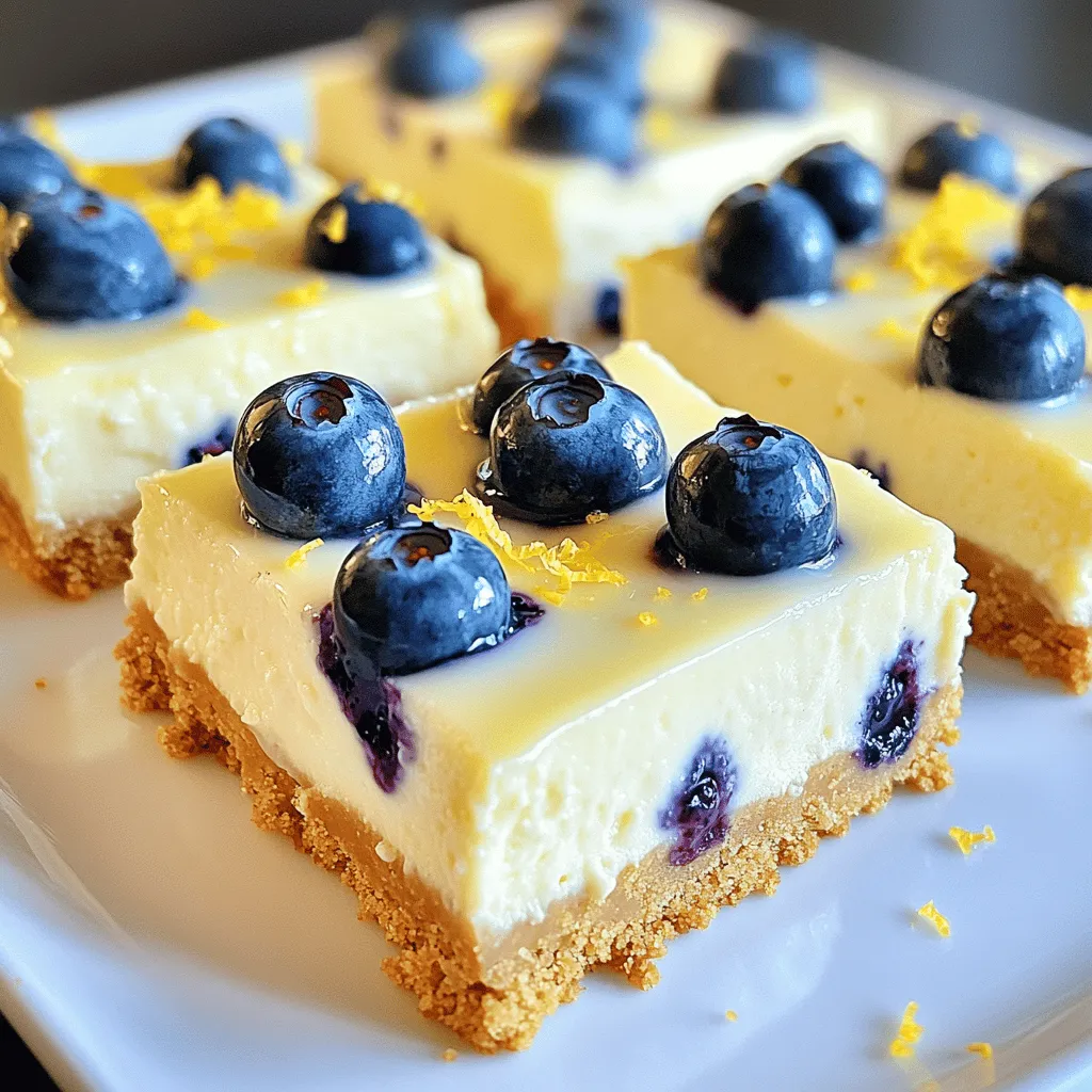 For this tasty Lemon Blueberry Cheesecake Bars recipe, you will need: - 1 cup graham cracker crumbs - 1/3 cup melted unsalted butter - 1/4 cup granulated sugar (for crust) - 16 oz cream cheese, softened - 1 cup powdered sugar - 1/2 cup sour cream - 1/4 cup fresh lemon juice - Zest of 1 lemon - 2 large eggs - 1 cup fresh blueberries (plus extra for topping) Each of these ingredients plays a key role in making your bars rich and flavorful. If you need to swap some ingredients, here are some ideas: - Use crushed cookies instead of graham crackers for the crust. - If you need a dairy-free option, try vegan cream cheese. - For a lower-sugar option, use a sugar substitute in the crust and filling. Store leftover bars in an airtight container in the fridge for up to five days. When choosing blueberries, look for these signs: - They should be plump and firm, not mushy. - Choose berries with a deep blue color; this means they are ripe. - Avoid any berries with white or green spots, as they are not fully ripe. Fresh blueberries add the best flavor and texture to your cheesecake bars. Always wash them gently before using. Start by preheating your oven to 350°F (175°C). This ensures the crust bakes evenly. Next, grab a medium bowl. Combine 1 cup of graham cracker crumbs, 1/3 cup of melted unsalted butter, and 1/4 cup of granulated sugar. Mix until it looks like wet sand. Now, take a baking pan, about 8x8 inches, and line it with parchment paper. Leave some paper hanging over the edges. This will help you lift the bars out later. Press the graham cracker mix firmly into the bottom of the pan. This forms your crust. Bake it for 10 minutes. You want it to be slightly golden. Once done, take it out and let it cool. In a large mixing bowl, put 16 oz of softened cream cheese. Beat it with an electric mixer until it is smooth and creamy. This step is key for a great texture. Gradually add in 1 cup of powdered sugar, 1/2 cup of sour cream, 1/4 cup of fresh lemon juice, and the zest of 1 lemon. Mix until everything is combined. Now, add 2 large eggs one at a time. Mix well after each addition. This helps to avoid lumps. Finally, gently fold in 1 cup of fresh blueberries. Make sure they are evenly distributed in the batter. Pour the cheesecake batter over the cooled crust. Spread it evenly. Bake for about 25 to 30 minutes. The edges should be set, but the center can still jiggle slightly. This is normal. Once done, take it out of the oven. Let it cool at room temperature for about 1 hour. Then, refrigerate it for at least 3 hours, or until it is fully chilled. After chilling, lift the cheesecake bars out using the parchment paper. Cut them into squares. Top with extra fresh blueberries for a beautiful finish before serving. Enjoy your delicious lemon blueberry cheesecake bars! To get a smooth and creamy cheesecake, start with room temperature cream cheese. Cold cream cheese can make lumps. Use an electric mixer to beat the cream cheese until it’s very smooth. Mix in the other ingredients slowly. This helps keep the air out and avoids cracks. One common mistake is overbaking the cheesecake. Check it at 25 minutes. The edges should be set, but the center should jiggle a bit. If you bake too long, the bars can become dry. Another mistake is not letting them cool properly. Chill for at least three hours before cutting. This helps the bars set well. These cheesecake bars are best served chilled. You can top them with fresh blueberries for a burst of flavor. A sprinkle of lemon zest adds a nice touch too. For a fun twist, serve them with whipped cream or a scoop of vanilla ice cream. Enjoy them at parties or just as a sweet treat at home! {{image_2}} You can change the fruit in this recipe to make it your own. Try strawberries, raspberries, or peaches. Each fruit brings a unique taste. For strawberries, just chop them small. Raspberries add a nice tartness. Peaches give a sweet, juicy flavor. You can also mix two fruits for fun flavors! For a gluten-free option, swap graham cracker crumbs for almond flour or gluten-free cookies. Almond flour gives a nutty taste. Gluten-free cookies can work too. Just crush them well and mix with melted butter. Press it into the pan like before. You won’t miss the gluten at all! You can boost the flavor of your cheesecake bars with a few extras. Add a splash of vanilla or almond extract to the filling. This adds depth to the taste. You can also use lemon zest from two lemons for more zing. Experiment with flavors to find your favorite mix! Store your lemon blueberry cheesecake bars in an airtight container. This keeps them fresh. Place a layer of parchment paper between layers to avoid sticking. Keep the bars in the fridge for best taste and texture. You can freeze these cheesecake bars for longer storage. First, cut them into squares. Wrap each square in plastic wrap, then place them in a freezer bag. They will stay fresh for up to three months. To enjoy, just thaw them in the fridge overnight. In the fridge, these bars last about five days. Make sure to keep them covered. If they start to dry out, they may lose their creamy texture. Enjoy them within this time for the best flavor! Yes, you can use frozen blueberries. They work well in this recipe. Just toss them in flour before adding them to the mix. This helps them hold their shape. Frozen berries may make the batter a bit more watery. So, be ready for a softer texture. Check for the edges. They should be set, while the center should jiggle slightly. The cheesecake continues to cook a bit after you take it out. If it looks too soft, give it a few extra minutes. Watch closely, as overbaking can ruin the creamy texture. These bars shine on their own, but you can add more flavor. Serve with whipped cream for a light touch. A scoop of vanilla ice cream pairs well too. Fresh mint leaves can add a nice color and taste. Enjoy these bars with a cup of tea or coffee for a perfect treat! You now know how to make tasty lemon blueberry cheesecake bars. We covered the best ingredients, tips for a great texture, and ways to store them. Remember to try different fruit and enhance flavors for fun twists. Avoiding common mistakes can make a big difference. Enjoy your baking, and share these delicious bars with friends and family. With practice, you’ll become a cheesecake pro in no time. Happy baking!