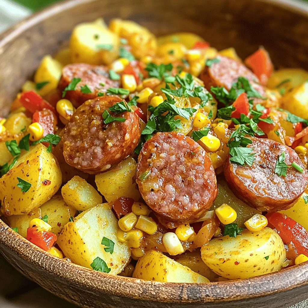 - 1 lb smoked sausage (e.g., Andouille or kielbasa) - 3 medium potatoes, diced - 1 bell pepper, chopped - 1 medium onion, diced - 3 cloves garlic, minced - 1 cup corn (fresh, frozen, or canned) - 2 teaspoons Cajun seasoning - 1 teaspoon paprika - Salt and pepper to taste - 2 tablespoons olive oil - 1 tablespoon fresh parsley, for garnish To create a flavorful Cajun Sausage Potato Skillet, you need some key ingredients. First, choose a smoked sausage. Andouille adds a spicy kick, while kielbasa offers a milder taste. Next, you’ll need potatoes. Diced potatoes give the dish a hearty feel. You can leave the skin on or peel them, depending on your preference. For added color and flavor, include a bell pepper. You can use red or green. Onions and garlic add depth to the dish. The sweetness of onions pairs well with the spice of Cajun seasoning. For a touch of sweetness, corn works perfectly. You can use fresh corn cut from the cob, frozen corn, or canned corn. The seasonings are crucial for flavor. Cajun seasoning and paprika bring warmth and a little heat. Don't forget salt and pepper to enhance the taste. Finally, olive oil helps cook everything evenly and adds richness. A sprinkle of fresh parsley at the end brightens the dish and adds a pop of color. These ingredients come together to create a one-pan meal that is both filling and delicious. Enjoy the vibrant flavors and easy prep! - Rinse and dice the potatoes into bite-sized pieces. - If you use fresh corn, cut the kernels from the cobs. - Heat olive oil in a skillet over medium heat. - Add the sliced sausage and brown for 5-7 minutes, then remove. - Add the remaining olive oil to the skillet. - Cook the onion and bell pepper until soft, about 3-5 minutes. - Incorporate minced garlic and diced potatoes. - Season well with Cajun seasoning, paprika, salt, and pepper. - Cover and cook until tender for about 10-15 minutes. - Add corn and the browned sausage back to the skillet. - Stir and heat for an additional 5 minutes. - Adjust seasoning if necessary. - Garnish with fresh parsley before serving. To get the best results, cut the potatoes into even pieces. This helps them cook at the same rate. If the potatoes stick to the pan, add a splash of water. The steam will help them cook through without burning. This dish shines when served with crusty bread or over rice. The bread soaks up the flavors well. You can also pair it with a fresh green salad to balance the meal. The crunch of the salad adds a nice contrast to the soft potatoes. For best results, use a heavy skillet. A cast-iron skillet works great for even heating. I recommend using a spatula for easy mixing. A sharp knife makes chopping quick and safe. Having a good cutting board can speed up your prep time. {{image_2}} You can change up the veggies in this dish. I love using zucchini or other seasonal vegetables. They add a fresh taste and color. You can also toss in some spinach or kale. These greens boost nutrition and flavor. If you prefer different proteins, try chicken sausage or turkey sausage. They work great as lighter options. For a fun twist, add shrimp for a seafood version. Shrimp cooks quickly and adds a nice touch. Want more heat? Increase the Cajun seasoning to your taste. This will give your meal a nice kick. You can also add hot sauce or chili flakes. This will turn up the spice level even more. Adjust it to fit your heat preference. To store leftovers in the fridge, place them in an airtight container. Make sure the dish has cooled down before sealing. This helps keep the flavors fresh. You can enjoy your Cajun Sausage Potato Skillet for up to three days. Check for any signs of spoilage before eating. If you want to freeze the Cajun Sausage Potato Skillet, let it cool completely first. Use freezer-safe containers or heavy-duty freezer bags for the best results. Label them with the date for easy tracking. This meal can last in the freezer for about three months. When reheating, aim to maintain the dish's texture and flavor. The stove is the best method. Heat on medium-low, stirring often until warmed through. If using a microwave, cover the bowl to keep moisture. Heat in short bursts, stirring in between. This will help avoid dry spots. Yes, you can use many types of sausage. Andouille is great for a classic Cajun flavor. Kielbasa adds a smoky taste. Chicken sausage is a lean option. Turkey sausage works too, if you want a lighter dish. Just choose a sausage that you enjoy. Yes, this recipe is gluten-free. The main ingredients do not contain gluten. Make sure to check the sausage label. Some brands may add gluten. If you want to be sure, use sausage labeled gluten-free. To make it spicier, add more Cajun seasoning. You can also sprinkle in some cayenne pepper. A dash of hot sauce will give extra heat. Taste as you go to find your perfect spice level. Yes, you can make this dish ahead of time. Cook it and let it cool. Store it in the fridge for up to three days. You can also freeze it for up to three months. Just reheat it when you’re ready to eat. This dish pairs well with a fresh green salad. Crusty bread complements the meal nicely. You could also serve it over rice for a filling option. Don't forget to add some fruit for a sweet touch! This recipe combines smoked sausage, potatoes, and vegetables for a tasty meal. You learned how to prepare each ingredient and cook them easily. Customization options, like different proteins and spices, let you adjust the dish to your taste. Proper storage tips ensure you can enjoy leftovers too. Overall, this dish is simple, quick, and bursting with flavor. Enjoy making this Cajun Sausage Potato Skillet for family and friends!