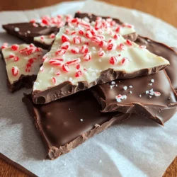 - 2 cups dark chocolate chips - 1 cup white chocolate chips - 1 teaspoon peppermint extract - ½ cup crushed peppermint candies (or candy canes) - Pinch of sea salt The key to great chocolate peppermint bark lies in the right ingredients. I always use high-quality chocolate chips for the best flavor. Dark chocolate brings rich notes, while white chocolate adds sweetness. Peppermint extract gives that fresh taste we all love. Crushed peppermint candies add a nice crunch and visual appeal. A pinch of sea salt balances the sweetness and enhances the flavors. - Nuts (e.g., walnuts, almonds) - Additional flavorings (e.g., vanilla extract) If you want to mix things up, consider adding nuts. Walnuts or almonds work well and add texture. You can also add a splash of vanilla extract to the white chocolate for extra depth. I love to experiment with different add-ins, but the classic recipe is perfect on its own. To start, we will melt the chocolate. For the dark chocolate, grab a microwave-safe bowl. Add 2 cups of dark chocolate chips. Heat it in the microwave. Use 30-second intervals. Stir the chocolate after each interval. This helps it melt smoothly. For the white chocolate, use a separate microwave-safe bowl. Place 1 cup of white chocolate chips in the bowl. Follow the same 30-second heating method. Stir until it becomes smooth and creamy. Now comes the fun part: assembling the bark! First, pour the melted dark chocolate onto a lined baking sheet. Use a spatula to spread it into an even layer. Next, place the baking sheet in the fridge for about 20 minutes. Let that dark chocolate set well. After the dark chocolate has set, it’s time for the white chocolate. Pour the melted white chocolate over the dark layer. Spread it evenly with your spatula. Then, take ½ cup of crushed peppermint candies. Sprinkle them on top of the white chocolate. Press them down gently. This helps them stick to the bark. Let’s talk about setting and serving the bark! After you finish layering, sprinkle a pinch of sea salt on top. This adds great flavor. Now, return the baking sheet to the fridge. Leave it there for another 30 minutes. This gives the bark time to set fully. Once it is set, take it out of the fridge. Break the bark into pieces. You can choose any size you like. Now you can enjoy your tasty chocolate peppermint bark! Choosing the right chocolate makes a big difference. I recommend using high-quality chocolate chips. Dark chocolate chips give a rich taste while white chocolate adds sweetness. Avoid cheap brands, as they may not melt well. To keep your chocolate smooth, avoid seizing. Seizing happens when chocolate gets too hot or comes into contact with water. Always melt chocolate in a dry bowl. Use short bursts in the microwave. Stir after each interval to check for smoothness. Pick a pure peppermint extract for the best taste. A small amount goes a long way. Start with one teaspoon, and taste as you go. You can always add more if needed. Adding a pinch of sea salt is key. It brings out the flavors and balances the sweetness. Just a little sprinkle on top makes a big impact. For serving, break the bark into uneven pieces for a rustic look. This adds charm and makes it easy to share. Arrange pieces on a festive platter for a beautiful display. If you want to gift the bark, package it in clear bags. Tie them with a colorful ribbon for a nice touch. You can also use decorative boxes. This adds a personal feel to your gift. {{image_2}} You can change the type of chocolate in your bark. Milk chocolate is sweeter and creamier. Dark chocolate has a rich, bold taste. A blend of both gives a nice balance. Try mixing equal parts of dark and milk chocolate for a fun twist. This gives you a unique flavor that pleases everyone. You can switch up flavors for different holidays. For Halloween, add orange food coloring and sprinkle black candies. For Easter, use pastel-colored candies or add fruity flavors. If you want a vegan option, use dairy-free chocolate chips. These options let you enjoy bark all year round. Adding mix-ins can make your bark even more special. Dried fruits like cherries or apricots add a chewy texture. You can also add nuts like walnuts or almonds for a crunchy bite. Spices like cinnamon or nutmeg can warm up the flavor. Just a pinch can change the whole taste. This makes your bark unique and fun to eat. To keep your chocolate peppermint bark fresh, store it in an airtight container. This helps prevent moisture and keeps it crisp. I recommend using a container with a tight seal. Place a piece of parchment paper between layers if you stack them. This prevents sticking and damage. Avoid storing the bark in warm or humid areas. Heat can melt the chocolate, and moisture can create a sticky mess. The best place is a cool, dry cupboard or pantry. If your home is warm, the fridge is a safe option. Just be sure to seal it well to avoid moisture. When stored properly, chocolate peppermint bark lasts about two weeks. You can enjoy it fresh for the best taste. After two weeks, the flavor may fade, and the texture can change. Watch for signs of spoilage. If you see white spots or a dull appearance, this may mean the chocolate has bloomed. It’s still safe to eat but may not taste great. If it smells off or has a strange texture, it’s best to toss it out. Yes, you can use chocolate bars. Just chop them into small pieces. This helps them melt evenly. Using bars may give a richer taste. - Tips for using chocolate bars: - Choose good-quality chocolate. - Use a knife to chop the bars into small, even pieces. - Follow the same melting instructions as with chips. Yes, refrigerating is key for good texture. Cooling helps the chocolate set up firm. If you skip this step, the bark may stay too soft. - Importance of cooling for texture: - It allows the layers to bond well. - Proper cooling keeps the bark from melting easily. - A firm bark is easier to break into pieces. You can make this treat your own! Add flavors or swap ingredients. Try different toppings for a unique twist. - Suggestions for personalizing flavors and ingredients: - Use milk chocolate instead of dark. - Add nuts like almonds or walnuts for crunch. - Mix in dried fruits for a chewy surprise. - Change the extract, like using vanilla. You learned how to make delicious chocolate bark with peppermint. Essential ingredients include dark and white chocolate, peppermint extract, and crushed candies. You can add nuts or other flavors to personalize it. Remember to store your bark properly to keep it fresh. Each small tweak can bring a new taste. By exploring variations and mixing in your favorite treats, you can make this treat your own. Now, get creative in your kitchen and enjoy every bite!