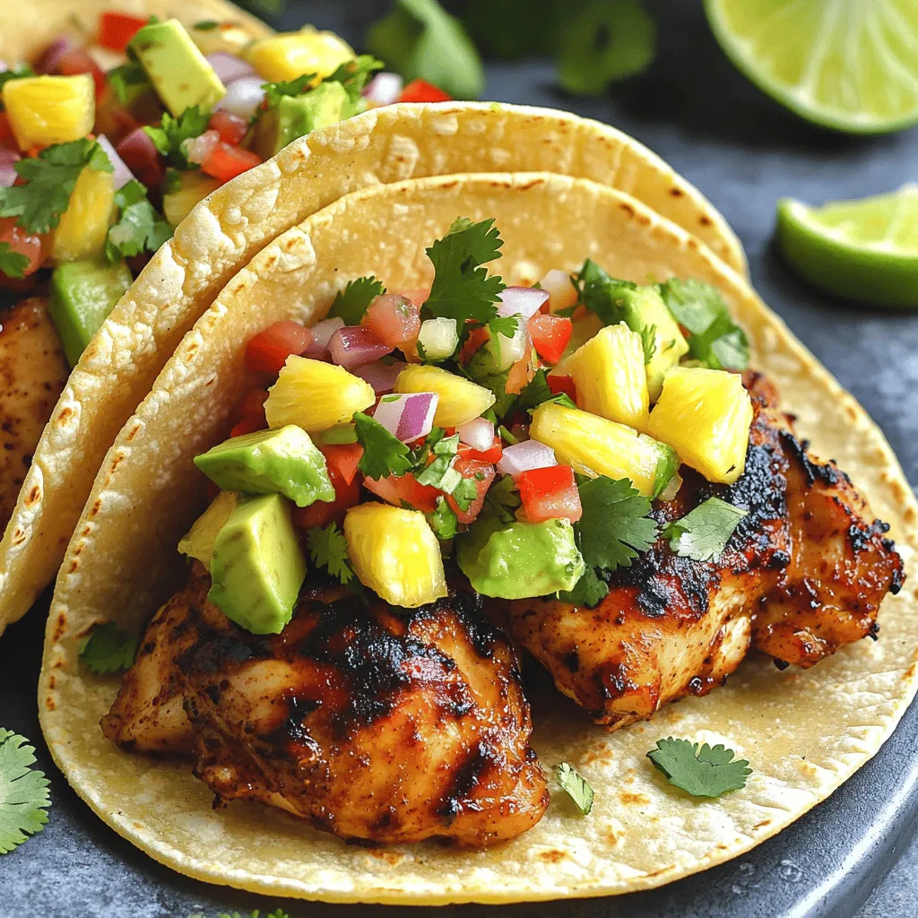 To make these tacos, start with fresh chicken. I use 1 lb of boneless, skinless chicken thighs. They stay juicy and tender. You also need 1 cup of diced pineapple for a sweet touch. Add 1/2 of a thinly sliced red onion for crunch. I like 1 small red bell pepper, sliced, to add color. Finally, grab 1 avocado, sliced, for creaminess. For the jerk chicken, you'll want 2 tablespoons of jerk seasoning. This mix packs a spicy punch. I also use 1 tablespoon of olive oil to help the seasoning stick. A dash of salt and pepper to taste rounds out the flavors. Allow the chicken to marinate for at least 30 minutes to soak up these bold tastes. When it comes to toppings, I recommend 8 small corn tortillas. They hold everything together well. You also need 1/4 cup of fresh cilantro, chopped, for a burst of freshness. Squeeze the juice of 1 lime on top for a zesty kick. These toppings blend nicely with the spicy jerk chicken and sweet salsa. Start by taking 1 lb of boneless, skinless chicken thighs. In a mixing bowl, add 2 tablespoons of jerk seasoning and 1 tablespoon of olive oil. Coat the chicken well with the oil and seasoning. Let it marinate for at least 30 minutes. This step adds great flavor! Next, preheat your grill or skillet over medium-high heat. Once it's hot, place the marinated chicken on the grill. Cook each side for 5-7 minutes. Use a meat thermometer to check that it reaches 165°F (75°C). You want the chicken to be charred and juicy. After cooking, remove the chicken from heat. Let it rest for 5 minutes. This helps keep it moist. Then, slice the chicken into thin strips for the tacos. In a separate bowl, mix 1 cup of diced pineapple, 1/2 sliced red onion, and 1 small sliced red bell pepper. Squeeze the juice of 1 lime over the mixture. Add a pinch of salt and pepper for taste. This salsa will bring freshness to your tacos! Now, you are ready to assemble your delicious tacos! To get the best flavor, marinate the chicken for at least 30 minutes. This time allows the jerk seasoning to soak in. You can marinate longer, even overnight, for a deeper taste. Use a bowl that fits the chicken snugly. Cover it with plastic wrap or a lid. Store it in the fridge to keep it fresh. Always remember to coat the chicken well with olive oil and seasoning. Grilling or pan-searing the chicken gives it a nice char. Preheat your grill or skillet over medium-high heat. This helps to lock in flavors. Cook the chicken for about 5-7 minutes on each side. Check the internal temperature; it should reach 165°F. Let the chicken rest after cooking. This step keeps the juices inside. Then slice it thin for easy taco filling. Presentation makes meals more fun! Arrange the tacos on a large platter. You can stand them upright in a taco holder for a nice touch. Top each taco with fresh pineapple salsa and avocado slices. Sprinkle chopped cilantro over everything for color. Add lime wedges for extra zing. Your tacos will look as good as they taste! {{image_2}} You can swap chicken for other proteins. Try using shrimp for a lighter taco. Grilled pork also works well and adds great flavor. For a beef option, use flank steak seasoned with jerk spices. Each protein changes the taste and texture, but keeps that spicy kick. Salsa adds freshness to your tacos. You can use mango instead of pineapple for a sweet twist. Papaya salsa brings a tropical vibe. If you like heat, add diced jalapeños to your salsa. You can even mix and match fruits for a unique flavor. For a veggie option, use grilled tofu or tempeh. These proteins soak up the jerk seasoning well. You can also fill tacos with black beans and corn for a hearty meal. Don’t forget to add your favorite veggies, like roasted bell peppers or zucchini, for extra taste. To keep your leftover jerk chicken tasty, store it in an airtight container. Place the chicken in the fridge. It stays good for up to three days. Be sure to let it cool before sealing it up. This prevents moisture from building up inside the container. When you reheat jerk chicken, aim for even heating. Use the oven or a skillet for best results. Preheat your oven to 350°F (175°C). Warm the chicken for about 10-15 minutes. If using a skillet, heat it over medium. Add a splash of water or chicken broth to prevent drying out. Cook until hot, but not too long to keep it juicy. Freezing jerk chicken is a great way to save it for later. Place the cooled chicken in a freezer-safe bag. Remove as much air as possible before sealing. It can last for up to three months in the freezer. When ready to eat, thaw the chicken in the fridge overnight. Reheat it as mentioned above for the best flavor and texture. Jerk chicken comes from Jamaica. It started with the Maroons, who were escaped slaves. They used spices and smoke to flavor their meats. The key ingredients are allspice and Scotch bonnet peppers. This style of cooking spread throughout the Caribbean. Now, jerk seasoning is popular worldwide, and you can find it in many dishes. Yes, store-bought jerk seasoning works well. It saves time and is easy to use. Just check the label for quality. Some brands are spicier than others, so pick one that fits your taste. If you want, you can also add fresh herbs for extra flavor. Many side dishes go great with these tacos. Here are some tasty options: - Rice and peas: This classic dish complements the spice of jerk chicken. - Coleslaw: A crunchy slaw adds freshness and balances the heat. - Grilled corn: Sweet corn on the cob is a perfect summer side. - Black beans: They add protein and a nice texture. - Plantains: Fried or baked plantains add sweetness. These sides make your meal even more enjoyable! This blog post covered how to make delicious Jerk Chicken Tacos. We talked about fresh ingredients, seasonings, and toppings. I shared step-by-step instructions for the marinade, cooking, and making fresh salsa. You learned tips for marinating and cooking. We also explored different variations like proteins and salsas. Lastly, I gave storage and reheating advice. Now, you can enjoy tasty tacos at home. Try these tips and make your meal special. Happy cooking!