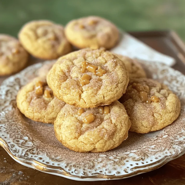 - 2 ¾ cups all-purpose flour - 1 teaspoon baking soda - 2 teaspoons cream of tartar - ½ teaspoon salt - 1 cup unsalted butter, softened - 1 ½ cups sugar, divided - 2 large eggs - 1 teaspoon vanilla extract - ½ cup chewy caramel candies, chopped into small pieces - ¼ cup cinnamon sugar (2 tablespoons sugar mixed with 1 teaspoon cinnamon) You can swap some ingredients if needed. Use: - Coconut oil instead of unsalted butter for a dairy-free option. - Brown sugar instead of white sugar for a deeper flavor. - A mix of gluten-free flour for a gluten-free version. - Applesauce as an egg substitute. Use ¼ cup for each egg. Fresh ingredients make your cookies taste better. Use fresh eggs for fluffiness and good texture. Fresh butter adds richness. Quality flour helps with structure. Fresh spices, like cinnamon, boost flavor. Always check your ingredients before baking. This ensures your cookies turn out perfect every time. First, gather your ingredients. You will need: - 2 ¾ cups all-purpose flour - 1 teaspoon baking soda - 2 teaspoons cream of tartar - ½ teaspoon salt - 1 cup unsalted butter, softened - 1 ½ cups sugar, divided - 2 large eggs - 1 teaspoon vanilla extract - ½ cup chewy caramel candies, chopped into small pieces - ¼ cup cinnamon sugar (2 tablespoons sugar mixed with 1 teaspoon cinnamon) Next, preheat your oven to 350°F (175°C). This step is key! Line two baking sheets with parchment paper to avoid sticking. In a bowl, whisk together the flour, baking soda, cream of tartar, and salt. Set this mix aside. In another bowl, cream the softened butter with 1 cup of sugar until it’s light and fluffy. This makes the cookies soft. Add in the eggs and vanilla extract. Mix until everything is well combined. Gradually add the dry mix to the wet mix. Stir until the dough forms. Finally, fold in the chopped caramel candies. Make sure they are evenly spread out in the dough. Now it’s time to shape the cookies. Use a tablespoon or cookie scoop to portion out the dough. Make balls about 1 inch wide. Roll each ball in the remaining sugar first, then in the cinnamon sugar mixture. This adds great flavor! Place the dough balls about 2 inches apart on your prepared baking sheets. Bake in the oven for 10-12 minutes. Look for lightly golden edges. The centers should still be soft; this is what makes them chewy! Once you remove the cookies from the oven, let them cool on the sheets for 5 minutes. This helps them set up a bit. After that, transfer them to a wire rack to cool completely. For serving, stack the cookies on a nice plate. Sprinkle a little extra cinnamon sugar on top for a fun touch. Serve them warm for the best gooey texture! Enjoy your chewy caramel snickerdoodles! To make your snickerdoodles chewy, use softened butter. It helps create a rich dough. Do not overbake them. Pull them out when the edges are golden but the center looks soft. The cookies will continue to bake a bit after you remove them from the oven. This keeps them moist and chewy. Adding a pinch of sea salt to the dough boosts the flavor. You can also try different spices. A hint of nutmeg can add warmth. Consider using brown sugar for a richer taste, as it adds moisture and boosts the chewiness. Mixing in a bit of vanilla bean paste will heighten the flavor even more. Do not skip the cream of tartar. It gives snickerdoodles their classic tang. Always measure flour correctly. Too much flour can lead to dry cookies. Avoid chilling the dough unless you want thicker cookies. Lastly, be careful not to overmix the dough. This can toughen the cookies. Follow these tips, and you will bake the perfect chewy caramel snickerdoodles! {{image_2}} You can change up your Chewy Caramel Snickerdoodles in many fun ways. Try adding chocolate chips for a richer taste. Mix in some nuts, like pecans or walnuts, for a crunchy bite. Dried fruits can also work well. Think about using raisins or cranberries for a sweet twist. While cinnamon is a classic choice, you can swap it for other spices. Nutmeg adds warmth and depth. Cardamom brings a unique flavor that surprises the taste buds. You might even try pumpkin spice for a seasonal treat. Each spice adds a new layer to your cookies, making them special. If you need a gluten-free version, substitute the flour with a gluten-free blend. Look for one that has xanthan gum for the best texture. For a vegan option, use plant-based butter and flax eggs. Mix one tablespoon of flaxseed meal with three tablespoons of water. Let it sit for five minutes, and it becomes a great egg substitute. Both options still give you that chewy texture and sweet flavor. To keep your chewy caramel snickerdoodles fresh, store them in an airtight container. This helps to lock in moisture and keeps them soft. You can layer parchment paper between the cookies to prevent sticking. Always store them at room temperature for the best texture. Avoid placing them in the fridge, as cold air can dry them out. If you want to save some cookies for later, freezing is a great option. First, let the cookies cool completely. Then, place them in a single layer on a baking sheet. Freeze until solid, about an hour. After that, transfer them to a freezer-safe bag or container. They can last up to three months in the freezer. When you're ready to enjoy, thaw them at room temperature. Chewy caramel snickerdoodles stay fresh for about a week when stored properly. To reheat, simply pop them in the microwave for 10-15 seconds. This warms them up and makes them gooey again. You can also use an oven. Preheat it to 350°F (175°C) and warm the cookies for about 5 minutes. Enjoy them warm for the best taste! To reduce the sweetness, cut back on sugar. Use 1 cup instead of 1 ½ cups. You can also use less caramel. Try adding a pinch of salt to balance flavors. This small change gives you a less sweet cookie while keeping the caramel taste. Yes, you can use regular caramel. However, it will melt more. This can change the cookie's texture. To avoid this, chop the regular caramel into small pieces. Mix them in gently and keep an eye on the baking time. Your cookies might be a bit different but still tasty. If your dough feels too sticky, add a bit of flour. Start with one tablespoon at a time. Mix well after each addition. You want the dough to be soft but not sticky. You can also chill the dough for 30 minutes. This helps make it easier to handle. This blog post covered the key parts of making delicious Chewy Caramel Snickerdoodles. We explored the ingredients and how to replace them if needed. I shared tips for achieving the perfect texture and flavor. You learned how to store your cookies and keep them fresh. Remember, using fresh ingredients makes all the difference. Don’t be afraid to try new flavors or variations. Enjoy baking and sharing these treats with friends and family!