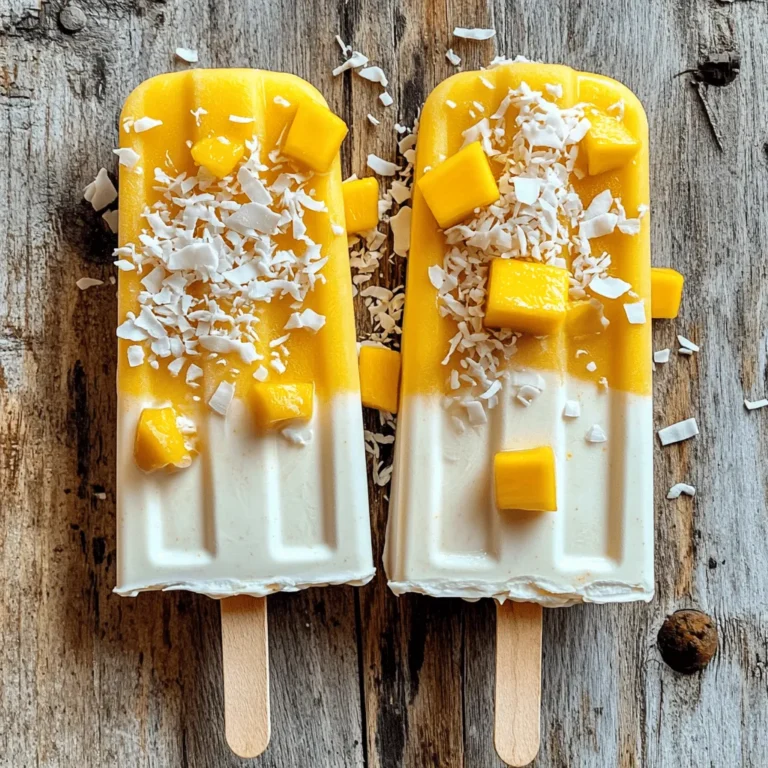 - 2 ripe mangoes, peeled and diced - 1 cup full-fat coconut milk - 1/2 cup Greek yogurt (or dairy-free option) - 2 tablespoons honey or maple syrup - 1 tablespoon lime juice - A pinch of salt - Optional garnishes: Shredded coconut, diced mango For these creamy coconut mango popsicles, I love using ripe mangoes. They bring a sweet and fruity flavor. Make sure to peel and dice the mangoes well. This helps them blend smoothly. I choose full-fat coconut milk for its rich taste. It adds creaminess that makes these popsicles special. If you're looking for a dairy-free option, Greek yogurt works great. You can also find non-dairy yogurt for a vegan treat. Sweetness is key. I use honey or maple syrup, but you can adjust this based on your taste. The lime juice adds a refreshing twist. A pinch of salt helps bring out all the flavors. For a fun touch, you can add shredded coconut or diced mango as garnishes. These extras give texture and make your popsicles look beautiful. Now, let’s get ready to blend these delicious ingredients! To start, you need to peel and dice the mangoes. First, grab a ripe mango. Hold it steady on the cutting board. Use a sharp knife to slice off the sides, avoiding the pit. Once you have the two large pieces, make grid cuts in the mango flesh. Then, scoop the cubes out using a spoon. This method helps you get perfect pieces without waste. Next, measuring the coconut milk and yogurt is easy. Use a liquid measuring cup for the coconut milk. Pour it in slowly to avoid spills. For the yogurt, a dry measuring cup works best. Scoop the yogurt and level it off with a knife for precision. This ensures you get the right amount for creamy popsicles. Now, let’s blend everything together. In a blender, combine the diced mango, coconut milk, yogurt, honey, lime juice, and a pinch of salt. Blend until the mixture is smooth and creamy. You want no chunks of mango left. If you like it sweeter, taste the mixture. Add more honey or syrup if needed. Blend again to mix in any extra sweetness. Pouring the mixture into popsicle molds is fun! Use a ladle or a measuring cup to fill the molds. Leave a little space at the top. This space lets the popsicles expand as they freeze, preventing spills. If you want, sprinkle shredded coconut or small mango pieces into the molds for extra flavor. Now, insert the popsicle sticks. Make sure they stand straight in the mixture. Freeze the molds for at least 4 to 6 hours. This time helps the popsicles become solid and easy to remove. When ready, run warm water over the outside of the molds for a few seconds. This warms the mold and helps release the popsicles easily. Enjoy your creamy coconut mango popsicles! To make your popsicles super creamy, choose full-fat coconut milk. This milk gives a rich and smooth texture. Avoid light coconut milk, as it may not blend well. Use freshly squeezed lime juice for the best flavor. It adds a bright taste that balances the sweetness. A little lime juice goes a long way in enhancing the fruitiness of mango. Get creative with how you enjoy your popsicles. Try dipping them in melted dark chocolate. This adds a fun twist! You can also serve them alongside fresh fruit, like berries or sliced bananas. Pair your popsicles with other desserts. They go well with fruit salad or a scoop of sorbet. Each bite will be a burst of flavor. Enjoy your summer treat! {{image_2}} If you want a dairy-free treat, you can swap Greek yogurt for dairy-free yogurt. Look for brands made from coconut or almond. They provide a creamy texture just like yogurt. For sweeteners, try maple syrup or agave nectar. These plant-based sweeteners add a nice touch to your popsicles. Add spices to make your popsicles more exciting! A dash of cinnamon or ginger adds warmth. You can also mix in other fruits. Pineapple or passion fruit works well for a tropical twist. Try blending in berries for added color and flavor. The options are endless, so feel free to get creative! To keep your creamy coconut mango popsicles fresh, store them in an airtight container. This helps prevent freezer burn and keeps flavors intact. If you use popsicle molds, you can leave them in the molds for easy access. However, transferring them to a container saves space in your freezer. You can wrap popsicles in plastic wrap for added protection. They will stay good for about 3 months in the freezer. Removing popsicles from molds can be tricky. First, run warm water over the outside of the molds for a few seconds. This helps loosen the popsicles. Gently pull on the popsicle stick while twisting the mold slightly. If a popsicle does not come out, return it to the freezer for a few minutes. Be careful not to tug too hard, as this can break the popsicle. Following these steps helps you enjoy your treats without any mess! Yes, you can use frozen mango. Just let it thaw a bit before blending. Frozen mango makes it easier to blend into a smooth mix. It also gives your popsicles a nice chill. This option is great when fresh mango is not in season. These popsicles can last up to three months in the freezer. To keep them fresh, store them in an airtight container. This prevents freezer burn. Enjoy them within this time for the best flavor and texture. Yes, you can skip the yogurt. Just use more coconut milk instead. This will still give you a creamy texture. You may want to add a little extra sweetener to balance the flavor. Many fruits work well with coconut. Pineapple adds a tropical twist. Banana gives a nice creaminess. Berries like strawberries and blueberries add a pop of color and flavor. You can mix and match for fun flavors! To make tasty mango coconut popsicles, you need simple ingredients and easy steps. Start with fresh mangoes and coconut milk, add Greek yogurt, honey, and lime juice. Follow tips to achieve the perfect creaminess and blend until smooth. Freeze in molds and enjoy with creative toppings. Experiment with dairy-free options or fruity mixes for fun twists. Store them properly to keep them fresh longer. Enjoy your homemade treats that are both delightful and simple!