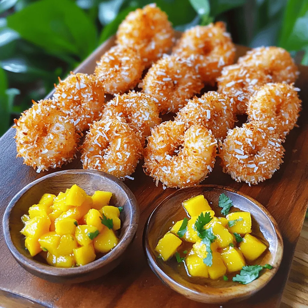 - Shrimp and Breading Ingredients - 1 pound large shrimp, peeled and deveined - 1 cup shredded coconut (sweetened or unsweetened) - 1 cup panko breadcrumbs - 2 eggs, beaten - 1/2 cup all-purpose flour - 1 teaspoon garlic powder - 1/2 teaspoon salt - 1/4 teaspoon black pepper - Mango Sauce Ingredients - 1 ripe mango, peeled and diced - 1 tablespoon honey - 1 lime, juiced - 1 tablespoon fresh cilantro, chopped (optional) - Cooking Oil Specifications - Cooking oil for frying (enough to cover the pan about 1/4 inch deep) These ingredients bring the coconut shrimp to life. The shrimp should be large and fresh. The coconut gives a sweet crunch, and the panko adds a light crispiness. The mango sauce adds a fruity kick that pairs perfectly with the shrimp. Honey and lime juice in the sauce balance flavors beautifully. You can skip cilantro if you prefer a simpler taste. Always choose high-quality oil for frying. This ensures the shrimp fry evenly and taste great. Seasoning the Shrimp First, grab a mixing bowl. Add garlic powder, salt, and black pepper. Mix these well. Now, take your shrimp and toss them in this seasoning. Make sure every shrimp gets coated evenly. Setting Up the Breading Station Next, set up your breading station. Use three shallow dishes. In the first dish, add the all-purpose flour. In the second, pour in the beaten eggs. In the third, combine shredded coconut and panko breadcrumbs. Flour, Egg, and Coconut-Panko Mixture Method Now it's time to coat the shrimp. Start by dipping each shrimp in the flour. Shake off any extra flour. Then, dip it in the egg, coating it well. Finally, roll the shrimp in the coconut-panko mix. Press gently to make sure it sticks. Heating Oil Techniques In a large skillet, pour enough cooking oil to cover the bottom. Aim for about 1/4 inch deep. Heat the oil over medium-high heat. Wait until it shimmers, which means it’s hot enough. Frying Instructions for Perfect Crispiness When the oil is ready, add the breaded shrimp in batches. Fry them for 2-3 minutes on each side. Look for a golden brown color. This means they are crispy and done. Once cooked, place them on a paper towel-lined plate to drain extra oil. Ingredients and Mixing Instructions For the mango sauce, grab a small bowl. Combine diced mango, honey, lime juice, and chopped cilantro if you choose. Mash lightly with a fork. Mix until it’s combined, but keep some chunks for texture. This adds flavor and freshness. Best Shrimp Types to Use For this dish, I recommend using large shrimp. Look for shrimp labeled as "U10" or "16/20." These sizes work best. They are big and juicy, which makes them perfect for frying. Fresh shrimp is best, but frozen shrimp can work too. Just make sure to thaw them properly. Breading Techniques for Optimal Texture To get the best texture, I suggest a three-step breading process. First, coat the shrimp in flour. This helps the egg stick. Next, dip them in beaten eggs. Finally, roll them in the coconut-panko mix. Press gently to ensure even coverage. This method gives the shrimp a crunchy and golden crust when fried. Flavor Variations for the Sauce You can change up the mango sauce easily. Add a pinch of chili powder for heat. If you like a sweet touch, try adding more honey. You can also mix in lime zest for extra flavor. For a tropical twist, add diced pineapple or passion fruit. Serving Suggestions Serve the coconut shrimp on a platter with the mango sauce on the side. You can also add fresh cilantro on top for a pop of color. For extra crunch, include some lime wedges. If you're feeling fancy, serve it alongside a light salad for a complete meal. {{image_2}} You can make coconut shrimp even better with simple swaps. If you need a gluten-free option, replace all-purpose flour with almond flour. You can also use gluten-free panko breadcrumbs for the breading. This keeps the dish tasty and safe for those with gluten issues. Cooking methods can change the final dish. Frying gives a crispy texture but baking is healthier. To bake, preheat your oven to 400°F. Place shrimp on a baking sheet and spray lightly with oil. Bake for 15-20 minutes until golden and crispy. Mango sauce is versatile. You can switch fruits for different tastes. Try using ripe peaches or pineapple. These fruits add a twist while keeping the sauce fresh and fruity. Want some heat? Add diced jalapeños or a dash of cayenne pepper. This will spice up the sauce and balance the sweet mango. Adjust the heat to your liking for a fun kick. Best Practices for Storing Coconut Shrimp To keep your coconut shrimp fresh, place them in an airtight container. Make sure they cool down before sealing. This prevents sogginess. Store them in the fridge for up to three days. For longer storage, consider freezing them. Place the shrimp in a single layer on a baking sheet. Freeze until solid, then transfer them to a freezer bag. They will last for up to three months. Storing Mango Sauce Properly For the mango sauce, use a small airtight container. Keep it in the fridge. The sauce stays fresh for about three days. If you want to keep it longer, freeze it in an ice cube tray. Once frozen, transfer the cubes to a freezer bag. This way, you can use small amounts as needed. How to Reheat for Optimal Crispiness To reheat coconut shrimp, use the oven. Preheat it to 350°F (175°C). Place the shrimp on a baking sheet in a single layer. Heat them for about 10 minutes. This keeps them crisp. Avoid using the microwave, as it makes them soggy. Safe Reheating of Mango Sauce For mango sauce, you can reheat it gently on the stove. Use low heat to warm it up, stirring often. You can also use the microwave. Heat it in short bursts of 10 to 15 seconds, stirring in between. This keeps the sauce smooth and tasty. Can I make this gluten-free? Yes, you can make this dish gluten-free. Use gluten-free flour and gluten-free panko breadcrumbs. These swaps keep the dish tasty and safe for those with gluten sensitivities. How do I know when the shrimp are fully cooked? Shrimp cook quickly. They turn pink and opaque when done. Cook them for about 2-3 minutes on each side. Ensure they are firm to the touch. Overcooked shrimp can become rubbery, so watch them closely. Can I use frozen mango? Yes! Frozen mango works well in the sauce. Just thaw and chop it before mixing. The flavor is still bright and delicious. How long will the mango sauce last in the refrigerator? The mango sauce can last for about 2-3 days in the fridge. Store it in an airtight container. If you notice any changes in color or smell, it’s best to discard it. We’ve covered how to make delicious coconut shrimp with a zesty mango sauce. You learned the ingredients, step-by-step cooking methods, and useful tips for perfecting your dish. Don't forget the variations and storage tips to keep your meal fresh. Enjoy experimenting with flavors and cooking styles, whether you fry or bake. With easy adjustments, this recipe can fit any diet. Now, you have the tools to serve a tasty dish that impresses. Happy cooking!