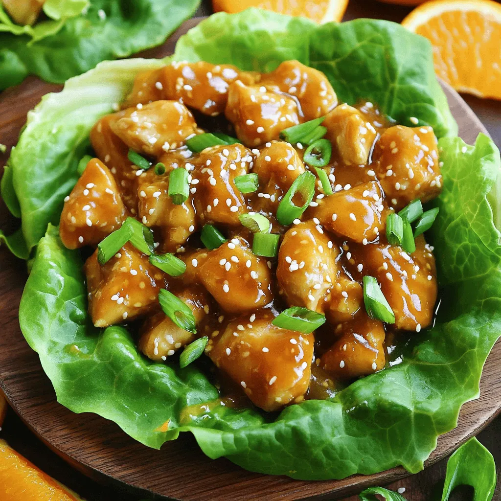For these Better-Than-Takeout Orange Chicken Lettuce Wraps, you will need a few key items: - 1 lb boneless, skinless chicken thighs, diced - 1 cup orange juice (freshly squeezed preferred) - Zest of 1 orange - 3 tablespoons soy sauce - 1 tablespoon hoisin sauce - 1 tablespoon honey - 1 teaspoon grated ginger - 2 cloves garlic, minced - 1 tablespoon rice vinegar - 1 tablespoon sesame oil - Salt and pepper to taste - 2 tablespoons cornstarch - 2 tablespoons vegetable oil - 1 head of butter lettuce or Romaine, leaves separated The chicken thighs are juicy and tender. The orange juice and zest give a fresh flavor. Soy and hoisin sauces add depth. Ginger and garlic bring warmth, while rice vinegar and sesame oil offer a nice tang. To make these wraps even better, try these garnishes: - 1/4 cup green onions, sliced (for garnish) - Sesame seeds (for garnish) Green onions add a nice crunch and fresh taste. Sesame seeds give a lovely look and nutty flavor. You can also add a bit of chopped cilantro for extra freshness. If you want heat, try adding sliced jalapeños. This way, you can create your own flavor twist! First, get your chicken ready. Take 1 pound of boneless, skinless chicken thighs and dice them into small pieces. Place the chicken in a mixing bowl. Now, add 2 tablespoons of cornstarch. Toss the chicken until it is fully coated. This step makes the chicken crispy when cooked. Next, heat 2 tablespoons of vegetable oil in a large skillet over medium-high heat. Once the oil is hot, add the coated chicken. Cook the chicken for about 5 to 7 minutes. Stir it occasionally to ensure even cooking. The chicken should turn golden brown and be fully cooked. Season with salt and pepper to your taste. Now, let’s make the sauce. In a medium bowl, combine 1 cup of freshly squeezed orange juice with the zest of 1 orange. Add 3 tablespoons of soy sauce, 1 tablespoon of hoisin sauce, 1 tablespoon of honey, 1 teaspoon of grated ginger, and 2 cloves of minced garlic. Mix in 1 tablespoon of rice vinegar and 1 tablespoon of sesame oil. Whisk everything together until it is well combined. Pour this sauce over the cooked chicken in the skillet. Stir to coat the chicken evenly. Bring the mixture to a gentle simmer. Cook for an extra 3 to 4 minutes. This allows the sauce to thicken slightly, giving it a rich flavor. Now it’s time to assemble your wraps! Take a large leaf of butter lettuce or Romaine. Spoon a portion of the orange chicken mixture into the center. Top it with sliced green onions and a sprinkle of sesame seeds for extra flavor. Repeat this process with the remaining ingredients. Arrange the filled lettuce wraps on a platter. For a pop of color, serve with wedges of orange on the side. This makes for a beautiful presentation! Enjoy your Better-Than-Takeout Orange Chicken Lettuce Wraps. To make your chicken tender and full of flavor, use boneless, skinless thighs. Dicing them into small pieces helps them cook evenly. Cook the chicken in a hot skillet with vegetable oil. Aim for medium-high heat. This gives a nice brown color and seals in the juices. Cook until the chicken is no longer pink, about 5-7 minutes. You can easily adjust the sweetness of your dish. If you like it sweeter, add more honey. For less sweetness, cut back on the honey. Adding spice can also change the flavor. Try adding a pinch of red pepper flakes or some chopped chili for heat. This will give your wraps a nice kick! Meal prep can save you time. You can dice the chicken and mix the sauce a day ahead. Keep them in the fridge until you’re ready to cook. Making the sauce in advance is also smart. Just mix all the sauce ingredients and store them. This way, you can quickly cook the chicken and add the sauce for a fast meal. {{image_2}} You can switch the chicken for shrimp or tofu to mix things up. Shrimp cooks fast and adds a nice flavor. Just sauté it in the skillet until it turns pink. For tofu, use firm blocks. Press it to remove moisture, then cube it. Sauté until it gets golden. These options make great choices for vegetarians too. Want a twist on the taste? Try adding fruits like pineapple or mango. They bring a sweet kick. You can also add veggies like bell peppers for crunch. Spices like chili flakes or five-spice powder can give it a bold flavor. Adjust these to your liking for a fun change. If you need gluten-free wraps, use tamari instead of soy sauce. This keeps the taste but removes gluten. For a low-carb option, swap lettuce for cabbage leaves. They hold up well and add a nice crunch too. These simple swaps help everyone enjoy the meal! To keep your Orange Chicken Lettuce Wraps fresh, store leftovers properly. First, let the wraps cool to room temperature. Then, place them in an airtight container. They stay good in the fridge for up to three days. If you have extra chicken mixture, store it separately from the lettuce. This helps keep the lettuce crisp. You can also freeze the chicken mixture for later. Use a freezer-safe container or a heavy-duty freezer bag. Make sure to remove as much air as possible. This helps prevent freezer burn. The chicken can last for about three months in the freezer. To reheat, thaw the mixture overnight in the fridge. Then, warm it in a skillet over medium heat until heated through. If you have leftover chicken, get creative! Use it on rice or noodles for a quick meal. You can also add it to salads for some extra protein. Another fun idea is to make sliders with mini buns. Just spoon the chicken mixture onto the bun and add some green onions. Enjoy your tasty leftovers in new ways! Yes, you can use many types of lettuce. Here are some great options: - Butter lettuce: Soft and easy to fold. - Romaine: Crisp and sturdy. - Iceberg: Crunchy and refreshing. - Napa cabbage: Unique and flavorful. Each type adds a different crunch and taste to your wraps. To add spice, consider these ideas: - Red pepper flakes: Sprinkle them in when cooking. - Sriracha: Mix into the sauce for heat. - Fresh jalapeños: Chop and add to the chicken. - Chili garlic sauce: Stir into the sauce for a kick. These options will elevate your dish and add exciting flavors. Pair your wraps with these tasty sides: - Steamed rice: A classic choice that complements the dish. - Quinoa salad: Adds a healthy twist. - Roasted vegetables: Brighten your plate with color and taste. - Asian slaw: A fresh, crunchy side that pairs well. These sides enhance your meal and make it even more enjoyable. This blog post provided a full guide on making delicious orange chicken lettuce wraps. We discussed key ingredients, cooking steps, and helpful tips to ensure great taste. You learned about variations and storage methods for your wraps. In conclusion, these wraps offer fun and flavorful options for meals. Enjoy customizing them to make each bite unique! Try out these techniques and enjoy the process. Your meals can taste amazing with just a little effort.