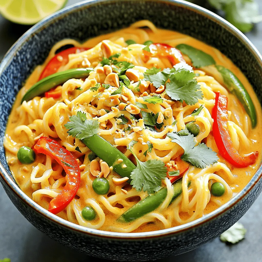 - 200g rice noodles - 1 tablespoon coconut oil - 1 small onion, finely chopped - 2 cloves garlic, minced - 1 tablespoon ginger, grated - 1 red bell pepper, sliced - 1 cup snap peas - 1 can (400ml) coconut milk - 2 tablespoons red curry paste - 3 cups vegetable broth - 2 tablespoons soy sauce - 1 tablespoon lime juice - Fresh cilantro, for garnish - Salt and pepper to taste - Chopped peanuts, for topping (optional) The first step is to gather all your ingredients. This will make cooking easier. Measure out 200 grams of rice noodles. You need one tablespoon of coconut oil to sauté your veggies. Chop one small onion, mince two cloves of garlic, and grate one tablespoon of ginger. Slice one red bell pepper and grab one cup of snap peas. You will also need one can of coconut milk, two tablespoons of red curry paste, and three cups of vegetable broth. Prepare two tablespoons of soy sauce and one tablespoon of lime juice. Lastly, keep fresh cilantro for garnish and have salt and pepper ready for seasoning. You can easily modify this recipe to fit your needs. If you are gluten-free, use rice noodles that are certified gluten-free. For a vegan version, ensure your vegetable broth is plant-based. You can substitute coconut milk with almond or cashew milk, but the flavor will change. If you want more protein, add tofu or chickpeas. For a kick, try adding more red curry paste or a dash of hot sauce. Always remember to adjust seasoning to match your taste. To start, gather all your ingredients. This makes cooking smooth and easy. You will need: - 200g rice noodles - 1 tablespoon coconut oil - 1 small onion, finely chopped - 2 cloves garlic, minced - 1 tablespoon ginger, grated - 1 red bell pepper, sliced - 1 cup snap peas - 1 can (400ml) coconut milk - 2 tablespoons red curry paste - 3 cups vegetable broth - 2 tablespoons soy sauce - 1 tablespoon lime juice - Fresh cilantro, for garnish - Salt and pepper to taste - Chopped peanuts, for topping (optional) Heat a large pot over medium heat and add coconut oil. Once the oil melts, add the onion, garlic, and ginger. Cook for 2-3 minutes until the onion turns soft. Next, add the sliced red bell pepper and snap peas. Stir and cook for another 2-3 minutes until they become tender. Now, it’s time to add flavor. Stir in the red curry paste and cook for 1 minute. This step helps release the spices. After that, pour in the coconut milk and vegetable broth. Mix well and bring the pot to a gentle simmer. Once simmering, add the rice noodles. Make sure they are fully submerged in the liquid. Cook them according to the package instructions, which is usually about 5-7 minutes. Stir occasionally to prevent sticking. When the noodles are tender, stir in soy sauce and lime juice. Taste and add salt and pepper as needed. Remove the pot from heat and let it sit for a couple of minutes. This helps the dish thicken slightly. Serve the noodles hot, topped with fresh cilantro and chopped peanuts if you like. Enjoy your warm and creamy One Pot Thai Coconut Curry Noodles! When making One Pot Thai Coconut Curry Noodles, use a large pot. A wide pot helps heat the noodles evenly. Start by heating coconut oil over medium heat. This oil adds a nice flavor. Sauté the onion, garlic, and ginger first. This builds a great base for your dish. Stir them for 2-3 minutes until soft. Don't rush this step; it brings out the flavors. To boost flavor, use fresh ingredients. Fresh cilantro adds a bright taste. Lime juice gives a nice tang. Red curry paste brings heat and depth. You can adjust the amount based on your taste. For extra crunch, add chopped peanuts on top. If you like it spicy, add more red curry paste. Always taste and adjust salt and pepper as you go. Serve the noodles hot in deep bowls. This helps keep them warm. Garnish with fresh cilantro and peanuts for color and texture. You can pair this dish with lime wedges. They add a fresh kick when squeezed over the top. For a complete meal, serve with a side salad. A light cucumber salad complements the curry well. Enjoy your meal with family or friends for a fun night! {{image_2}} You can easily make this dish vegan. Simply swap the soy sauce for a gluten-free version if needed. Use vegetable broth made from scratch or store-bought. All the other ingredients are plant-based, so you are good to go! To make this dish gluten-free, choose rice noodles. They are naturally gluten-free and work great here. Check your soy sauce for gluten-free options. You can also use tamari, which is a gluten-free soy sauce. Want to spice things up? Add sliced mushrooms, baby corn, or spinach for extra veggies. You can also toss in some lime zest for a fresh kick. If you love heat, sprinkle in some red pepper flakes or add more curry paste. These small changes can boost the flavor and texture of your dish! After you enjoy your One Pot Thai Coconut Curry Noodles, let them cool. Place leftovers in an airtight container. Store the container in the fridge. Make sure to eat them within three days for the best taste. To reheat, take your noodles from the fridge. You can use a microwave or a pot. If using a microwave, heat for one to two minutes. Stir halfway for even warmth. If using a pot, add a splash of water and heat over low. Stir until hot. You can freeze the noodles if you have a lot left. First, let them cool completely. Then, put them in a freezer-safe bag. Try to remove as much air as you can. They last up to three months in the freezer. When ready, thaw in the fridge overnight before reheating. Yes, you can use different noodles. Rice noodles are great, but you can try others too. Egg noodles or udon noodles work well. Just adjust the cooking time based on the type you choose. Make sure they cook until tender and soak up all the tasty sauce. This curry has a mild to medium spice level. The red curry paste adds flavor, but not too much heat. If you want more spice, you can add chili flakes or fresh chili. Taste as you go. You can always add more heat, but it’s hard to take it out. Yes, you can make this dish ahead of time. Cook it fully, then store it in the fridge. When you’re ready, reheat it on the stove. The noodles may soak up some sauce, so add a splash of broth if needed. It tastes great the next day! This post covered key ingredients, easy steps, and helpful tips for your dish. You learned how to measure and prepare ingredients, along with tasty substitutions. I shared techniques to enhance flavor and ideas for serving. You can try variations for different diets and find storage tips. Now, you're ready to create, store, and enjoy your meal. I hope you feel excited to cook!