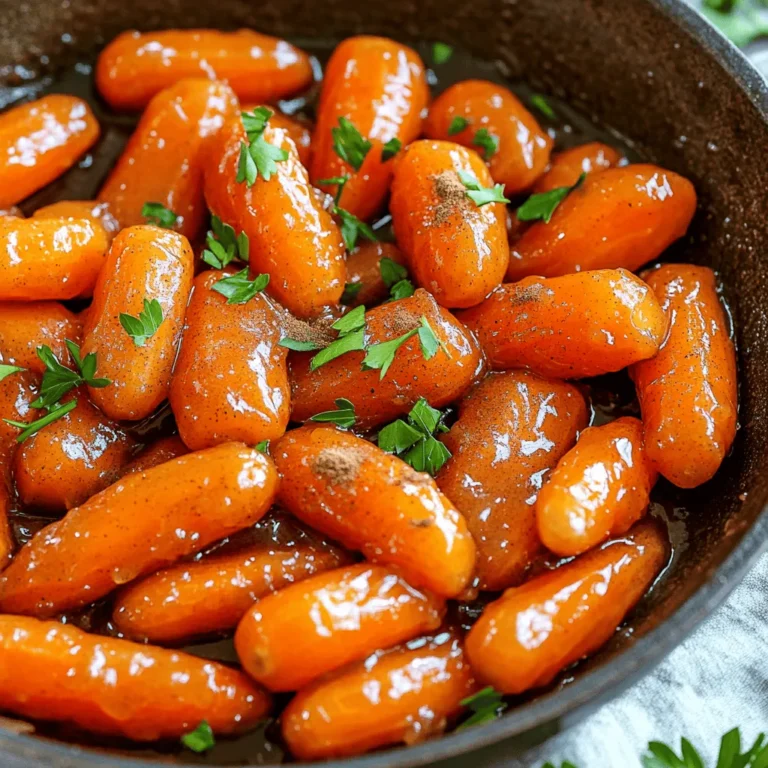 - 1 pound baby carrots (or regular carrots cut into sticks) - 3 tablespoons unsalted butter - 1/4 cup brown sugar The main ingredients make this dish simple and sweet. Baby carrots are tender and cook quickly. If you use regular carrots, just cut them into sticks. Unsalted butter adds rich flavor. The brown sugar gives the carrots their sweet glaze. - 1/2 teaspoon ground cinnamon - 1/4 teaspoon nutmeg - Salt and pepper to taste Spices turn plain carrots into a treat. Ground cinnamon adds warmth. Nutmeg adds a nice touch. Salt and pepper balance the sweetness. These spices make each bite tasty and special. - 1/4 cup vegetable broth or water - Fresh parsley, chopped (for garnish) Liquid helps cook the carrots and form the glaze. Vegetable broth adds depth. If you need a lighter option, use water. Fresh parsley brightens the dish and makes it pretty. It adds color on top of the glazed carrots. 1. Melting the butter: Start by placing a large skillet on medium heat. Add 3 tablespoons of unsalted butter. Watch it melt until it bubbles. The smell will be wonderful! 2. Coating the carrots: Next, add 1 pound of baby carrots to the melted butter. Use a spatula to toss the carrots well. Make sure each carrot gets coated in that tasty butter. 1. Adding spices and sugar: Sprinkle 1/4 cup of brown sugar over the carrots. Then, add 1/2 teaspoon of ground cinnamon and 1/4 teaspoon of nutmeg. Stir everything together so the sugar and spices spread evenly. 2. Incorporating liquid: Now, pour in 1/4 cup of vegetable broth or water. This will help create the glaze. The mixture should start to bubble a little. 1. Simmering covered: Cover the skillet with a lid. Let the carrots simmer for about 10 to 12 minutes. Stir occasionally. Check if they are tender by poking them with a fork. 2. Thickening the glaze: After the carrots are tender, remove the lid. Increase the heat to medium-high. Cook for an extra 3 to 5 minutes. This will help the glaze thicken and caramelize. The carrots will shine with a sweet glaze, ready to serve! To get the perfect glaze, you need to watch the heat. Start with medium heat when melting the butter. After you add the sugar and spices, keep stirring. This helps the sugar dissolve well. When you pour in the broth or water, make sure it simmers. Simmering helps the carrots soak up all those sweet flavors. Stir often as the carrots cook. This keeps them from sticking and helps them cook evenly. If you want to change things up, there are great options. For butter, you can use olive oil or coconut oil. Both will add a nice flavor. If you need a sugar swap, try honey or maple syrup. Both work well and add a unique taste. You can also use other veggies. Try parsnips, sweet potatoes, or even green beans. Each will bring a new twist to your dish. Brown sugar glazed carrots pair well with many proteins. They go great with roasted chicken or grilled pork. You can also serve them with fish for a light meal. When it comes to presentation, use a nice dish. Arrange the carrots in a circle for a pretty look. Sprinkle fresh parsley on top for color. This little touch makes the dish pop. Enjoy your sweet delight! {{image_2}} You can add a kick to your brown sugar glazed carrots. Just sprinkle in some cayenne or chili powder. Start with a pinch, then taste the mix. This twist gives sweet carrots a nice heat that many love. The spicy flavor works well with the brown sugar. It makes a fun change for your taste buds. To bring in fresh flavors, try adding herbs like thyme or rosemary. These herbs complement the sweetness of the carrots. Just chop a small amount and toss it in during cooking. The herbs add a lovely aroma and depth to the dish. This variation is perfect for impressing guests at dinner. If you want a different sweetener, use maple syrup instead of brown sugar. Maple gives a rich flavor that pairs well with carrots. Substitute an equal amount of maple syrup for the brown sugar. This option works great if you love that unique maple taste. Your carrots will have a delightful twist that everyone will enjoy. To store leftover brown sugar glazed carrots, let them cool first. Place them in an airtight container. They will keep well in the fridge for up to four days. Just make sure the lid seals tight to keep them fresh. To reheat glazed carrots, use the microwave or stove. For the microwave, place them in a bowl and cover it. Heat in short bursts, stirring in between, until warm. On the stove, add a splash of water to a pan. Heat over medium until they are hot, stirring gently. This helps keep the glaze nice and sticky. Yes, you can freeze brown sugar glazed carrots! After cooling, place them in a freezer-safe bag or container. They can last for up to three months in the freezer. When you’re ready to eat, thaw them in the fridge overnight before reheating. To make brown sugar glazed carrots, you start by melting butter. Heat a large skillet over medium heat and add 3 tablespoons of unsalted butter. Then, add 1 pound of baby carrots. Toss them in the melted butter until they are well coated. Next, sprinkle 1/4 cup of brown sugar, 1/2 teaspoon of ground cinnamon, and 1/4 teaspoon of nutmeg over the carrots. Stir to combine all the flavors. Pour in 1/4 cup of vegetable broth or water and bring the mixture to a simmer. Cover the skillet and let the carrots cook for 10-12 minutes. Stir them occasionally until they become tender. After that, remove the lid and turn the heat to medium-high. Cook for an additional 3-5 minutes to thicken and caramelize the glaze. Finally, season with salt and pepper to taste. Transfer the glazed carrots to a dish and garnish with fresh parsley. Yes, you can use frozen carrots! They work fine in this recipe. However, they may need a bit more time to cook. Start by adding them to the skillet and follow the same steps. Just keep an eye on them, as frozen carrots may release extra water. Adjust the cooking time until they are tender and glazed. Brown sugar glazed carrots pair well with many dishes. You can serve them alongside roasted chicken or grilled salmon. They also complement pork chops beautifully. For a vegetarian option, try them with quinoa or a fresh salad. The sweet flavor of the carrots adds a nice contrast to savory dishes. This blog post covered making delicious brown sugar glazed carrots. We explored ingredients like carrots, butter, and spices. You learned step-by-step how to prepare and cook the dish. I also shared tips for the perfect glaze and serving ideas. Finally, you discovered variations and storage tips for leftovers. Try this recipe to impress your family and friends. Enjoy the sweet, rich flavor of these glazed carrots!