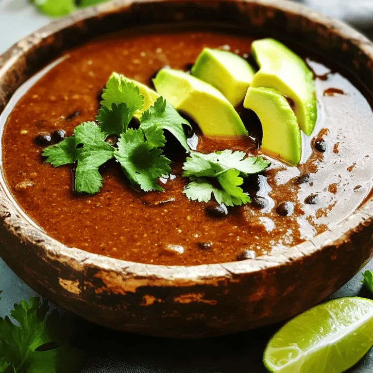 To make Spicy Black Bean Soup, gather these main ingredients: - 2 cans (15 oz each) black beans, drained and rinsed - 1 medium onion, diced - 2 cloves garlic, minced - 1 red bell pepper, diced - 1 jalapeño, finely chopped (seeds removed for less heat) - 1 can (14 oz) diced tomatoes with green chilies - 4 cups vegetable broth - 1 tablespoon olive oil - 1 teaspoon ground cumin - 1 teaspoon smoked paprika - Salt and pepper to taste These ingredients create a rich and hearty base for your soup. Black beans add protein and fiber. The onion and garlic provide depth of flavor. The bell pepper and jalapeño add texture and spice. You can enhance your soup with these tasty toppings: - Fresh cilantro, for garnish - Avocado slices, for topping - Lime wedges, for serving These toppings add freshness and a burst of flavor. Cilantro brings a bright note, while avocado adds creaminess. Lime juice adds a zesty kick that complements the spices. Using a good-quality vegetable broth boosts the soup's flavor. You can choose low-sodium broth to control salt levels. For spices, stick to ground cumin and smoked paprika for warmth. If you like heat, feel free to add hot sauce. Each ingredient plays a role in making your soup flavorful and satisfying. Start by heating olive oil in a large pot over medium heat. Add the diced onion and cook for about 5 minutes. Stir until the onion turns translucent. Then, mix in the minced garlic, diced red bell pepper, and finely chopped jalapeño. Cook for another 2-3 minutes until the veggies soften. Next, sprinkle in the ground cumin and smoked paprika. Stir well to coat the vegetables. Cook this for about 1 minute. The spices will become fragrant and lift the dish's flavor. Now, add the canned black beans and the diced tomatoes with their juices. Pour in 4 cups of vegetable broth. Stir everything together and bring the mixture to a gentle boil. Reduce the heat to low and cover the pot. Let the soup simmer for 20-25 minutes. This allows the flavors to meld together, creating a rich and tasty soup. For a creamy soup, use an immersion blender. Blend about half of the soup right in the pot. If you don't have an immersion blender, carefully transfer half of the soup to a blender. Blend until smooth and pour it back into the pot. Taste the soup now. Adjust the seasoning by adding salt and pepper as needed. If you like it spicier, add a dash of hot sauce for extra heat. Ladle the soup into bowls. Top each bowl with fresh avocado slices and chopped cilantro. Serve with lime wedges on the side. The lime adds a nice zing that brightens the flavors. Enjoy your delicious Spicy Black Bean Soup! To control the heat in your spicy black bean soup, adjust the jalapeño. Remove the seeds for less heat or keep them for more. You can also add hot sauce during cooking to spice it up. Start with a small amount, then add more to taste. Always remember, you can add heat, but you cannot take it away! You will need some basic kitchen tools for this recipe. Here’s what I recommend: - A large pot for cooking the soup - A cutting board and knife for chopping veggies - A wooden spoon for stirring - An immersion blender for a creamy texture (optional) - Measuring cups and spoons for accurate ingredients Want to save time? Use canned black beans to skip cooking them from scratch. Pre-chopped veggies are also a great option if you’re in a hurry. You can prepare the soup in just 30 minutes! For even quicker meals, make a big batch and freeze leftovers for later. {{image_2}} You can easily make this soup vegetarian or vegan. The base is already plant-based. Just use vegetable broth and skip any meat toppings. This way, everyone can enjoy it. Feel free to swap ingredients based on your needs. If you don’t like black beans, try pinto or kidney beans. Prefer a different pepper? Use green bell pepper or poblano for a milder taste. You can also add corn for some sweetness. Adjust the heat to fit your taste. If you like it mild, remove the jalapeño seeds. For more kick, add extra jalapeños or a pinch of cayenne pepper. You can also toss in some chili powder for an added layer of flavor. After enjoying your spicy black bean soup, let it cool completely. Then, pour it into an airtight container. Make sure to seal it well. Store the soup in the fridge. It can last for about 3 to 4 days. When you are ready to enjoy your leftovers, take the soup out of the fridge. Pour it into a pot. Heat it over medium heat. Stir it often to warm it evenly. You can also use a microwave. Place the soup in a microwave-safe bowl. Heat it in short bursts, stirring in between. If you want to keep the soup for a longer time, freezing is a great option. First, let the soup cool. Then, pour it into freezer-safe bags or containers. Leave some space at the top for expansion. Label the bags with the date. You can freeze the soup for up to 3 months. When ready to eat, thaw it in the fridge overnight before reheating. Black beans are full of fiber, which helps digestion. They are also high in protein, making them great for energy. These beans contain iron, which is good for blood health. Plus, they have antioxidants that fight free radicals. Eating black beans can help keep your heart healthy too. Yes, you can make this soup ahead of time. It actually tastes better the next day. Store it in the fridge for up to three days. Just reheat it on the stove when you're ready to eat. To make more soup, simply double the recipe. Use four cans of black beans and eight cups of broth. Adjust the spices and veggies to taste. This way, you can feed a crowd easily. Yes, you can use low-sodium vegetable broth. Also, rinse the beans well to reduce sodium. This keeps the soup healthy without losing flavor. To make it spicier, add more jalapeño or hot sauce. You can also use spicy diced tomatoes. For a milder soup, leave out the jalapeño seeds. You can also reduce the amount of spices used. You learned how to make Spicy Black Bean Soup with easy steps and tips. We explored key ingredients, from beans to spices, and I shared ways to adapt it for your needs. Storing and reheating leftovers can help you enjoy this meal later. Remember to adjust spice levels for your taste. This soup is simple, tasty, and healthy. Enjoy crafting your own unique version!